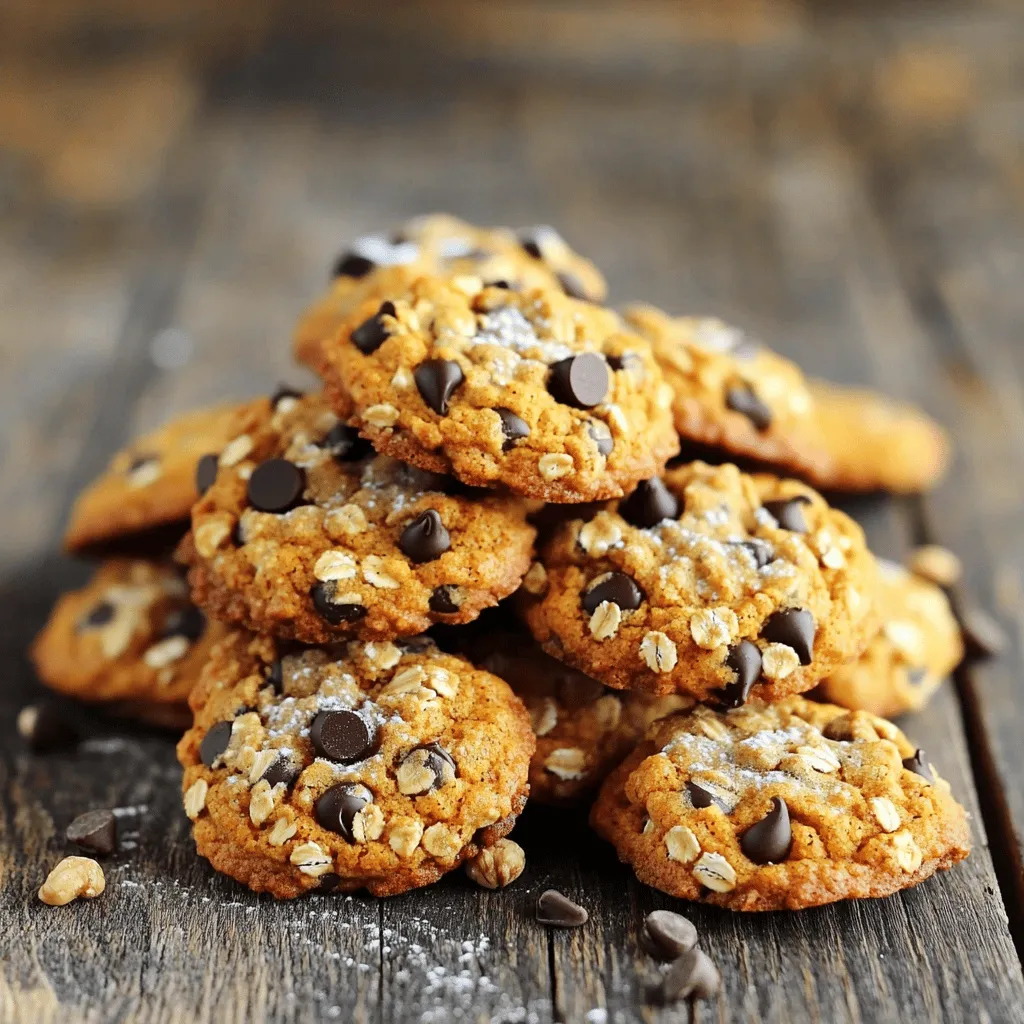 - 1 cup canned pumpkin puree - 1/2 cup packed brown sugar - 1/4 cup granulated sugar - 1/2 cup unsweetened applesauce - 1/2 cup creamy peanut butter or nut-free alternative - 1 teaspoon pure vanilla extract - 1 1/2 cups rolled oats - 1 cup all-purpose flour or gluten-free substitute - 1 teaspoon baking soda - 1 teaspoon pumpkin pie spice - 1/2 teaspoon fine salt - 1 cup chocolate chips (dark or semi-sweet) - 1/2 cup chopped walnuts (optional) Gathering the right ingredients is key to making these cookies shine. I love using canned pumpkin puree because it gives a rich flavor and a great texture. You can find it in most grocery stores. Brown sugar adds moisture and a deep sweetness. Granulated sugar balances it out. Unsweetened applesauce is a fun way to keep cookies moist and healthy. I often use creamy peanut butter for richness, but you can swap it for a nut-free option if needed. Don’t forget the pure vanilla extract! It adds a warm flavor that makes these cookies special. Rolled oats bring a nice chewiness, while flour gives them structure. Baking soda helps cookies rise, and pumpkin pie spice gives a cozy fall flavor. Fine salt enhances all the sweet notes. Lastly, I always add chocolate chips. You can choose dark or semi-sweet, depending on your taste. If you want some extra crunch, toss in chopped walnuts! With these ingredients, you are set for a delightful baking adventure. - Preheat the oven to 350°F (175°C). - Line a baking sheet with parchment paper to prevent sticking. - In a large bowl, mix together: - 1 cup canned pumpkin puree - 1/2 cup packed brown sugar - 1/4 cup granulated sugar - 1/2 cup unsweetened applesauce - 1/2 cup creamy peanut butter (or almond butter) - 1 teaspoon pure vanilla extract - Blend these ingredients until smooth. - In another bowl, whisk together: - 1 1/2 cups rolled oats - 1 cup all-purpose flour (or gluten-free flour) - 1 teaspoon baking soda - 1 teaspoon pumpkin pie spice - 1/2 teaspoon fine salt - Ensure all dry ingredients mix well. - Gradually stir the dry mix into the wet mixture. - Be gentle; overmixing can make the cookies dense. - Carefully fold in: - 1 cup chocolate chips - 1/2 cup chopped walnuts (if using) - Make sure everything is evenly mixed without overworking the dough. - Use a spoon or cookie scoop to drop rounded tablespoons of dough onto the baking sheet. - Space them about 2 inches apart for even baking. - Place the baking sheet in the preheated oven. - Bake for 12-15 minutes. - Check for doneness: the edges should be golden, but centers should be soft. - Remove the sheet from the oven and let the cookies cool for about 5 minutes. - Then, transfer them to a wire rack to cool completely. To make great cookies, do not overmix the dough. Mix until just combined to keep them soft and chewy. For the best chewiness, bake your cookies for 12 to 15 minutes. They should have golden edges but soft centers. For a lovely look, serve cookies with a dusting of powdered sugar. Stack them on a nice plate or in a cute tin. Pair your cookies with warm tea or coffee. This adds to the cozy experience of enjoying your treat. Use parchment paper to line your baking sheet. This prevents cookies from sticking and makes cleanup easy. Space each cookie about 2 inches apart on the sheet. This allows them to spread and stay soft while baking. {{image_4}} You can make these cookies gluten-free easily. Just swap the all-purpose flour for gluten-free flour. Many options exist, like almond or coconut flour. Make sure it is a 1:1 ratio. This keeps the dough soft and chewy. If you need nut-free cookies, use sun butter instead of peanut or almond butter. Sun butter works well and has a similar texture. This keeps the cookies creamy and tasty without nuts. Feel free to play with the flavors in your cookies! You can change the spices if you want. More cinnamon or nutmeg can add warmth. You can also add coconut flakes for a tropical twist. Just make sure to balance the flavors for the best taste. To keep your cookies fresh, store them in an airtight container. Place parchment paper between layers to prevent sticking. This method keeps them soft and tasty. You can store them at room temperature for about four to five days. If you want to keep them longer, the fridge is a good option. They stay fresh there for up to a week. Freezing cookies is easy and great for long-term storage. First, let the cookies cool completely. Then, place them in a single layer on a baking sheet. Freeze them for about an hour. Once frozen, transfer the cookies to a freezer-safe bag or container. Be sure to squeeze out as much air as possible. This helps prevent freezer burn. They can last up to three months in the freezer. When you're ready to enjoy a cookie, take it out and let it thaw at room temperature. For the best texture, you can warm it in the oven at 350°F for a few minutes. This brings back the soft, gooey goodness of your cookies. Enjoy your delicious treat anytime! Yes, you can use fresh pumpkin. To make fresh pumpkin puree, start with a small pumpkin. Cut it in half, remove the seeds, and roast it until soft. Once cool, scoop out the flesh and blend it until smooth. This method gives you a rich flavor. Fresh puree may be a bit watery, so drain any excess liquid before adding it to your mix. Look for golden edges and soft centers. The cookies should puff up a little. If you press gently, they should spring back. They will continue to cook slightly after you take them out. This gives you a chewy texture. Absolutely! You can add different chocolate chips like white or milk chocolate. Dried fruit, like cranberries or raisins, works well too. For a nutty touch, try hazelnuts or pecans. Get creative and make them your own! If you need a substitute, use mashed banana or yogurt. Both add moisture and sweetness. You can also try pureed prunes for a rich taste. These options keep the cookies soft and tasty. We covered a simple and delicious pumpkin cookie recipe, from ingredients to baking tips. You learned how to prep, combine, and bake for amazing results. I shared ways to make them gluten-free or nut-free. With the right storage methods, these cookies will stay fresh. Remember, each bite can shine with your personal touch. Enjoy your baking journey and make these cookies your own!