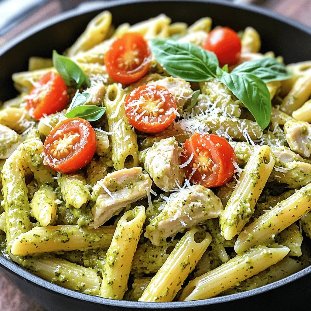 To make this dish, you will need: - 2 tablespoons olive oil - 1 pound boneless, skinless chicken breast, diced - 3 cloves garlic, minced - 1 cup cherry tomatoes, halved - 1 cup chicken broth (low sodium is best) - 1 cup heavy cream - 1 cup basil pesto (store-bought or homemade) - 12 ounces pasta (penne or fusilli) - Salt and black pepper, to taste - Fresh basil leaves, for garnish - Grated Parmesan cheese, for serving You can swap some ingredients to fit your taste: - Use vegetable oil instead of olive oil. - Chicken can be replaced with shrimp or tofu. - Swap cherry tomatoes for diced bell peppers or spinach. - Use vegetable broth for a vegetarian version. - Substitute heavy cream with coconut milk for a lighter dish. - You can try different pasta shapes like spaghetti or fusilli. For added flair and taste, consider these garnishes: - Extra fresh basil leaves for a pop of color. - A drizzle of olive oil for richness. - Toasted pine nuts for crunch. - A sprinkle of red pepper flakes for heat. - Lemon zest for a fresh zing. This dish is all about flavor and simple prep. Enjoy cooking! First, heat 2 tablespoons of olive oil in a large pot over medium heat. Once hot, add 1 pound of diced chicken breast. Season it well with salt and freshly cracked black pepper. Cook the chicken for 5-7 minutes. Stir occasionally until it turns golden brown. When the chicken is cooked through, add 3 cloves of minced garlic. Sauté for about 1 minute until the garlic smells good but does not brown. Next, toss in 1 cup of halved cherry tomatoes. Cook these for 2-3 minutes until they soften and release their juices. After the chicken and tomatoes are ready, pour in 1 cup of low-sodium chicken broth. Turn up the heat to bring the mix to a gentle simmer. Then, add 1 cup of heavy cream and 1 cup of basil pesto. Stir everything together until it becomes creamy and well-mixed. This is where the magic happens, giving your dish a rich flavor. Now, add 12 ounces of your chosen pasta, like penne or fusilli. Make sure the pasta is fully under the sauce. Cover the pot with a lid and cook it on medium heat. Let it simmer for 12-15 minutes, stirring occasionally. This will help the pasta absorb the liquid. When the pasta is al dente, take the pot off the heat. Let it sit for a couple of minutes to thicken. Finally, taste your dish and adjust the seasoning with more salt and pepper if needed. Serve warm, topped with fresh basil leaves and grated Parmesan cheese. Enjoy your delightful meal! To boost the taste of your dish, use fresh herbs. Fresh basil adds a bright flavor. You can also add a squeeze of lemon juice for a zesty kick. A sprinkle of red pepper flakes gives warmth without overpowering the dish. Lastly, try different types of pesto. Sun-dried tomato or arugula pesto can change the flavor profile entirely. Start by boiling your pasta in the same pot as your other ingredients. This helps the pasta soak up all the delicious flavors. Stir the pasta often to prevent sticking. Cook until it’s al dente, which means firm to the bite. This texture ensures your pasta won’t turn mushy. Always taste it a minute or two before the time is up. A large pot or Dutch oven works best for this recipe. It helps evenly distribute heat. A good wooden spoon is great for stirring without scratching your pot. Use a lid to trap steam for faster cooking. Invest in a quality chef’s knife for easy chopping of chicken and veggies. Having these tools makes the cooking process smooth and enjoyable. {{image_4}} If you want to switch up the protein, try shrimp or turkey. Shrimp cooks fast and adds a nice flavor. Turkey breast is lean and works well too. You can also use diced tofu for a tasty twist. Just be sure to cook it until golden brown. To make this dish vegetarian, leave out the chicken. You can add chickpeas or lentils for protein. For a vegan option, swap the heavy cream for coconut milk. Use a vegan pesto and skip the cheese. This keeps the dish rich and creamy without animal products. Adding seasonal veggies can boost flavor and nutrition. In spring, include asparagus or peas for freshness. Summer is great for zucchini and bell peppers. In fall, add butternut squash or kale. These veggies not only add color but also enhance the meal's taste. To keep your One-Pot Creamy Pesto Chicken Pasta fresh, store it in an airtight container. Make sure it cools down to room temperature first. This helps avoid moisture buildup. Properly stored, it lasts in the fridge for about three days. If you want to enjoy it later, consider freezing it. Freezing this dish is easy and smart. Divide the pasta into meal-sized portions. Use freezer-safe containers or bags. Be sure to remove as much air as possible. This helps prevent freezer burn. It can stay frozen for up to three months. When you’re ready to eat, let it thaw in the fridge overnight. To reheat, you have a few options. You can use the microwave or stovetop. If using the microwave, place it in a bowl with a splash of water. Cover it to keep moisture in. Heat in short intervals, stirring often. For the stovetop, add a bit of chicken broth to a pan. Heat over medium until warm, stirring occasionally. This keeps the pasta creamy and delicious. Yes, you can make this dish gluten-free. Use gluten-free pasta made from rice or quinoa. Many brands offer great textures and flavors. Just cook the pasta as you would regular pasta. Check the cooking time, as it may differ. To make the pasta more creamy, add more heavy cream. You can also stir in some cream cheese. Mixing in half-and-half can add creaminess too. Another option is to blend some of the pasta with the sauce for a thicker texture. You can serve this pasta with a fresh salad. A simple green salad works well. Grilled vegetables also make a great side. Garlic bread or crusty rolls are nice choices too. For a fun twist, serve with a light soup. This blog post covered all you need for creating One-Pot Creamy Pesto Chicken Pasta. We explored key ingredients and their substitutes, ensuring flavor and ease. You learned step-by-step instructions for cooking, along with tips to enhance taste and perfect pasta. We also discussed variations, storage, and even answered common questions. In the end, this dish is simple and fun to make. You can easily adjust it to suit your needs. Enjoy your cooking journey!