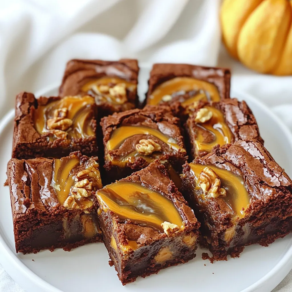 This recipe for caramel swirl pumpkin brownies needs the right mix of ingredients for that perfect taste. Here’s what you will need: - 1 cup all-purpose flour - 1/2 cup unsweetened cocoa powder - 1 teaspoon baking powder - 1/4 teaspoon salt - 1/2 cup unsalted butter, melted and slightly cooled - 1 cup granulated sugar - 2 large eggs, at room temperature - 1 teaspoon pure vanilla extract - 1/2 cup canned pumpkin puree (not pumpkin pie filling) - 1/4 teaspoon pumpkin pie spice - 1/2 cup caramel sauce (store-bought or homemade) - 1/4 cup chopped walnuts or pecans (optional for added crunch) Each ingredient plays a key role. The flour and cocoa powder form the base, giving a rich texture. Baking powder helps the brownies rise. Salt adds depth to the sweetness. Melted butter ensures moisture, while sugar brings balance. Eggs bind everything together, making the brownies fudgy. Vanilla extract adds warmth, and pumpkin puree gives that autumn flavor. Pumpkin pie spice enhances the taste with warmth and sweetness. Caramel sauce creates that delicious swirl, and nuts add a nice crunch. Feel free to adjust the nuts based on your taste. These ingredients combine to create a truly delightful treat! Start by preheating your oven to 350°F (175°C). Grab a 9x9-inch baking pan. Lightly grease it with cooking spray. You can also line it with parchment paper. This step helps with easy removal later. In a medium mixing bowl, add 1 cup of all-purpose flour. Then, mix in 1/2 cup of unsweetened cocoa powder. Next, add 1 teaspoon of baking powder and 1/4 teaspoon of salt. Whisk these dry ingredients together well. Set this bowl aside for now. In a large mixing bowl, pour in 1/2 cup of slightly cooled melted butter. Add 1 cup of granulated sugar. Mix these together until smooth. You can use a whisk or an electric mixer. After that, add 2 large eggs, one at a time. Follow with 1 teaspoon of pure vanilla extract. Beat until everything is blended and smooth. Now it's time to add flavor. Gently fold in 1/2 cup of canned pumpkin puree. Sprinkle in 1/4 teaspoon of pumpkin pie spice. Mix until well combined. Next, take your bowl of dry ingredients. Gradually add it to the wet mixture. Stir gently until just combined. Be careful not to overmix. This keeps your brownies fudgy. Pour the thick brownie batter into your prepared baking pan. Use a spatula to spread it evenly. Smooth out the top so it looks nice. Now, drizzle 1/2 cup of caramel sauce generously over the brownie batter. Grab a knife or a toothpick. Carefully swirl the caramel into the batter. This creates a beautiful marbled effect. If you want, sprinkle 1/4 cup of chopped walnuts or pecans on top. Place the pan in the oven and bake for 25-30 minutes. Check for doneness by inserting a toothpick. It should come out mostly clean. Once baked, let the brownies cool in the pan for at least 15 minutes. If you used parchment paper, lift the brownies out of the pan. Place them on a wire rack to cool completely. Cut them into squares for serving. Enjoy your delicious caramel swirl pumpkin brownies! To get that soft and fudgy texture, do not overmix your batter. Mix the wet and dry ingredients just until combined. This keeps the brownies moist. Use unsalted butter for a rich taste. Melt it until slightly cool before mixing. The right amount of cocoa powder adds a deep flavor. A mix of flour and cocoa gives the brownies their perfect chew. Remember, your baking time is key. Check for doneness with a toothpick; a few crumbs should stick. Swirling caramel can be fun! Pour the caramel sauce over the brownie batter in lines. Use a knife or toothpick to create swirls. Do this gently to avoid mixing it in too much. Aim for a marbled look. Too much mixing will lose that lovely swirl effect. If the caramel is thick, warm it slightly to make it easier to drizzle. The goal is to create a beautiful pattern on top. You can add a twist to these brownies. Chopped walnuts or pecans give a nice crunch. Add them on top before baking for texture. You can also try mixing in chocolate chips for extra sweetness. For a spiced kick, add a pinch of cinnamon or nutmeg. These little changes can make your brownies unique. Experiment with flavors to find what you love! {{image_4}} You can make these brownies gluten-free! Just swap the all-purpose flour for a gluten-free blend. Many blends work well, but look for ones with a good mix of starches and flours. This change keeps the texture soft and fudgy. Want a vegan version? Replace the eggs with flax eggs. Use one tablespoon of ground flaxseed mixed with three tablespoons of water for each egg. Let it sit until it thickens. Swap the butter for coconut oil or a vegan butter substitute. Make sure to check your caramel sauce, too. Some brands are vegan-friendly, or you can make your own! You can play with the flavors in these brownies. Add a pinch of cinnamon or nutmeg for warmth. Try folding in some chocolate chips for extra sweetness. You might even add dried fruit, like cranberries, for a nice contrast. If you like nuts, use pecans or walnuts to add crunch. Each twist can make your brownies unique! To keep your caramel swirl pumpkin brownies fresh, store them in an airtight container. Place a piece of parchment paper between layers to avoid sticking. They stay good at room temperature for about 3 days. You can also refrigerate them for up to a week. Just remember to bring them back to room temperature before serving for the best taste. Freezing brownies is easy and smart. First, let them cool completely. Then, cut them into squares. Wrap each piece in plastic wrap and place them in a freezer-safe bag. This way, you can enjoy them later. They can last up to 3 months in the freezer. When you want to eat one, just take it out and thaw it in the fridge overnight. Reheating brownies is simple and quick. You can use a microwave or an oven. For the microwave, heat one brownie for about 10-15 seconds. If you use the oven, preheat it to 350°F. Place the brownie on a baking sheet and heat for 5-10 minutes. This brings back the gooey texture and warms the caramel. Enjoy them warm for that melty experience! No, you should not use pumpkin pie filling. Pumpkin pie filling has added sugars and spices. This can change the taste and texture of your brownies. Stick to pumpkin puree for the best results. You can test if the brownies are done by using a toothpick. Insert it into the center of the brownies. If it comes out with a few moist crumbs, your brownies are ready. If it comes out wet with batter, they need more time. These brownies go well with whipped cream or vanilla ice cream. A scoop of ice cream adds creaminess. You can also serve them with a drizzle of extra caramel sauce. A sprinkle of nuts on top gives a nice crunch, too. Yes, you can make them ahead of time. Once they cool completely, store them in an airtight container. They will stay fresh for about four days. You can also freeze them for up to three months. Just thaw them in the fridge before serving. These caramel swirl pumpkin brownies combine rich flavors and textures. We started with simple ingredients, then followed easy steps to create a great treat. Remember the tips for perfect texture and creative twists for fun variations. Store them well, and enjoy them fresh or frozen. With these brownies, you can impress your friends and family. So gather your ingredients and get baking! You won't regret it.