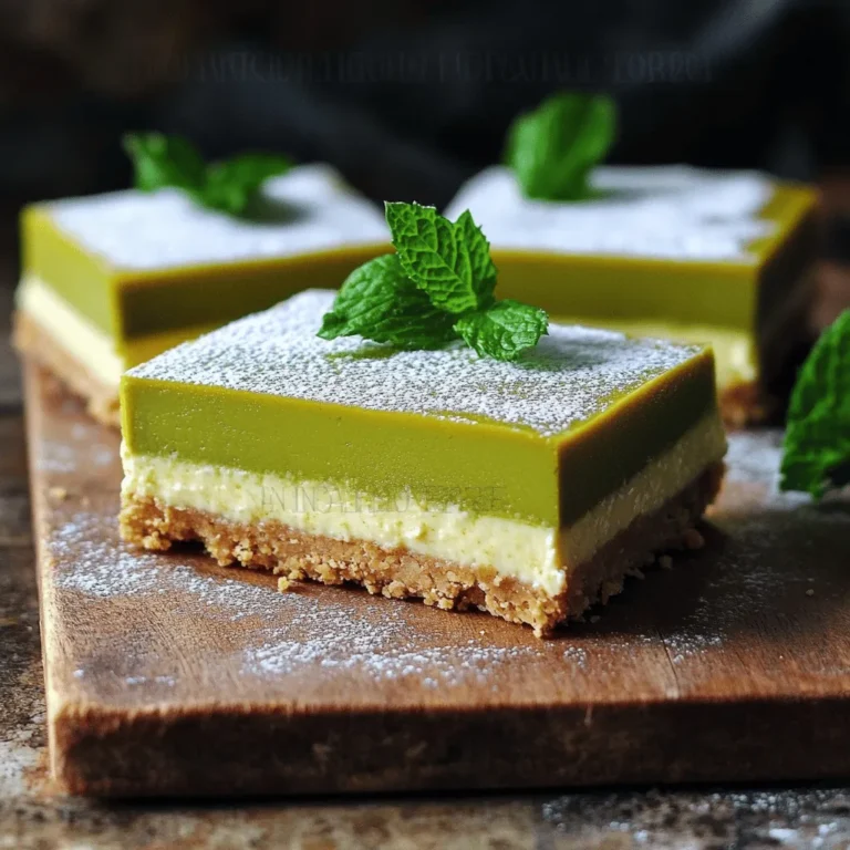 To make No-Bake Matcha Cheesecake Bars, you need the following simple ingredients: - 1 ½ cups almond flour - 1/2 cup coconut oil, melted - 1/4 cup maple syrup - 1 ½ cups cream cheese, softened at room temperature - 1/2 cup Greek yogurt - 1/2 cup powdered sugar - 3 tablespoons culinary matcha powder - 1 teaspoon vanilla extract - Pinch of salt - Fresh mint leaves for garnish (optional) Each ingredient adds to the flavor and texture of the bars. Almond flour gives a nice crunch. Coconut oil makes the crust rich and smooth. Maple syrup adds sweetness and a hint of flavor. Cream cheese and Greek yogurt create a creamy filling. The matcha powder gives the cheesecake its vibrant green color and unique taste. Vanilla extract and salt enhance all these flavors. Finally, fresh mint leaves can add a nice touch when you serve them. Gather these ingredients before you start. This ensures you have everything you need to make these delicious bars. To make the crust, you need three simple ingredients. Grab your almond flour, melted coconut oil, and maple syrup. In a mixing bowl, combine 1 ½ cups almond flour, 1/2 cup coconut oil, and 1/4 cup maple syrup. Mix them until you see a crumbly texture. This is the base of your cheesecake bars. Now, take an 8x8 inch baking pan. Line it with parchment paper. Firmly press your crust mixture into the bottom of the pan. Make sure it is even and compact. This step keeps the bars from falling apart. Then, put the pan in the fridge for about 15 minutes. This helps the crust harden a bit. For the cheesecake filling, you will need more ingredients. Gather 1 ½ cups cream cheese, 1/2 cup Greek yogurt, 1/2 cup powdered sugar, 3 tablespoons culinary matcha powder, 1 teaspoon vanilla extract, and a pinch of salt. In a large bowl, combine all these items. Using an electric mixer, beat the mixture on medium speed. Keep mixing until it is smooth and fluffy. Scrape the bowl's sides as needed. This ensures everything mixes well. The filling should be creamy and light. Once your crust is chilled, it's time to assemble. Carefully pour the matcha cheesecake filling over the crust. Use a spatula to spread it evenly. Make sure the filling covers the crust well. This helps with the look and taste. Next, cover the baking pan with plastic wrap or a lid. Place it in the fridge for at least 4 hours. This allows the cheesecake to set. It will firm up enough to slice into bars later. When ready, you can lift it out using the parchment paper as handles. Slice into squares, and enjoy your delicious treat! To get a smooth and creamy texture, start with softened cream cheese. Take it out of the fridge at least 30 minutes before mixing. This helps it blend well. If you skip this step, your batter may be lumpy. When mixing, use an electric mixer on medium speed. This ensures all ingredients blend evenly. Scrape down the bowl's sides often. This way, no cream cheese or matcha gets left behind. If you want to change the sweetness, try using less maple syrup. You can also add more powdered sugar for a sweeter taste. Adjust it to fit your preference. For matcha intensity, start with the suggested amount. Taste the filling as you mix. If you want a bolder flavor, add more matcha powder gradually. For a stunning presentation, arrange the bars on a colorful platter. Drizzle extra maple syrup or matcha on top. This adds flair and makes your dessert look gourmet. Pair these bars with a refreshing drink. Green tea or coconut water works well. This balance of flavors enhances your treat and makes it even more enjoyable. {{image_4}} You can change the crust to fit your taste. If you want a different flavor, try using other nut flours, like hazelnut or cashew. These options can add a unique twist. You can also mix in spices. A pinch of cinnamon adds warmth. Cocoa powder gives a chocolatey hint. Both spices mix well with matcha. Fruits can make your cheesecake bars even better. Sliced strawberries or mangoes can add a fresh taste. You can fold them into the cheesecake filling or place them on top. For another twist, try different extracts. Almond or coconut extract can bring new flavors to your bars. Just make sure to adjust the amount so the matcha shines through. If you want to make this recipe vegan-friendly, swap the cream cheese for a vegan cream cheese. You can also use coconut yogurt instead of Greek yogurt. For sweetening, opt for agave syrup or a plant-based sweetener. To make it gluten-free, ensure your nut flour and any other ingredients are certified gluten-free. These adjustments help everyone enjoy this tasty treat. To keep your no-bake matcha cheesecake bars fresh, store them in the fridge. Use an airtight container to prevent them from drying out. This method keeps the bars tasty for several days. If you want to save them for longer, you can freeze them. Just wrap each bar in plastic wrap and then place them in a freezer-safe bag. This helps keep the flavor and texture intact. These delicious bars can stay fresh in the fridge for about 5 days. If frozen, they can last up to 2 months. Be on the lookout for signs of spoilage. If you see any mold or the bars smell off, it’s best to toss them out. Enjoy your sweet treat while it’s fresh for the best flavor! Yes, you can make these bars a day or two ahead. They store well in the fridge. Just cover them tightly with plastic wrap to keep them fresh. This way, you can enjoy them whenever you want! If you don’t have Greek yogurt, use regular yogurt. You can also try sour cream or silken tofu for a dairy-free option. Both will give you a creamy texture that works great in the recipe. The cheesecake is set when it feels firm to the touch. You can gently press the top with your finger. If it springs back, it’s ready. It should also hold its shape when sliced. Yes! You can use cashew cream cheese or any store-bought vegan cream cheese. These options will give you that creamy texture without dairy. Just make sure to check the flavor for balance. This recipe for No-Bake Matcha Cheesecake Bars is simple and fun. We covered the easy steps to make a great crust and creamy filling. I shared helpful tips to get the right texture and flavor. You can also explore different variations based on your taste. With the right storage, these bars can last and stay fresh. Get creative and enjoy this tasty treat anytime you want!
