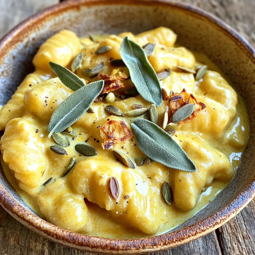 To make creamy pumpkin sage gnocchi, you'll need a few simple ingredients. Here’s what you should gather: - 1 pound store-bought gnocchi - 1 cup pure pumpkin puree (canned or fresh) - 1 cup heavy cream - 1/2 cup freshly grated Parmesan cheese - 2 tablespoons unsalted butter - 2 cloves garlic, finely minced - 10 fresh sage leaves, finely chopped - 1/2 teaspoon freshly grated nutmeg - Salt and freshly ground black pepper to taste - Toasted pumpkin seeds for garnish (optional) These ingredients create a rich and creamy sauce that pairs well with the soft gnocchi. The pumpkin gives a warm, earthy flavor, while the sage adds a nice touch of freshness. The Parmesan cheese makes the sauce extra smooth and cheesy. Using store-bought gnocchi saves time, but you can make your own if you prefer. The heavy cream ensures the sauce stays creamy. If you can find fresh sage, it will elevate your dish. Don’t forget the nutmeg; it adds a warm spice that enhances the pumpkin flavor. Gather these items, and you are ready to cook a delicious fall dish! Start by bringing a large pot of salted water to a boil. You want the water to be bubbling vigorously. Once boiling, add 1 pound of store-bought gnocchi. Cook them for about 2-3 minutes. You know they are done when they float to the surface. This means they are ready. Carefully drain them and set aside. Next, grab a large skillet and set it over medium heat. Add 2 tablespoons of unsalted butter and let it melt until it foams. Then, stir in 2 cloves of finely minced garlic and 10 chopped fresh sage leaves. Sauté this mix for 1-2 minutes. You want to smell that fragrant garlic and crisp sage. Now, gradually add 1 cup of pure pumpkin puree and 1 cup of heavy cream to the skillet. Stir well and bring the sauce to a gentle simmer. This helps all the flavors blend nicely. It’s time to bring it all together. Carefully fold the drained gnocchi into the pumpkin sauce. Make sure each piece gets coated with that creamy goodness. Cook for an extra 2-3 minutes. Stir gently to heat everything evenly. You want every bite to be warm and flavorful. Enjoy the delightful smell filling your kitchen! - Proper boiling and treating gnocchi: Start with a large pot of salted water. Wait for a rolling boil before adding the gnocchi. They usually float when ready, which takes about 2-3 minutes. Be gentle when draining to keep them intact. - Avoiding overcooking the sauce: Cook the sauce on medium heat. Once you add the cream and pumpkin, keep an eye on it. Stir gently and let it simmer. Avoid boiling, as this can change the sauce's texture. - Garnishing ideas for the final dish: For a beautiful touch, sprinkle freshly cracked black pepper and more grated Parmesan on top. You can also add toasted pumpkin seeds for crunch and flavor. - Elevating flavor and appearance: A light drizzle of olive oil adds shine and richness. This simple step makes the dish look fancy and taste even better. - Issues with sauce consistency: If your sauce is too thick, add a splash of water or broth. If it's too thin, let it simmer longer to thicken. - Overcooking gnocchi and sauce: Overcooked gnocchi turns mushy. Keep an eye on them while cooking. For the sauce, simmer it gently, as high heat can change the creaminess. {{image_4}} If you want to change things up, try swapping heavy cream with almond milk. This makes the dish lighter but still creamy. You can also use Greek yogurt for a tangy twist. For cheese, instead of Parmesan, you can use pecorino or even goat cheese. Each offers a unique flavor that can change the dish significantly. To boost the taste, consider adding thyme or rosemary. These herbs pair well with pumpkin and sage. Just chop them finely and mix them in when you add the garlic. If you want more protein, try adding cooked chicken or sausage. This makes the dish heartier. Shrimp also works great if you want seafood. In fall, add roasted Brussels sprouts or butternut squash for extra veggies. They add great flavor and texture. If it's a holiday, consider mixing in cranberries for a sweet touch. For special occasions, you can top with crispy pancetta or fried sage leaves. This adds crunch and a burst of flavor that is sure to impress your guests. To keep leftovers fresh, store them in an airtight container. Place the container in the fridge right away. The gnocchi will stay good for about three days. After that, the sauce may lose its creaminess and flavor. When reheating gnocchi, use a skillet over medium heat. Add a splash of cream or broth to help the sauce. Stir gently until everything is warm. This keeps the sauce creamy. You can also use a microwave, but be cautious. Heat it in short bursts and stir in between. This way, you avoid overcooking. You can freeze the gnocchi, but the sauce is best fresh. If you freeze it, the texture may change. To freeze, place the cooled dish in a freezer-safe container. It lasts up to three months. To thaw, move it to the fridge overnight. Reheat it slowly on the stove with a splash of cream. This helps bring back the creamy texture. Gnocchi is a type of pasta. It is often made from potatoes, flour, and eggs. The dough is rolled and cut into small pieces. Some gnocchi uses ricotta cheese or semolina flour. You can find different types in stores, but potato gnocchi is the most common. Yes, you can use homemade gnocchi. Making it at home lets you control the flavors and texture. Homemade gnocchi is often softer and lighter. To make it, boil potatoes until soft. Then, mash them and mix in flour and egg. Roll the dough, cut into pieces, and form into small dumplings. You can cook them in the same way as store-bought gnocchi. To make this dish vegetarian, focus on the ingredients. You can skip any meat-based products. Use vegetable broth instead of chicken broth if needed. Ensure your cheese is made without animal rennet. You can replace butter with olive oil for a vegan option. Add more veggies like spinach or mushrooms for extra flavor. This recipe combines store-bought gnocchi with rich pumpkin sauce for a simple, tasty dish. I shared tips for cooking, serving, and avoiding common mistakes. You can customize this meal with different herbs or proteins. Whether for a busy weeknight or a special occasion, this dish shines. Remember to store leftovers properly and use reheating techniques to keep it creamy. Enjoy your culinary journey with this delightful meal!