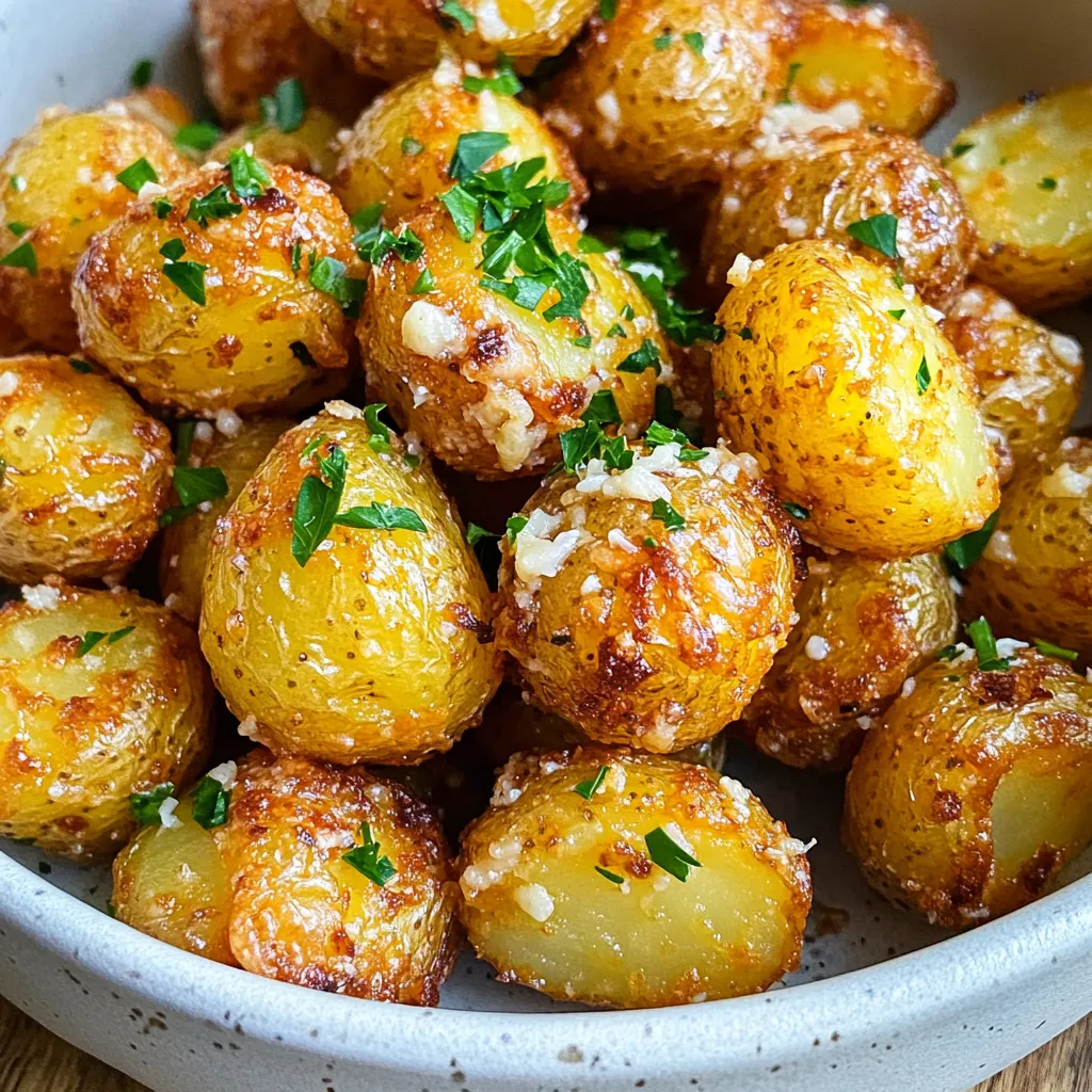 - 2 cups baby potatoes, halved - 3 tablespoons extra virgin olive oil - 4 cloves garlic, finely minced - 1 teaspoon dried oregano - ½ teaspoon smoked paprika - ½ cup freshly grated Parmesan cheese - Sea salt and freshly ground black pepper, to taste - Fresh parsley, finely chopped (for garnish) Baby potatoes are best for this recipe. They cook evenly and stay tender. Use fresh garlic for a strong flavor. Smoked paprika adds a nice depth. Freshly grated Parmesan melts better than pre-grated cheese. Always season with sea salt and black pepper to enhance taste. You need an air fryer for cooking these potato bites. A mixing bowl helps combine the ingredients well. Use a sharp knife for halving the potatoes and mincing the garlic. A spatula is handy for tossing the mix evenly. A measuring spoon ensures accurate ingredient amounts. First, preheat your air fryer to 400°F (200°C). This takes about 5 minutes. While it heats, prepare the potatoes. Take 2 cups of baby potatoes and cut them in half. Place them into a large mixing bowl. Add 3 tablespoons of extra virgin olive oil to the bowl. Next, add 4 cloves of finely minced garlic. Sprinkle in 1 teaspoon of dried oregano and ½ teaspoon of smoked paprika. Finally, add sea salt and black pepper to taste. Toss everything together until each potato is well coated. Once mixed, sprinkle ½ cup of freshly grated Parmesan cheese over the potatoes. Gently toss again to ensure the cheese sticks to the potatoes. Now, it’s time to cook! Carefully place the seasoned potato bites in the air fryer basket. Make sure they are in a single layer. Avoid overcrowding the basket so air can flow freely. If you have too many, cook them in batches. Cook the potato bites for 15-18 minutes. At the halfway point, shake the basket gently. This helps them cook evenly. Watch closely until they turn a lovely golden brown and crisp up nicely. For the best results, follow these tips. First, always preheat your air fryer. This helps create a hot environment. Second, don’t stack the potatoes. Single layers allow hot air to circulate. Third, shake the basket midway through cooking. This moves the potatoes around and helps them crisp up on all sides. Lastly, keep an eye on them. Cooking times can vary based on the air fryer model. Enjoy your perfectly crispy garlic Parmesan potato bites! To boost flavor, always use fresh garlic. Fresh garlic gives a strong taste that dried garlic lacks. Also, try adding herbs like thyme or rosemary for extra depth. Adjust sea salt and black pepper to your liking. Taste as you go! For the best crispiness, don’t overcrowd the air fryer. Cook in batches if needed. This allows hot air to circulate around each potato bite. Shake the basket halfway through cooking. This helps them cook evenly and get nice and crispy. Avoid using too much olive oil; it can make the bites greasy. Make sure all potatoes are cut to the same size. This ensures they cook evenly. Lastly, don’t skip the preheating step. A hot air fryer cooks better and faster! {{image_4}} You can change up the flavor of your potato bites. Try using different spices like garlic powder, onion powder, or chili flakes for a kick. Instead of oregano, mix in thyme or rosemary for a fresh taste. Cheese is also fun to swap. You can use cheddar, mozzarella, or even feta cheese for a different twist. Each option brings a unique flavor to your dish. If you need a dairy-free option, try using nutritional yeast instead of Parmesan. This gives a cheesy taste without the dairy. For oil-free cooking, you can skip the olive oil. Just use a splash of vegetable broth to coat the potatoes. If you need gluten-free options, rest easy. The recipe is naturally gluten-free since it doesn't use any flour. While baby potatoes are perfect, you can use other types. Russet potatoes yield a fluffy texture. Yukon Gold potatoes offer a creamy taste. If you want bite-sized pieces, cut larger potatoes into smaller chunks. Sweet potatoes also work great. They add a nice sweetness and pair well with garlic and cheese. Just adjust the cooking time, as sweet potatoes may take a bit longer to cook. To keep your potato bites fresh, store them in an airtight container. Make sure they cool down first. Place them in the fridge for up to three days. This keeps them crispy when you reheat them. To reheat, use the air fryer again. Preheat it to 350°F (175°C). Place the potato bites in a single layer. Cook for about 5 to 7 minutes. This helps them regain their crispiness. You can also use a microwave but it may make them soft. You can freeze your potato bites for later. After cooking, let them cool. Then, place them in a freezer-safe bag. They can last for up to three months. When you want to eat them, just air fry them straight from the freezer. Cook them for about 10 to 12 minutes at 400°F (200°C). Enjoy them as if they were fresh! Yes, you can make these potato bites in the oven. Preheat your oven to 425°F (220°C). Toss the potatoes with oil and seasonings as usual. Spread them on a baking sheet in a single layer. Bake for 25-30 minutes, flipping halfway through. They will still be tasty, but may not be as crispy. Cook the potato bites in the air fryer for 15-18 minutes. Shake the basket halfway through to ensure even cooking. Keep a close watch near the end. You want them golden brown and crispy. These potato bites pair well with many dishes. Serve them as an appetizer with dipping sauces like ranch or garlic aioli. They also go great with grilled meats or salads. Try them alongside burgers or as a side for your favorite sandwich. Yes! You can use other vegetables like sweet potatoes, carrots, or zucchini. Adjust the cooking time based on the vegetable you choose. Just cut them into similar-sized pieces for even cooking. Enjoy experimenting with different flavors! This blog covered everything you need for perfect air fryer potato bites. We went over the ingredients, steps, and tips to enhance flavor. You learned about storage options and how to avoid common mistakes. Remember, you can get creative with seasonings and types of potatoes. Try different vegetables too! With these ideas, you will impress everyone with your dish. Enjoy your cooking and happy munching on those crispy bites!