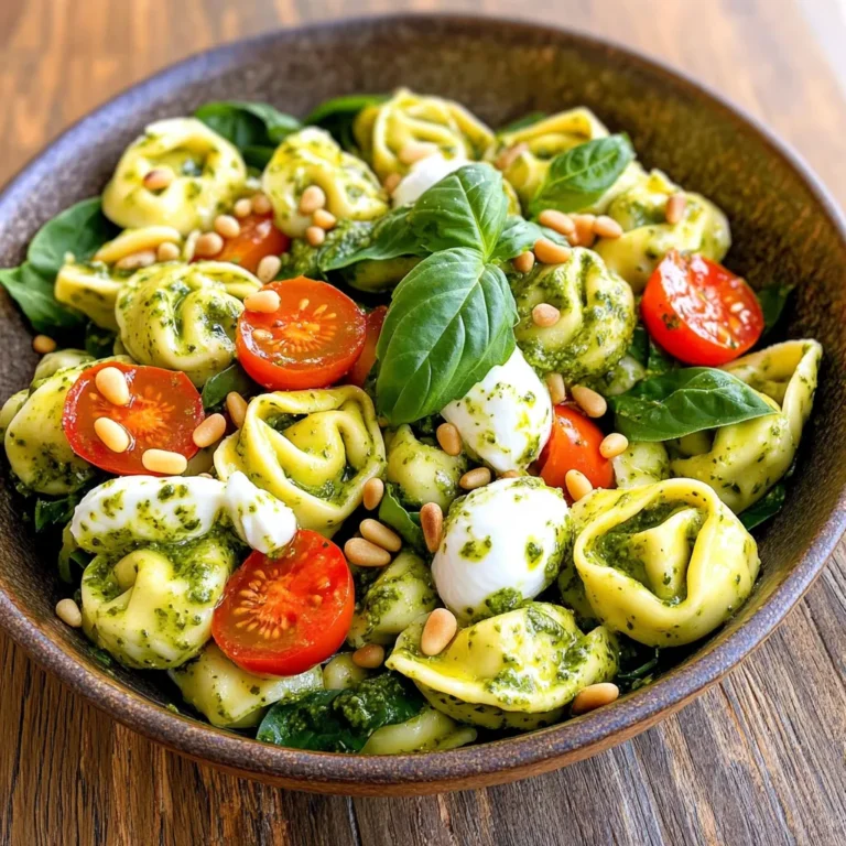 - 12 oz cheese tortellini - 1 cup cherry tomatoes, halved - 1 cup fresh baby spinach - 1/2 cup mozzarella balls, halved - 1/4 cup pine nuts, toasted - 1/2 cup basil pesto - 1/4 cup sour cream - 2 tablespoons extra virgin olive oil - Salt and freshly cracked pepper to taste In this creamy pesto tortellini salad, the main ingredients shine through. First, cheese tortellini brings a rich and hearty base. I love using fresh, al dente tortellini, as it adds great texture. Then, I add cherry tomatoes for a burst of sweetness. Their vibrant color also makes the dish pop. Fresh baby spinach adds a lovely green touch, giving crunch and nutrients. For additional flavor, I include mozzarella balls. These little bites of cheese are soft and creamy. Toasted pine nuts bring a nutty crunch, enhancing the salad's texture. The star of the show is basil pesto. Its fresh, herbaceous flavor ties everything together beautifully. To dress the salad, I mix sour cream and extra virgin olive oil. This creates a creamy base that coats the tortellini well. I season it with salt and freshly cracked pepper for a balanced taste. Together, these ingredients make a quick and tasty dish that’s perfect for any occasion. First, boil water in a large pot. Add the cheese tortellini to the water. Cook them according to the package instructions until they are al dente. This usually takes about 3 to 5 minutes. Once cooked, drain the tortellini in a colander. Rinse them gently under cold water to stop the cooking. Let them cool completely before using. In a big mixing bowl, add the basil pesto, sour cream, and extra virgin olive oil. Use a whisk to blend these ingredients well. Mix until the sauce is smooth and creamy. The goal is to get a nice, thick consistency that will coat the tortellini perfectly. Now, carefully add the cooled tortellini to the bowl with the sauce. Gently toss the tortellini so that each piece is covered in the creamy pesto. Next, add in the halved cherry tomatoes, baby spinach, mozzarella balls, and toasted pine nuts. Stir the mixture gently to combine everything well without breaking the tortellini. Taste the salad and season it with salt and freshly cracked pepper. Make sure to mix the seasoning evenly throughout the dish. Once seasoned, cover the bowl with plastic wrap or a lid. Place the salad in the fridge for at least 30 minutes. This chilling time helps all the flavors come together. Before serving, give the salad a light toss and check the seasoning again. Adjust if needed. Enjoy! - To cook tortellini al dente, boil it according to the package guide. This keeps it firm and chewy. - Chilling the salad for 30 minutes is key. It allows the flavors to blend nicely. - You can choose any pesto you like. Try sun-dried tomato or spinach pesto for a twist. - Add grilled chicken or olives for extra taste and nutrition. These variations make the salad even better. - Serve the salad in pretty bowls or on colorful plates. This makes it look inviting and fun. - Garnish with fresh basil leaves and toasted pine nuts. They’ll add color and crunch to your dish. {{image_4}} If you need gluten-free options, look for gluten-free tortellini. Many brands make great pasta that holds up well. For a vegan twist, you can try chickpea or lentil pasta. This keeps the dish hearty and satisfying. You can also substitute the cheese tortellini with a plant-based version, available in many stores. Boost the salad by adding proteins like grilled chicken or shrimp. This makes it more filling. You can also mix in different vegetables, such as bell peppers or cucumbers. These add crunch and color, making your salad more fun. Fresh herbs like parsley or cilantro can also brighten the dish. While the creamy pesto dressing is delicious, you can switch it up. Try a light vinaigrette for a tangy flavor. A yogurt-based dressing adds creaminess with less fat. Experimenting with different dressings can keep this salad fresh and exciting every time you make it. To store leftover salad, place it in an airtight container. This keeps it fresh and tasty. You can also cover the bowl with plastic wrap. It helps prevent the salad from drying out. For the best taste, eat the salad within three days. I do not recommend freezing tortellini salad. Freezing can change the texture of the tortellini and fresh veggies. If you must freeze it, pack it in a freezer-safe bag. Remove as much air as possible. When you thaw it, do so in the fridge overnight. This will help keep it safe and tasty. Understanding how long ingredients last is key. Fresh veggies like spinach spoil faster than pasta. If the salad starts to smell sour or looks slimy, it’s time to toss it. Always check for mold or any off colors. If you see these signs, do not eat the salad. Creamy Pesto Tortellini Salad can last for about 3 to 5 days in the fridge. To keep it fresh, store it in an airtight container. This helps prevent it from absorbing other smells and flavors in your fridge. Yes, you can make this salad ahead of time. I often prepare it a day in advance. Just mix all the ingredients and chill it. This allows the flavors to blend well. Remember to taste and adjust the seasoning before serving. If you need a substitute for sour cream, several options work well. You can use Greek yogurt for a similar creaminess. Cottage cheese blended until smooth also works. If you want a dairy-free choice, try using cashew cream or a non-dairy yogurt. This Creamy Pesto Tortellini Salad brings together fresh ingredients and simple steps. We explored the main ingredients, tips, and variations to customize your dish. Making the salad is easy, and storage tips help keep it fresh. Remember, you can adapt this recipe to suit your taste. Use different veggies or proteins for fun twists. Enjoy your cooking, and dive into delicious flavors with this quick and tasty salad!