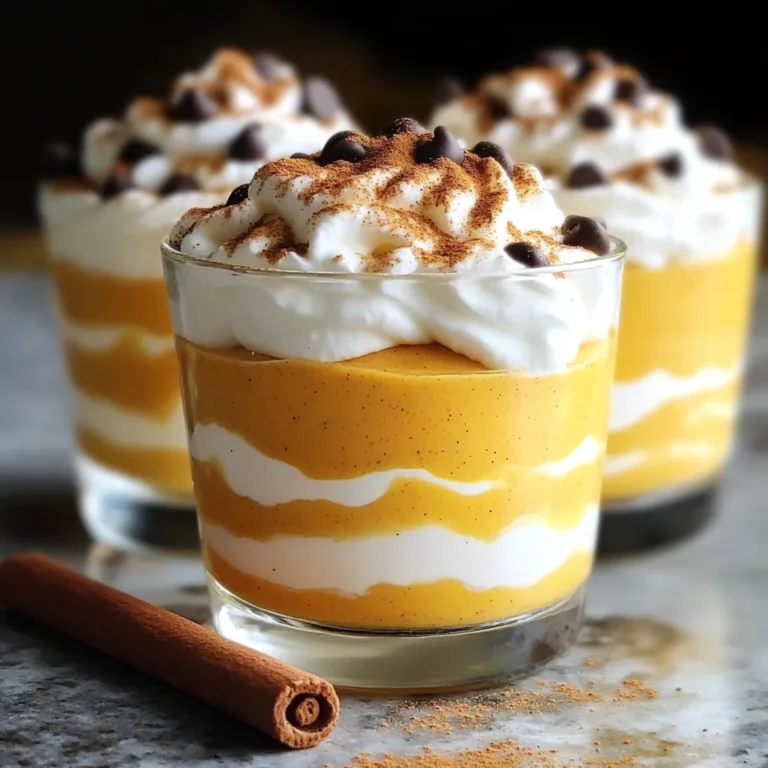 To make these delightful mousse cups, you need the following ingredients: - 1 cup heavy whipping cream - 1/2 cup canned pumpkin puree - 1/3 cup powdered sugar - 1 teaspoon pure vanilla extract - 1 teaspoon pumpkin pie spice - 1/2 cup strong brewed coffee, cooled to room temperature - 1 tablespoon gelatin powder - 3 tablespoons cold water - Whipped cream for topping - Ground cinnamon for garnish - Mini chocolate chips (optional) You can swap some ingredients if needed. Instead of heavy cream, use coconut cream for a dairy-free option. For a lower sugar option, try using a sugar substitute like stevia. If you can't find pumpkin pie spice, mix cinnamon, nutmeg, and ginger for a similar flavor. If you want a caffeine-free version, use decaf coffee instead. Toppings add flair to your mousse cups. I recommend using whipped cream to give a fluffy touch. A sprinkle of ground cinnamon enhances the pumpkin spice flavor. Mini chocolate chips add a fun crunch. For a festive look, you might even add a mini cinnamon stick as a stirrer. Enjoy mixing and matching these options! To start, we need to bloom the gelatin. In a small bowl, sprinkle 1 tablespoon of gelatin powder over 3 tablespoons of cold water. Let it sit for about 5 minutes. This helps the gelatin absorb the water and become gelatinous. While the gelatin blooms, we will prepare the whipped cream. In a medium mixing bowl, use an electric mixer. Beat 1 cup of heavy whipping cream on medium speed. Stop when soft peaks form. Gradually add 1/3 cup of powdered sugar. Keep mixing until stiff peaks form. Set this whipped cream aside. Next, in another bowl, mix together 1/2 cup of canned pumpkin puree, 1 teaspoon of pure vanilla extract, and 1 teaspoon of pumpkin pie spice. Stir these ingredients until you have a smooth mixture. Now, we will dissolve the bloomed gelatin. In a small saucepan, gently stir the bloomed gelatin into 1/2 cup of cooled strong brewed coffee. Use low heat and stir until the gelatin is fully dissolved. Remove the pan from heat and let it cool slightly. Now it's time to combine the mixtures. Take the coffee-gelatin mixture and fold it into the pumpkin mixture. Be gentle to keep the mixture airy. Then, fold in the whipped cream until no white streaks remain. Spoon or pipe this fluffy mousse into individual cups, filling them about three-quarters full. This leaves room for toppings. When you fold, do it carefully. Use a spatula to lift from the bottom of the bowl. Turn the bowl as you go. This helps mix without losing air. If you mix too hard, your mousse will be flat. Make sure to stop folding as soon as you don’t see any white streaks. Overmixing can ruin the light and fluffy texture we want in our mousse. Cover the mousse cups with plastic wrap or lids. Place them in the fridge for at least 2 hours. This time allows the mousse to set properly. The texture will become creamy and smooth. When ready to serve, remove the cups from the fridge. Top each one with whipped cream, a sprinkle of ground cinnamon, and mini chocolate chips if you like. Enjoy your pumpkin spice latte mousse cups! To make the best whipped cream, start with cold equipment. Chill your bowl and beaters in the fridge for 10 minutes. This helps the cream whip better. When you beat the cream, use medium speed. Watch for soft peaks first. Then slowly add the powdered sugar. Keep mixing until you see stiff peaks. Don’t overbeat, or it may turn buttery. One big mistake is not blooming the gelatin properly. If you skip the blooming step, your mousse may not set right. Another mistake is overmixing the whipped cream into the pumpkin mix. This can deflate the air you just whipped in. Finally, don’t forget to chill the mousse. It needs at least two hours in the fridge to set. For a fun touch, use clear cups to show off the layers. You can add mini chocolate chips on top for extra sweetness. A light sprinkle of cinnamon adds flavor and looks pretty. For a festive twist, place a mini cinnamon stick in each cup. This makes each bite even better and adds a nice aroma. {{image_4}} You can change the flavor of your mousse cups easily. Instead of pumpkin puree, try using sweet potato puree for a different taste. You can also mix in chocolate or caramel for a rich twist. Adding a splash of maple syrup can enhance the sweetness. For an extra kick, consider a sprinkle of nutmeg or ginger. These flavors can make your mousse exciting and unique. To make a vegan version, swap heavy cream for coconut cream. Use maple syrup instead of powdered sugar for sweetness. Replace gelatin with agar-agar, a plant-based thickener that works well in desserts. Use almond milk or any other dairy-free milk instead of coffee. This way, everyone can enjoy a creamy dessert. For Halloween, add some orange food coloring to make the mousse more festive. For Christmas, try adding crushed peppermint to the mousse or as a topping. You can also include gingerbread cookies as a base layer. For Easter, consider a lighter flavor, like lemon, using lemon zest and juice instead of coffee. These ideas help your mousse fit any celebration. Store your mousse cups in the fridge. Place them in an airtight container. This keeps them fresh and tasty. You can also cover them with plastic wrap. Avoid any contact with air. This helps prevent drying out. Your mousse will stay good for about 3 to 5 days in the fridge. Check for any changes in smell or texture. If it looks or smells off, it’s best to toss it. Always trust your senses when it comes to food. You can freeze mousse cups, but with care. First, let them chill in the fridge for a few hours. Then, cover each cup tightly with plastic wrap. You can also use a freezer-safe container. They can last up to 2 months in the freezer. When ready to eat, thaw them in the fridge overnight. Do not refreeze once thawed. Enjoy your tasty treat! Yes, you can make these mousse cups ahead of time. They set well in the fridge. I recommend making them a day before serving. This way, the flavors blend and deepen. Just cover them tightly with plastic wrap to keep them fresh. When ready to serve, add the whipped cream and cinnamon on top. If you want a gelatin-free version, use agar-agar. It is a plant-based thickener. Use 1 tablespoon of agar-agar powder instead of gelatin. Mix it with water and heat it until it dissolves. Follow the same steps in the recipe after that. This will help your mousse set nicely. You can easily make this mousse without coffee. Replace the coffee with an equal amount of milk or almond milk. You can also use brewed chai tea for a tasty twist. Just make sure the replacement is at room temperature, like the coffee. This keeps the mousse creamy and flavorful. The Pumpkin Spice Latte Mousse Cups offer a simple, fun dessert. We explored the ingredients, preparation steps, and tips to create this treat. I shared ideas for variations and storage advice. Remember to avoid common mistakes for the best results. Whether you stick to the classic recipe or try a new twist, these mousse cups will shine at any gathering. Enjoy every creamy bite and impress your guests with this easy dessert!
