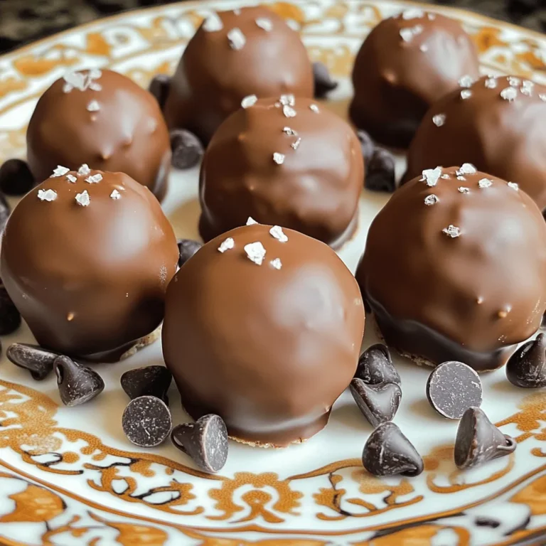 For these delightful Chocolate Chip Cookie Dough Truffles, you will need: - 1 cup all-purpose flour (heat-treated) - 1/2 cup unsalted butter, softened to room temperature - 1/3 cup brown sugar, packed tightly - 1/3 cup granulated sugar - 1/2 teaspoon vanilla extract - 1/4 teaspoon sea salt - 1/2 cup mini chocolate chips - 8 oz. milk chocolate, for coating - Sea salt flakes, for garnish Each ingredient plays a key role in creating the perfect truffle. The heat-treated flour ensures safety while giving that classic cookie dough taste. Softened butter helps create a creamy texture. Brown and granulated sugars add sweetness and depth. Vanilla extract gives a lovely aroma, while sea salt balances the sweetness. Mini chocolate chips bring bursts of chocolate joy in every bite. Finally, the milk chocolate coating makes these truffles irresistible. The sea salt flakes on top provide a gourmet touch. Gathering the right ingredients is the first step to making these treats. Remember, using high-quality chocolate and fresh ingredients will enhance the flavor. Enjoy the process of combining these items to create a delicious snack! - Heat-treat the flour: Start with 1 cup of all-purpose flour. Place it in a microwave-safe bowl. Heat it on high for 1 minute. This step makes it safe to eat. Let it cool before using. - Cream the butter and sugars: Take 1/2 cup of softened unsalted butter. Add it to a large mixing bowl. Mix it with 1/3 cup of packed brown sugar and 1/3 cup of granulated sugar. Use an electric mixer on medium speed. Beat until the mixture is fluffy, about 2-3 minutes. - Incorporate flavoring and flour: Add 1/2 teaspoon of vanilla extract and 1/4 teaspoon of sea salt. Mix until fully combined. Gradually add your cooled flour. Mix on low speed until just combined. Be careful not to overmix. - Fold in chocolate chips: Take 1/2 cup of mini chocolate chips. Gently fold them into your dough. Make sure they are evenly spread throughout the mix. - Shape the truffles: Scoop small portions of the dough. Roll them into 1-inch balls using your hands. Place the balls on a parchment-lined baking sheet. Space them out to avoid sticking. - Chill the dough balls: Cover the baking sheet with plastic wrap. Chill the dough balls in the fridge for about 30 minutes. This helps them hold their shape. - Melt the chocolate: While the dough balls chill, prepare the coating. In a microwave-safe bowl, melt 8 oz. of milk chocolate. Do this in 30-second intervals. Stir in between until smooth. - Dip the truffles: Remove the dough balls from the fridge. Using a fork, dip each ball into the melted chocolate. Make sure they are fully coated. Let excess chocolate drip off before placing them back on the sheet. - Garnish with sea salt: While the chocolate is still wet, sprinkle a pinch of sea salt flakes on each truffle. This adds a nice flavor contrast. - Set the truffles: Return the truffles to the fridge for 15-20 minutes. This lets the chocolate set completely. Enjoy your tasty treats! - Ensure the flour is heat-treated properly: Heat-treat the flour to kill any germs. Just microwave it for one minute. Stir and let it cool before use. - Avoid overmixing the dough: Mix the dough just until combined. Overmixing can make the truffles tough. You want a soft and tender texture. - Achieve smooth chocolate coating: Melt the chocolate slowly in short bursts. Stir it well to keep it smooth. This will help the coating look perfect. - Decorative serving suggestions: Arrange the truffles on a pretty plate. You can even use a cake stand for added height. This makes them look fancy. - How to use garnishes effectively: Sprinkle mini chocolate chips or sea salt flakes around the truffles. This adds color and flair. It also highlights the yummy flavors you created. {{image_4}} You can switch up the chocolate type for the coating. Use dark chocolate for a richer taste. White chocolate gives a sweet twist. Each choice adds a new layer of flavor. Try adding flavor extracts to your dough. A few drops of almond extract can boost the taste. Mint extract gives a fresh zing. Experiment with what you love most. If you need a dairy-free version, use vegan butter instead of regular butter. This keeps the texture while making it suitable for everyone. For a gluten-free treat, swap all-purpose flour with a gluten-free blend. Just ensure it works well for baking. This way, everyone can enjoy these truffles without worry. To keep your chocolate chip cookie dough truffles fresh, store them in an airtight container. Place parchment paper between layers to prevent sticking. You can keep them in the fridge for up to a week. For longer storage, freeze the truffles. Just place them on a baking sheet first. Once frozen, transfer them to a freezer bag. This way, you can enjoy them later. Homemade truffles last about one week in the fridge. In the freezer, they can last for up to three months. Always check for signs of spoilage. If you see any discoloration or an odd smell, it’s best to toss them. Enjoy your sweet treats while they’re fresh! Can I eat raw cookie dough? Yes, you can eat this raw cookie dough! I use heat-treated flour, which makes it safe. This method kills any harmful bacteria. Enjoy the sweet, creamy goodness without worry. How do I know when the chocolate is melted properly? Melt the chocolate in 30-second bursts. Stir after each burst. The chocolate should be smooth and glossy. If you see lumps, keep melting. Stop when you have a silky texture. Can these truffles be made ahead of time? Absolutely! You can make these truffles a day in advance. Just store them in the fridge. They will stay fresh and tasty, ready for your next treat! This blog post covered how to make delicious cookie dough truffles. We discussed ingredients, step-by-step instructions, tips for success, and fun variations. Remember to heat-treat your flour for safety, and don't skip the chill time for better shapes. You can also play with flavors and storage options. Enjoy these treats at home or share them with friends. Making truffles is simple and rewarding. Happy cooking!