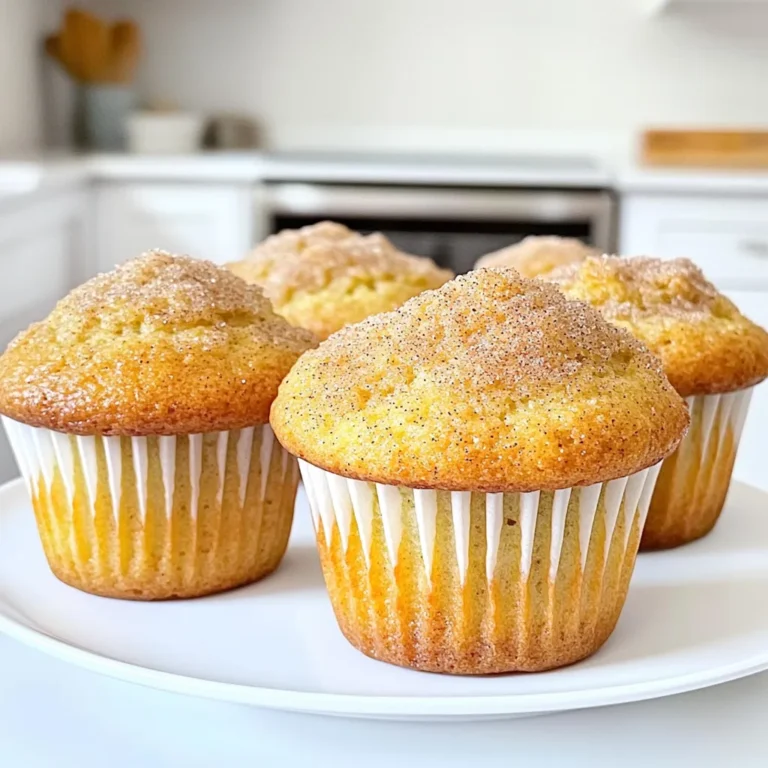 - 2 cups all-purpose flour - 3/4 cup granulated sugar - 1 cup buttermilk (or homemade buttermilk) - 2 large eggs - 1/2 cup unsalted butter, melted - 1/4 cup sugar - 1 tablespoon ground cinnamon - Vanilla extract - Cooking spray or muffin liners To make these muffins, you need simple ingredients. First, all-purpose flour gives structure. The granulated sugar adds sweetness. Buttermilk keeps the muffins moist. Eggs help bind the batter. Melted butter adds richness. For the topping, mix sugar and cinnamon. This gives a sweet and spicy crust. You can add vanilla extract for extra flavor. Cooking spray or muffin liners help prevent sticking. Using fresh ingredients is key. It helps the muffins rise and taste great. If you don’t have buttermilk, make your own. Just add vinegar to regular milk. This works well and is easy. When you gather these ingredients, you're ready to bake. This recipe is simple and delicious. Each bite is soft and sweet, just like a bakery treat. - Preheat oven to 375°F (190°C) - Prepare muffin pan with liners or spray To start, heat your oven to 375°F. This step is key for perfect muffins! Next, get your muffin pan ready. You can use paper liners or spray the pan with cooking spray. This will help the muffins come out easily. - Combine flour, sugar, baking powder, baking soda, cinnamon, and salt In a big bowl, mix the dry ingredients. Add 2 cups of flour, 3/4 cup of sugar, 2 teaspoons of baking powder, 1 teaspoon of baking soda, 1 teaspoon of ground cinnamon, and 1/2 teaspoon of salt. Whisk them well until they blend nicely. - Whisk butter, buttermilk, eggs, and vanilla until smooth In a separate bowl, combine the wet ingredients. Mix 1/2 cup of melted butter, 1 cup of buttermilk, 2 large eggs, and 1 teaspoon of vanilla extract. Whisk until the mixture is smooth and creamy. - Fold wet ingredients into dry ingredients carefully Now, it’s time to combine the two bowls. Pour the wet mixture into the bowl with the dry mix. Use a spatula to fold them together gently. Don't worry about lumps! Overmixing can make your muffins tough. - Mix sugar and cinnamon in a separate bowl For the topping, grab a small bowl. Mix 1/4 cup of sugar with 1 tablespoon of ground cinnamon. This will create a sweet crust on top of your muffins. - Fill muffin cups and sprinkle with topping; bake for 18-20 minutes Using a muffin scoop or a spoon, fill each muffin cup about two-thirds full with batter. Then sprinkle the cinnamon sugar topping generously on each muffin cup. Bake them in the oven for 18-20 minutes. They're done when they look golden brown and a toothpick comes out clean when poked in the center. To get the best texture in your muffins, avoid overmixing the batter. When you combine the wet and dry ingredients, mix just until you see no more flour. A few lumps are okay. Overmixing makes muffins tough and chewy. Using fresh ingredients is key. Old baking powder or stale flour can change the taste and rise. Always check expiration dates for the best results. Fresh eggs and butter also help create a softer, fluffier muffin. For a great presentation, serve your muffins warm. This makes them feel extra cozy. You can also drizzle them with honey for added sweetness. Another fun idea is to dust them with powdered sugar. This gives them a charming look and makes them more enjoyable. Having the right tools makes baking easier. Here are my top picks for this recipe: - Muffin pan - Paper liners or cooking spray - Mixing bowls - Whisk - Spatula or wooden spoon - Muffin scoop Using these tools will help you create perfect bakery-style muffins every time. {{image_4}} You can easily change the flavor of your cinnamon sugar muffins. Adding chocolate chips gives them a delicious twist. Use about 1 cup of mini chocolate chips for a sweet touch. You can also add nuts like walnuts or pecans for crunch. Just chop them up and mix them in with the dry ingredients. If you want to try different spices, think about nutmeg. It adds a warm, cozy flavor. Just swap out half a teaspoon of cinnamon for nutmeg. You can mix both spices for a unique taste too. If you need a gluten-free option, use a 1:1 gluten-free flour blend. This makes the muffins soft and tasty without gluten. Make sure to check the blend for xanthan gum, as it helps with texture. For a dairy-free version, use almond or oat milk instead of buttermilk. You can mix one tablespoon of vinegar with non-dairy milk to create a similar effect. Replace the butter with coconut oil or a dairy-free butter for a full dairy-free treat. In fall, add apples or pumpkin for a seasonal twist. For apple muffins, use about 1 cup of peeled, chopped apples. Toss them in a little flour before mixing to prevent sinking. For pumpkin muffins, replace half a cup of buttermilk with pumpkin puree. This gives a moist and flavorful muffin. In winter, consider using cranberries for a tart flavor. Just fold in one cup of fresh or dried cranberries into the batter. Each of these additions brings a new taste and feel to your muffins, making them perfect for any season. To keep your cinnamon sugar muffins fresh, store them at room temperature in a sealed container. This way, they stay soft for up to three days. If you want to keep them longer, freeze them. Wrap each muffin in plastic wrap, then place them in a freezer bag. They will stay good for up to three months in the freezer. When you want to enjoy a muffin, warm it gently. Preheat your oven to 350°F (175°C). Place the muffin on a baking sheet and heat it for about 5-10 minutes. This warms the muffin without drying it out. You can also use the microwave. Heat for 15-20 seconds. Just be sure to watch it closely. At room temperature, these muffins last for about three days. If you refrigerate them, they can last up to one week. However, refrigeration may make them dry. In the freezer, they can last for three months. Just remember to thaw them in the fridge before reheating for the best taste. Yes, you can make these muffins ahead of time. Here are some tips: - Cool completely: After baking, let the muffins cool down fully. - Store properly: Place them in an airtight container. They stay fresh for 2-3 days at room temperature. - Freeze for later: To freeze, wrap each muffin tightly in plastic wrap. Place them in a freezer bag. They can last up to three months. - Reheat before serving: Warm them in the oven for a few minutes for the best taste. If you don’t have buttermilk, don’t worry! Here are some easy alternatives: - Vinegar and milk: Add 1 tablespoon of vinegar to 1 cup of regular milk. Let it sit for 5 minutes. - Yogurt: Use plain yogurt, thinned with a little water to match buttermilk consistency. - Sour cream: Thin sour cream with milk to reach the right texture. Dry muffins happen for a few reasons. Here’s how to avoid them: - Don’t overmix: Mix your batter gently. Overmixing makes muffins tough. - Measure flour correctly: Use a spoon to scoop flour, then level it off. Too much flour leads to dryness. - Check baking time: Remove muffins from the oven once golden brown and a toothpick comes out clean. Keep an eye on them! These cinnamon sugar muffins are easy to make and delicious. We covered key ingredients like flour, sugar, and buttermilk. I shared step-by-step instructions from mixing the batter to baking. You learned tips for the best texture and how to store them. With fun variations and serving ideas, these muffins fit any occasion. Make them your own and enjoy! Baking should be fun and rewarding, and these muffins will surely please everyone.