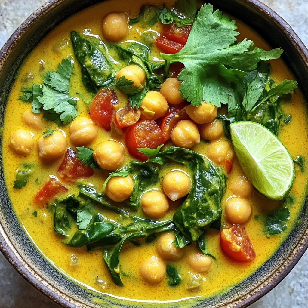 To make Vegan Coconut Curry Chickpea Soup, gather these ingredients: - 1 tablespoon coconut oil - 1 medium onion, finely diced - 3 cloves garlic, minced - 1 tablespoon fresh ginger, finely grated - 1 tablespoon curry powder - 1 teaspoon ground turmeric - 1 can (14 oz) coconut milk - 4 cups vegetable broth - 1 can (15 oz) chickpeas, thoroughly drained and rinsed - 1 cup diced tomatoes (fresh or canned) - 2 cups fresh spinach or kale, roughly chopped - Salt and freshly cracked black pepper to taste - Juice of 1 juicy lime - Fresh cilantro leaves, roughly chopped for garnish This soup is packed with nutrition. The chickpeas give you protein and fiber. They help keep you full. Coconut milk adds healthy fats and gives the soup a creamy texture. Spinach and kale are loaded with vitamins and minerals. They boost your immune system and support overall health. Garlic and ginger help fight inflammation and promote good digestion. Using fresh ingredients helps maximize these benefits. When shopping for your ingredients, look for these tips: - Choose onions that are firm and have no soft spots. - Garlic should be hard and dry. Avoid any that feel soft or sprout. - Pick fresh ginger that feels heavy and has smooth skin. - For greens, look for vibrant colors. They should be crisp, not wilted. - If using tomatoes, go for ones that are firm and fragrant. - Always check the expiration date on canned goods. Start by heating a large pot on medium heat. Add the coconut oil. When it melts, toss in the diced onion. Sauté this for about 5 minutes. You want the onion soft and clear. Next, add minced garlic and grated ginger. Cook for 1 to 2 minutes until you smell their lovely aroma. Now, sprinkle in the curry powder and ground turmeric. This brings out their full taste. Sauté the spices for another minute. Then, pour in the creamy coconut milk and the vegetable broth. Stir well to mix everything together. Increase the heat a little and let it simmer gently. Once the soup simmers, add the drained chickpeas and diced tomatoes. Stir to combine, then let this simmer for 15 minutes. This allows the flavors to blend nicely. After 15 minutes, add the chopped spinach or kale. Cook for another 5 minutes until the greens are wilted and tender. Finally, taste your soup. Add salt and pepper to your liking. Squeeze in the lime juice for a zesty kick. Your soup is now ready to serve! - Large pot - Wooden spoon or spatula - Measuring spoons - Knife and cutting board - Can opener - Prep time: 10 minutes - Cooking time: 20 minutes - Total time: 30 minutes This soup serves 4. You can enjoy it as a light meal or pair it with crusty bread for a hearty dish. To make your vegan coconut curry chickpea soup even tastier, try these tips: - Use fresh herbs: Fresh cilantro adds a bright taste. - Add spice: If you like heat, add red pepper flakes or fresh chili. - Citrus zest: Grate some lime zest for extra zing. - Toast spices: Before adding liquids, toast curry powder and turmeric in coconut oil for more depth. Many people make mistakes when cooking this soup. Here are some to watch out for: - Skipping the sauté: Don’t rush! Sautéing onion, garlic, and ginger builds flavor. - Not draining chickpeas: Always rinse and drain canned chickpeas to avoid a gritty texture. - Overcooking greens: Add spinach or kale near the end. This keeps them bright and tender. - Ignoring seasoning: Taste your soup before serving. Adjust salt and pepper to your liking. Serve your soup in deep bowls for a cozy feel. Here are some great pairings: - Rice or Quinoa: Serve it over rice or quinoa for a hearty meal. - Crusty Bread: Pair with crusty bread for dipping. - Salad: A fresh salad with lime dressing complements the soup well. - Coconut Rice: For a tropical twist, try coconut rice on the side. These tips and tricks will help you enjoy a delicious and satisfying vegan coconut curry chickpea soup. Happy cooking! {{image_4}} If you have dietary needs, you can still enjoy this soup. Here are some easy swaps: - Oil: Use olive oil or avocado oil instead of coconut oil for a different flavor. - Chickpeas: Swap chickpeas for lentils if you prefer. They cook faster and add protein. - Vegetable Broth: If you're low-sodium, choose a low-sodium broth for a healthier option. - Greens: Kale works well, but you can use Swiss chard or collard greens too. Adjust the flavor to fit your taste. Here’s how: - Spice Levels: Want it spicy? Add chili flakes or diced jalapeños. Start with a small amount and taste. - Curry Powder: Try different curry powders for unique flavors. You can use Thai red curry paste for a kick. - Herbs: Add fresh basil or mint for a fresh twist. They brighten the soup nicely. Make this soup your own with these swaps: - Coconut Milk: For a lighter soup, use almond milk or oat milk. It changes the texture but keeps it creamy. - Tomatoes: Fresh, canned, or even roasted tomatoes work great. Roasted adds a nice depth of flavor. - Add-ins: Consider adding sweet potatoes or carrots for sweetness and texture. Simply chop and cook them with the onions. Feel free to mix and match these ideas. Personalizing this soup makes it even more fun and tasty! After enjoying your Vegan Coconut Curry Chickpea Soup, you’ll likely have some left. Let the soup cool down to room temperature first. Then, transfer it to an airtight container. This keeps the soup fresh and tasty. You can store it in the fridge for up to five days. If you want to keep it longer, freezing is a great option. To freeze your soup, use freezer-safe containers or bags. Make sure to leave some space at the top for expansion. This soup can last in the freezer for about three months. When you're ready to eat it, just take it out and let it thaw in the fridge overnight. When you’re ready to enjoy your soup again, reheat it on the stove over medium heat. Stir it often to ensure even heating. If it seems a bit thick, add a splash of vegetable broth or water. You can also reheat it in the microwave. Just heat in short bursts, stirring in between. This method keeps the flavors fresh and delicious. Yes, you can make this soup ahead of time. In fact, the flavors get better when it sits. Store it in an airtight container in the fridge. It will stay fresh for about four days. Just reheat it on the stove before serving. If you find it too thick, add a splash of vegetable broth. If you need a substitute for coconut milk, try using almond milk or cashew cream. Both add creaminess but change the flavor a bit. You can also use soy milk, but it won't be as rich. Another option is to blend silken tofu with some water for a creamy texture. Yes, this soup is gluten-free. All the ingredients used are naturally gluten-free. Just ensure that your vegetable broth is gluten-free too. This makes it a great option for those with gluten sensitivities. Enjoy it without worry! This blog post covered the essential ingredients, cooking steps, and tips for making a great soup. You learned how to enhance flavors and avoid common mistakes. I shared ways to store leftovers and personalize your dish with variations. Keep these points in mind as you cook. With the right ingredients and tips, you'll make a delicious soup every time. Enjoy your cooking journey!