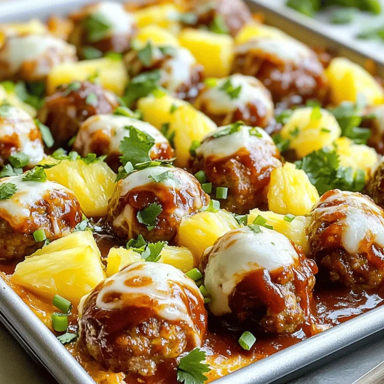 - 1 lb ground beef or turkey - 1/2 cup breadcrumbs - 1/4 cup onion, finely chopped - 2 cloves garlic, minced - 1/4 cup fresh cilantro, finely chopped - 1 egg, beaten - 1 cup barbecue sauce - 1/2 teaspoon smoked paprika - 1/2 teaspoon ground ginger - 1/2 teaspoon salt - 1/2 teaspoon black pepper - 1 cup pineapple chunks - 1 cup shredded mozzarella cheese - Sliced green onions for garnish First, preheat your oven to 400°F (200°C). This temperature helps the meatballs cook evenly. Next, take a large sheet pan and line it with parchment paper. This makes cleanup easy and helps prevent sticking. In a big mixing bowl, combine 1 pound of ground meat, 1/2 cup of breadcrumbs, and 1/4 cup of finely chopped onion. Add 2 cloves of minced garlic, 1/4 cup of chopped cilantro, and 1 beaten egg. Then sprinkle in 1/2 teaspoon each of salt, black pepper, smoked paprika, and ground ginger. Use your hands to mix everything well, but do not overmix. With damp hands, shape the mixture into meatballs about 1.5 inches wide. Place these meatballs on one side of your prepared sheet pan. Make sure to leave space between them. This helps them cook properly. On the other side of the sheet pan, arrange 1 cup of pineapple chunks. Make sure they are in a single layer. Then, drizzle 1 cup of your favorite barbecue sauce over both the meatballs and the pineapple. Aim for even coverage without drowning them in sauce. Now, place the sheet pan in the preheated oven. Bake for 20 to 25 minutes. The meatballs should reach an internal temperature of 165°F (74°C). In the last 5 minutes of baking, sprinkle 1 cup of shredded mozzarella cheese on top of the meatballs. This will melt and add a tasty finish. After baking, let the meatballs rest for a few minutes. This helps keep them juicy. If you want, garnish with sliced green onions before serving. This adds a nice pop of color and flavor to the dish. To make great meatballs, don’t overmix the meat. Mixing too much makes them tough. You want them to be soft and juicy. Just mix until everything is combined. Use your hands or a spatula for best results. You can adjust the amount of BBQ sauce to fit your taste. If you like it sweeter, add more sauce. If you prefer a tangy flavor, use less. Just remember to coat both the meatballs and pineapple. This balance makes every bite delicious. To get perfect melted cheese, add it in the last five minutes of baking. This way, it melts just right. Make sure the cheese is evenly spread over the meatballs. Keep an eye on it so it doesn’t burn. Enjoy that gooey, cheesy goodness! {{image_4}} You can swap out ground beef or turkey for ground chicken. Chicken offers a lighter taste and cooks well with the BBQ sauce. If you prefer plant-based options, try using lentils or chickpeas. These add protein and texture without meat. When using these alternatives, adjust seasonings to match your flavor goals. BBQ sauce varies by region. In Kansas City, it tends to be thick and sweet. In Texas, it is often smoky with a spicy kick. You can also use a vinegar-based sauce from the Carolinas for a tangy twist. Each sauce brings its unique flavor profile to the meatballs. Experiment to find your favorite! Boost the flavor by adding veggies. Try bell peppers or zucchini alongside the meatballs. You can also mix in some diced apples for a sweet touch. Adding these ingredients gives more nutrition and color to the dish. Feel free to get creative with what you have on hand! To keep your pineapple BBQ meatballs fresh, use an airtight container. Glass or plastic containers work well. Store them in the fridge for up to three days. Make sure they are completely cool before sealing. This helps keep moisture in check. The best way to reheat meatballs is in the oven. Preheat it to 350°F (175°C). Place the meatballs on a baking sheet. Cover them with foil to keep them moist. Heat for about 10-15 minutes, until warmed through. You can also use a microwave. Heat them in a microwave-safe dish for 1-2 minutes, but be careful not to overcook. To freeze meatballs, let them cool completely first. Place them in a single layer on a baking sheet. Freeze for about an hour until firm. After that, transfer them to a freezer bag or container. They will stay good for up to three months. When you’re ready to eat, thaw them in the fridge overnight. Reheat them as mentioned above for the best taste. Yes, you can use frozen meatballs. Just place them on the sheet pan like fresh ones. You might need to bake them a bit longer. Check the package for cooking times. Ensure they reach 165°F (74°C) to be safe. Using frozen meatballs saves time and makes this dish even easier. To check if meatballs are done, use a meat thermometer. The inside should be 165°F (74°C). You can also cut one in half. The meat should be brown with no pink. If you see any pink, keep cooking them. Proper cooking keeps the meatballs safe to eat and juicy. These meatballs pair well with many sides. Try serving them with rice or noodles. You can also add a fresh salad or steamed veggies. For a fun twist, serve them in slider buns. This makes a great meal for family or friends. You can even add extra barbecue sauce for more flavor. This blog post covered how to make delicious pineapple BBQ meatballs. You learned about the key ingredients, like ground meat and spices. We outlined a simple, step-by-step process to create the perfect meatballs. I shared tips for texture, flavor, and storage. Remember, you can adjust flavors and even try different meats. Enjoy experimenting in your kitchen with this easy recipe! Your friends and family will love your tasty results.