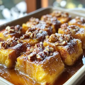 - 1 loaf of brioche or challah bread, cut into 1-inch cubes - 6 large eggs - 2 cups whole milk - 1/2 cup pure maple syrup (plus extra for drizzling) - 1 teaspoon vanilla extract - 1 teaspoon ground cinnamon - 1/4 teaspoon salt - 1 cup pecans, roughly chopped - 1/2 cup brown sugar - 1 tablespoon unsalted butter, melted - Powdered sugar for dusting (optional) To make the Maple Pecan French Toast Bake, you need simple, fresh ingredients. Start with a loaf of brioche or challah bread. This bread is soft and holds moisture well. Cut the bread into 1-inch cubes. Next, gather your wet ingredients. You’ll need six large eggs and two cups of whole milk. The eggs give richness, while the milk adds creaminess. For sweetness, use half a cup of pure maple syrup. It gives a lovely flavor that pairs well with the pecans. Don’t forget the flavorings! Add one teaspoon of vanilla extract, one teaspoon of ground cinnamon, and a quarter teaspoon of salt. These enhance the taste and add warmth to the dish. For the pecan topping, grab one cup of roughly chopped pecans. They add crunch and a nutty taste. Mix this with half a cup of brown sugar and one tablespoon of melted unsalted butter. This topping will caramelize and create a sweet crust on top. Optionally, you can dust the finished dish with powdered sugar for a nice touch. Each ingredient plays a key role in making this dish delightful and satisfying. Enjoy gathering these items, as they all come together to create a delicious breakfast treat! - Preheat Oven and Grease Baking Dish Start by preheating your oven to 350°F (175°C). This step is key for even cooking. Next, grease a 9x13 inch baking dish. You can use non-stick spray or butter. This helps the bake come out easily after it's done. - Prepare Custard Mixture In a large bowl, whisk together 6 eggs, 2 cups of whole milk, and 1/2 cup of pure maple syrup. Add 1 teaspoon of vanilla extract, 1 teaspoon of ground cinnamon, and 1/4 teaspoon of salt. Mix until smooth. This will be the custard that flavors the bread. - Soak Bread Cubes Cut 1 loaf of brioche or challah bread into 1-inch cubes. Add the bread cubes to your custard mixture. Gently fold until each piece is coated. Let this sit for about 10 minutes. This soaking time helps the bread absorb all those yummy flavors. In a separate bowl, combine 1 cup of roughly chopped pecans with 1/2 cup of brown sugar and 1 tablespoon of melted unsalted butter. Mix well until the pecans are coated. This topping adds a nice crunch and sweetness. - Transfer Mixture to Dish Once the bread has soaked, pour the entire mixture into the greased baking dish. Spread it evenly. Sprinkle the pecan topping over the top. This creates a delicious crust when it bakes. - Bake and Check for Doneness Place the baking dish in the preheated oven. Bake for 35 to 40 minutes. Check for doneness by looking for a golden brown top. The center should feel firm to the touch. This tells you it’s ready to enjoy! Soaking the bread is key to a tasty bake. You want your bread to soak long enough to absorb all the flavors. I suggest soaking the bread cubes for at least 10 minutes. This gives them time to soak up the egg and milk mixture. If you have time, you can soak them overnight in the fridge. This way, the flavors become even richer! - Enhancements like Fresh Fruit or Whipped Cream Serving this bake with fresh fruit adds a nice touch. Think about berries, bananas, or even slices of peach. You can also add a dollop of whipped cream. It makes the dish feel extra special! - Use of Maple Syrup and Powdered Sugar Drizzling more maple syrup on top is a must. It brings out the sweet maple flavor. A light dusting of powdered sugar also looks lovely and adds sweetness. To get the best texture, bake at 350°F (175°C). This temperature helps the top become golden and crunchy while keeping the inside soft. Make sure to check the bake after 35 minutes. If the top is golden and the center feels firm, it’s ready! Avoid opening the oven too often, as it can change the bake time. {{image_4}} You can use many types of bread for this recipe. Brioche and challah are great choices. They soak up flavor well. If you want something healthier, try whole wheat bread. It adds a nice texture and taste. For those who need gluten-free options, use gluten-free bread. This will keep the dish tasty for everyone. Adding flavors makes this dish even better. You can mix in chocolate chips for a sweet twist. Dark or milk chocolate works well. Dried fruits like raisins or cranberries add a fruity touch. They bring a burst of sweetness and chewiness. Just remember to adjust the amount of maple syrup if you add more sweet stuff. While pecans are great, you can switch them for other nuts. Walnuts are a good choice and give a rich flavor. Almonds also work well and add a nice crunch. Just chop them up like you would with pecans. This way, you can enjoy a new taste each time you make it. If you have leftovers, let the Maple Pecan French Toast Bake cool first. Cover it tightly with plastic wrap or foil. You can store it in the fridge for up to three days. Make sure it’s sealed well to keep it fresh. To reheat, preheat your oven to 350°F (175°C). Place the leftover French toast bake in an oven-safe dish. Cover it with foil to prevent it from drying out. Heat for about 15 to 20 minutes. You can also microwave individual portions on a plate for about 1 to 2 minutes. If you want to freeze it, cut the bake into portions. Wrap each piece in plastic wrap and then in foil. This will keep it safe from freezer burn. You can freeze it for up to three months. When you’re ready to eat, thaw it in the fridge overnight before reheating. Yes, you can make this dish a day before. Just prepare the custard and soak the bread. Then, cover and refrigerate it overnight. In the morning, add the pecan topping and bake it. This method saves time and makes for an easy breakfast. If you don’t have maple syrup, try honey or agave nectar. Both will give a sweet flavor. You can also use brown sugar mixed with water. This will mimic the syrup's taste but may not have the same rich flavor. Your French toast bake is done when the top is golden brown. The center should feel firm when touched. You can also insert a knife into the middle. If it comes out clean, it is ready to serve. Enjoy the warm, sweet goodness! This blog post covered how to make Maple Pecan French Toast Bake. We discussed ingredients, step-by-step prep, and baking tips for a tasty dish. Remember to soak your bread for great flavor. Adding fresh fruit or whipped cream can enhance your serving. Explore different bread options and flavor additions for variety. Store leftovers properly to keep them fresh. By following these tips, you can create a delicious meal. Enjoy making this dish that is fun and easy for anyone!