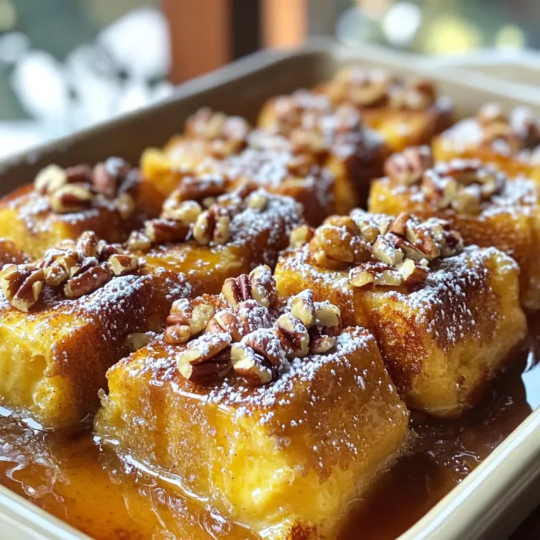 - 1 loaf of brioche or challah bread, cut into 1-inch cubes - 6 large eggs - 2 cups whole milk - 1/2 cup pure maple syrup (plus extra for drizzling) - 1 teaspoon vanilla extract - 1 teaspoon ground cinnamon - 1/4 teaspoon salt - 1 cup pecans, roughly chopped - 1/2 cup brown sugar - 1 tablespoon unsalted butter, melted - Powdered sugar for dusting (optional) To make the Maple Pecan French Toast Bake, you need simple, fresh ingredients. Start with a loaf of brioche or challah bread. This bread is soft and holds moisture well. Cut the bread into 1-inch cubes. Next, gather your wet ingredients. You’ll need six large eggs and two cups of whole milk. The eggs give richness, while the milk adds creaminess. For sweetness, use half a cup of pure maple syrup. It gives a lovely flavor that pairs well with the pecans. Don’t forget the flavorings! Add one teaspoon of vanilla extract, one teaspoon of ground cinnamon, and a quarter teaspoon of salt. These enhance the taste and add warmth to the dish. For the pecan topping, grab one cup of roughly chopped pecans. They add crunch and a nutty taste. Mix this with half a cup of brown sugar and one tablespoon of melted unsalted butter. This topping will caramelize and create a sweet crust on top. Optionally, you can dust the finished dish with powdered sugar for a nice touch. Each ingredient plays a key role in making this dish delightful and satisfying. Enjoy gathering these items, as they all come together to create a delicious breakfast treat! - Preheat Oven and Grease Baking Dish Start by preheating your oven to 350°F (175°C). This step is key for even cooking. Next, grease a 9x13 inch baking dish. You can use non-stick spray or butter. This helps the bake come out easily after it's done. - Prepare Custard Mixture In a large bowl, whisk together 6 eggs, 2 cups of whole milk, and 1/2 cup of pure maple syrup. Add 1 teaspoon of vanilla extract, 1 teaspoon of ground cinnamon, and 1/4 teaspoon of salt. Mix until smooth. This will be the custard that flavors the bread. - Soak Bread Cubes Cut 1 loaf of brioche or challah bread into 1-inch cubes. Add the bread cubes to your custard mixture. Gently fold until each piece is coated. Let this sit for about 10 minutes. This soaking time helps the bread absorb all those yummy flavors. In a separate bowl, combine 1 cup of roughly chopped pecans with 1/2 cup of brown sugar and 1 tablespoon of melted unsalted butter. Mix well until the pecans are coated. This topping adds a nice crunch and sweetness. - Transfer Mixture to Dish Once the bread has soaked, pour the entire mixture into the greased baking dish. Spread it evenly. Sprinkle the pecan topping over the top. This creates a delicious crust when it bakes. - Bake and Check for Doneness Place the baking dish in the preheated oven. Bake for 35 to 40 minutes. Check for doneness by looking for a golden brown top. The center should feel firm to the touch. This tells you it’s ready to enjoy! Soaking the bread is key to a tasty bake. You want your bread to soak long enough to absorb all the flavors. I suggest soaking the bread cubes for at least 10 minutes. This gives them time to soak up the egg and milk mixture. If you have time, you can soak them overnight in the fridge. This way, the flavors become even richer! - Enhancements like Fresh Fruit or Whipped Cream Serving this bake with fresh fruit adds a nice touch. Think about berries, bananas, or even slices of peach. You can also add a dollop of whipped cream. It makes the dish feel extra special! - Use of Maple Syrup and Powdered Sugar Drizzling more maple syrup on top is a must. It brings out the sweet maple flavor. A light dusting of powdered sugar also looks lovely and adds sweetness. To get the best texture, bake at 350°F (175°C). This temperature helps the top become golden and crunchy while keeping the inside soft. Make sure to check the bake after 35 minutes. If the top is golden and the center feels firm, it’s ready! Avoid opening the oven too often, as it can change the bake time. {{image_4}} You can use many types of bread for this recipe. Brioche and challah are great choices. They soak up flavor well. If you want something healthier, try whole wheat bread. It adds a nice texture and taste. For those who need gluten-free options, use gluten-free bread. This will keep the dish tasty for everyone. Adding flavors makes this dish even better. You can mix in chocolate chips for a sweet twist. Dark or milk chocolate works well. Dried fruits like raisins or cranberries add a fruity touch. They bring a burst of sweetness and chewiness. Just remember to adjust the amount of maple syrup if you add more sweet stuff. While pecans are great, you can switch them for other nuts. Walnuts are a good choice and give a rich flavor. Almonds also work well and add a nice crunch. Just chop them up like you would with pecans. This way, you can enjoy a new taste each time you make it. If you have leftovers, let the Maple Pecan French Toast Bake cool first. Cover it tightly with plastic wrap or foil. You can store it in the fridge for up to three days. Make sure it’s sealed well to keep it fresh. To reheat, preheat your oven to 350°F (175°C). Place the leftover French toast bake in an oven-safe dish. Cover it with foil to prevent it from drying out. Heat for about 15 to 20 minutes. You can also microwave individual portions on a plate for about 1 to 2 minutes. If you want to freeze it, cut the bake into portions. Wrap each piece in plastic wrap and then in foil. This will keep it safe from freezer burn. You can freeze it for up to three months. When you’re ready to eat, thaw it in the fridge overnight before reheating. Yes, you can make this dish a day before. Just prepare the custard and soak the bread. Then, cover and refrigerate it overnight. In the morning, add the pecan topping and bake it. This method saves time and makes for an easy breakfast. If you don’t have maple syrup, try honey or agave nectar. Both will give a sweet flavor. You can also use brown sugar mixed with water. This will mimic the syrup's taste but may not have the same rich flavor. Your French toast bake is done when the top is golden brown. The center should feel firm when touched. You can also insert a knife into the middle. If it comes out clean, it is ready to serve. Enjoy the warm, sweet goodness! This blog post covered how to make Maple Pecan French Toast Bake. We discussed ingredients, step-by-step prep, and baking tips for a tasty dish. Remember to soak your bread for great flavor. Adding fresh fruit or whipped cream can enhance your serving. Explore different bread options and flavor additions for variety. Store leftovers properly to keep them fresh. By following these tips, you can create a delicious meal. Enjoy making this dish that is fun and easy for anyone!