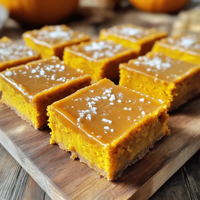 To make Salted Caramel Pumpkin Blondie Bars, gather these ingredients: - 1 cup unsalted butter, melted - 1 ½ cups packed brown sugar - 1 cup granulated sugar - 1 cup pumpkin puree (canned or fresh) - 2 large eggs, at room temperature - 2 teaspoons pure vanilla extract - 2 cups all-purpose flour - 1 teaspoon baking powder - 1 teaspoon baking soda - 1 teaspoon pumpkin pie spice - ½ teaspoon fine sea salt - 1 cup semi-sweet chocolate chips - ¾ cup salted caramel sauce (store-bought or homemade) - Flaky sea salt for topping You can swap some ingredients if needed. Here are a few ideas: - Use coconut oil instead of butter for a dairy-free version. - Try brown sugar alone if you prefer less sweetness. - Applesauce can replace eggs for a vegan option. - Choose gluten-free flour if you want gluten-free blondies. - Maple syrup works as a sweetener in place of sugar. Using good-quality ingredients makes a big difference. Here are my tips: - Use real pure vanilla extract, not imitation. It enhances flavor. - Fresh pumpkin puree offers a richer taste than canned. - Choose semi-sweet chocolate chips for a balanced sweetness. - Look for high-quality salted caramel sauce to elevate your bars. - Flaky sea salt adds a nice touch. It brings out the sweet flavor. These choices will ensure your blondies are the best they can be! Enjoy making them! To make these salted caramel pumpkin blondie bars, first, gather your ingredients. You need simple items, like butter and sugar. These blondies will take about 15 minutes to prep and 30 minutes to bake. Let’s get started! 1. Preheat the Oven: Start by setting your oven to 350°F (175°C). Grease a 9x13 inch baking pan with cooking spray or butter. You can also line it with parchment paper. This makes it easy to lift the blondies out later. 2. Mix the Sugars: In a large bowl, add 1 cup of melted unsalted butter, 1 ½ cups of brown sugar, and 1 cup of granulated sugar. Whisk until it is smooth and creamy. Make sure there are no sugar granules left. 3. Add Wet Ingredients: Now, stir in 1 cup of pumpkin puree, 2 large eggs, and 2 teaspoons of pure vanilla extract. Mix until just combined. The batter should have some lumps. 4. Combine Dry Ingredients: In another bowl, whisk together 2 cups of all-purpose flour, 1 teaspoon of baking powder, 1 teaspoon of baking soda, 1 teaspoon of pumpkin pie spice, and ½ teaspoon of fine sea salt until mixed well. 5. Mix Wet and Dry: Gradually add the dry mix to the wet mix. Fold gently until just combined. Avoid overmixing to keep the blondies light. 6. Add Chocolate Chips: Carefully fold in 1 cup of semi-sweet chocolate chips until they are evenly spread throughout the batter. 7. Layer the Batter: Pour half of the blondie batter into your prepared pan. Spread it evenly. 8. Add Caramel Sauce: Drizzle about ½ cup of salted caramel sauce over the batter. Spread the remaining batter on top, without disturbing the caramel too much. 9. Swirl the Caramel: Use a butter knife or skewer to swirl the caramel into the batter. Do this gently to create a nice marbled look. 10. Bake: Place the pan in the oven and bake for 25-30 minutes. Use a toothpick to check. It should come out clean, with a few moist crumbs. 11. Cool and Finish: Once baked, take the blondies out and let them cool for about 10 minutes. Drizzle the rest of the salted caramel sauce on top and sprinkle with flaky sea salt. 12. Cut and Serve: Let the blondies cool completely in the pan. Use the parchment paper to lift them out, then cut into squares. For perfect blondies, do not overmix your batter. This keeps them soft and chewy. Baking time is key too. Keep an eye on them in the oven. If they bake too long, they will turn dry. The ideal blondie is moist, with a golden top and a rich, sweet center. Enjoy your baking! When making salted caramel pumpkin blondie bars, some mistakes can ruin the fun. Here are a few to watch out for: - Overmixing the batter: This can make your blondies tough. Mix just until combined. - Not measuring ingredients accurately: Use a kitchen scale or measuring cups for best results. - Skipping the cooling time: Allow the bars to cool before cutting. This helps them hold their shape. You’ll need a few handy tools to make your baking smooth and easy: - Mixing bowls: A large bowl for the wet mix and a medium bowl for the dry mix. - Whisk: This helps you blend the butter and sugars well. - Rubber spatula: Great for folding in the dry ingredients and chocolate chips. - 9x13 inch baking pan: This is the perfect size for your blondies. - Parchment paper: Use this for easy removal of the baked bars. These blondie bars shine on their own, but you can make them even better: - Whipped cream: A dollop of fresh whipped cream adds a nice touch. - Vanilla ice cream: Serve warm blondies with a scoop for a delightful dessert. - Coffee or tea: A warm drink pairs well with the sweet flavors. - Nuts: Add walnuts or pecans for a crunchy bite. Enjoy these tips to make your salted caramel pumpkin blondie bars a hit at your next gathering! {{image_4}} You can add nuts to your blondies for a nice crunch. Chopped walnuts or pecans work well. Mix in about one cup of nuts after folding in the chocolate chips. This gives your bars a great texture. You can also try adding spices like cinnamon or nutmeg for more warmth. If you need a gluten-free option, swap the all-purpose flour with a gluten-free blend. Make sure the blend has a 1:1 ratio for best results. For a vegan version, use flax eggs instead of regular eggs. Mix one tablespoon of ground flaxseed with three tablespoons of water for each egg. You can also use a plant-based butter to replace regular butter. To celebrate fall, consider adding diced apples or cranberries to your batter. These fruits give a fresh twist that pairs well with pumpkin. For a holiday treat, stir in some white chocolate chips alongside the semi-sweet ones. This adds a fun pop of sweetness and color to your blondies. To keep your salted caramel pumpkin blondie bars fresh, store them in an airtight container. You can keep them at room temperature for up to three days. If you want them to last longer, place them in the fridge. They will stay good for up to a week when chilled. Make sure to layer parchment paper between the bars to prevent sticking. If you want to freeze these bars, cut them into squares first. Place them in a single layer on a baking sheet and freeze for about an hour. Once they are firm, wrap each bar in plastic wrap. Then, place them in a freezer-safe bag. You can freeze them for up to three months. When you're ready to eat them, just thaw them overnight in the fridge. To enjoy your blondies warm, heat them in the microwave. Place one bar on a plate and heat it for about 10-15 seconds. For a crispy edge, you can also warm them in the oven. Preheat the oven to 350°F and bake them for 5-10 minutes. This will bring back the soft, gooey texture and enhance the flavor of the caramel. You can tell when blondies are done by using a toothpick. Insert the toothpick into the center of the blondies. If it comes out clean or with a few moist crumbs, they are ready. If the toothpick has wet batter on it, they need more time. Typically, blondies take about 25 to 30 minutes to bake. The edges should be firm while the center remains slightly soft. Yes, you can make these blondies ahead of time. They taste great when made a day or two in advance. Just store them in an airtight container at room temperature. This allows the flavors to blend nicely. If you want to enjoy them warm, you can reheat them in the oven for a few minutes before serving. If you don't have pumpkin puree, you can use butternut squash puree or sweet potato puree as a substitute. Both options work well and give a similar flavor and texture. You can also make your own pumpkin puree by roasting and blending fresh pumpkin. Just make sure to strain out any excess water for the best results. This blog post covered essential ingredients and cooking steps for delicious blondies. I shared tips to avoid common mistakes and tools to help you succeed. We explored fun variations and smart storage practices to keep your treats fresh. Remember, quality ingredients make a difference. With these insights, you can create blondies that please everyone. Now, get in the kitchen and enjoy your baking adventure!