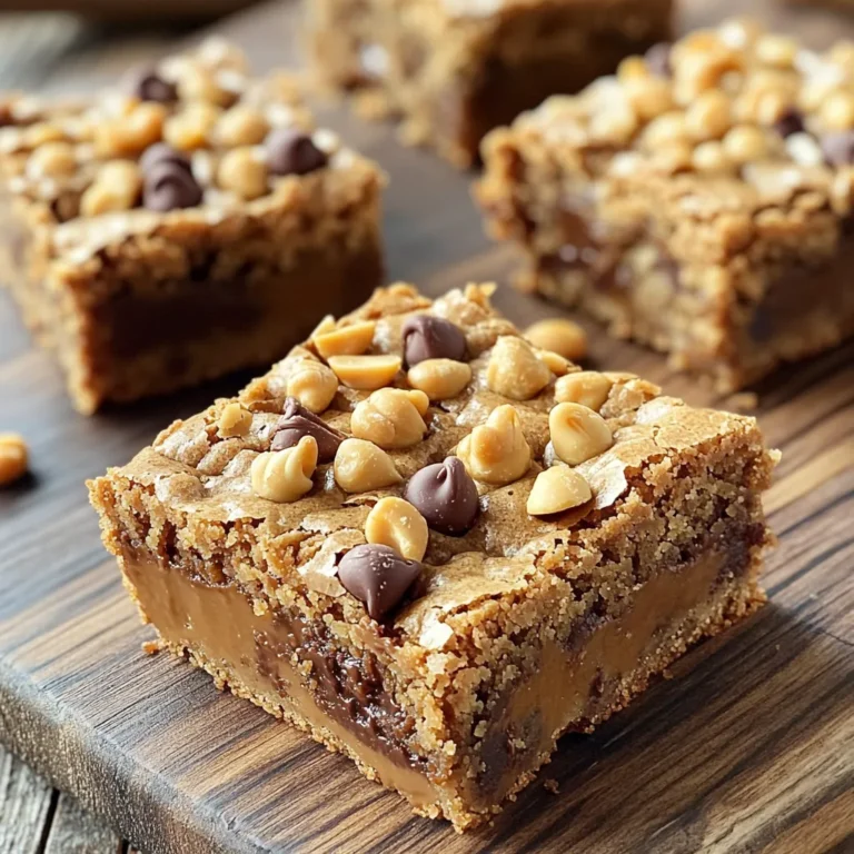 - 1 cup creamy peanut butter - 1 cup brown sugar, firmly packed - ½ cup granulated sugar - 2 large eggs - 1 teaspoon vanilla extract - 1 ½ cups all-purpose flour - 1 teaspoon baking powder - ½ teaspoon salt - 1 cup semi-sweet chocolate chips - ½ cup chopped peanuts (optional for an added crunch) You need a mix of key ingredients for perfect blondies. The creamy peanut butter gives a rich, nutty flavor. Brown sugar adds moisture and a hint of caramel. Granulated sugar adds sweetness and balance. Eggs help bind the mix together. Vanilla extract enhances the overall taste. The flour creates the base, while baking powder helps the blondies rise. Salt brings out the flavors in your treat. Add chocolate chips for sweetness and texture. If you want a crunch, chopped peanuts work well. You can adjust the ingredients to match your taste, but this mix is a great start. 1. Preheat your oven to 350°F (175°C). This step warms the oven for even baking. 2. Prepare an 8x8-inch baking pan. Grease it lightly and line it with parchment paper. Let some parchment hang over the edges. This helps with easy removal later. 3. In a large bowl, mix 1 cup of creamy peanut butter, 1 cup of brown sugar, and ½ cup of granulated sugar. Use a whisk or electric mixer for a smooth blend. 4. Add 2 large eggs, one at a time. Mix well after each addition. Then stir in 1 teaspoon of vanilla extract until it’s even throughout. 5. In another bowl, whisk together 1 ½ cups of all-purpose flour, 1 teaspoon of baking powder, and ½ teaspoon of salt. 6. Gradually add the dry mixture to the peanut butter mix. Stir gently until just combined. Avoid overmixing; the batter should be thick and smooth. 7. Fold in 1 cup of semi-sweet chocolate chips. If you like crunch, add ½ cup of chopped peanuts. 1. Pour the batter into the prepared pan. Use a spatula to spread it evenly. 2. Bake for 25-30 minutes. Watch the edges turn golden brown. Check doneness by inserting a toothpick into the center. It should come out clean or with a few moist crumbs. 1. After baking, take the pan out of the oven. Let the blondies cool in the pan for about 10 minutes. 2. Use the overhanging parchment to lift the blondies out of the pan. Place them on a wire rack to cool completely. 3. Once cooled, slice the blondies into squares. Serve and enjoy your tasty treat! To achieve the best texture in your blondies, avoid overmixing. When you add the dry ingredients, stir just until combined. Overmixing can make the blondies dense. The batter should be thick and smooth, not runny. - Mix the wet ingredients until smooth. - Gradually fold in dry ingredients without vigorous stirring. - Stop mixing as soon as no dry flour is visible. For the right texture, focus on the baking time. Check your blondies at 25 minutes. If the edges turn golden brown, they are close to done. A toothpick inserted in the center should come out clean or have a few moist crumbs. Serving blondies can be fun and creative! Arrange squares on a decorative platter. This makes them look inviting. You can dust them lightly with powdered sugar for an elegant touch. Another idea is to scatter whole peanuts on top. This adds visual appeal and a nice crunch. Consider serving with a scoop of ice cream or a drizzle of chocolate sauce. This makes for a delightful treat everyone will love! {{image_4}} You can easily switch up some ingredients in these blondies. For nut butter, try almond or cashew butter. Each one adds a unique taste. If you want a nut-free option, sunflower seed butter works great too. For sweeteners, brown sugar gives a rich flavor, but you can use coconut sugar. Maple syrup is another fun choice. Just adjust the amount of flour if the batter gets too wet. Adding spices can change the flavor in a big way. Try mixing in a teaspoon of cinnamon for warmth. A pinch of nutmeg can also bring a cozy touch. You can play with chocolate too. Use dark chocolate chips for a richer taste. Or try white chocolate for a sweeter twist. Swapping in peanut butter chips can elevate the peanut flavor. Get creative with your favorite mix-ins! To keep your peanut butter chocolate chip blondies fresh, store them in an airtight container. This helps keep them moist and flavorful. Line the container with parchment paper for easy removal. Place a layer of blondies in the container. You can add a piece of bread in the container to help keep them soft. You can freeze blondies for later use. First, let them cool completely. Cut them into squares and wrap each piece in plastic wrap. Place the wrapped squares in a freezer bag or container. Make sure to label the bag with the date. When you're ready to enjoy them, take out a blondie. Let it thaw at room temperature for about an hour. For a warm treat, you can heat it in the microwave for a few seconds. This will bring back the gooey goodness of the chocolate chips. Yes, you can use crunchy peanut butter! It adds texture and a fun crunch. Just swap it in for creamy peanut butter in the recipe. The flavor will still be rich and delicious. If you don’t have chocolate chips, try using chopped chocolate bars or cocoa nibs. You can also skip the chocolate altogether and add dried fruit, like cranberries or raisins, for a sweet twist. Blondies last about 3 to 5 days at room temperature. Keep them in an airtight container. This helps them stay fresh and soft for longer. Yes, you can make these blondies gluten-free! Just use a gluten-free flour blend instead of all-purpose flour. Make sure the baking powder is also gluten-free to keep everything safe and tasty. You learned how to make delicious blondies from scratch. We covered essential ingredients, mixing steps, and baking tips. You now know how to store and freeze them safely. With fun variations, you can try different tastes and textures. Blondies are easy to make and perfect for sharing. Enjoy your baking journey, and don’t forget to experiment with flavors!