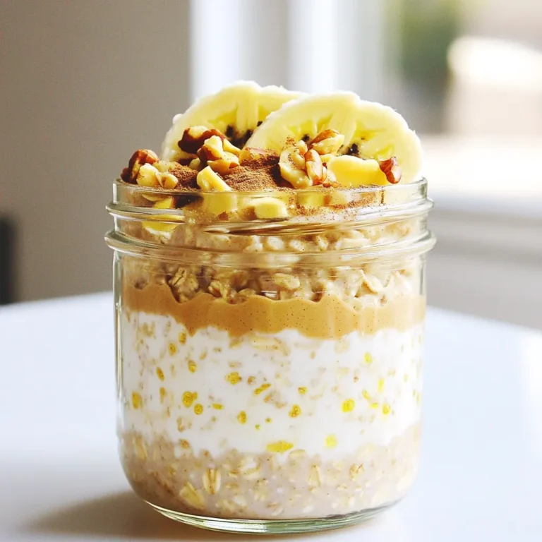 To make High Protein Peanut Butter Overnight Oats, gather these items: - 1 cup rolled oats - 2 cups unsweetened almond milk (or any milk of your choice) - 1/2 cup Greek yogurt (or a dairy-free yogurt alternative) - 2 tablespoons natural peanut butter - 1 tablespoon chia seeds - 1 tablespoon maple syrup or honey (optional for added sweetness) - 1 teaspoon vanilla extract - 1/2 banana, sliced (for topping) - 2 tablespoons chopped nuts (optional, for a delightful crunch) - A sprinkle of cinnamon (to enhance flavor) You can swap ingredients for a different taste or diet: - Use rolled oats or quick oats, based on your texture preference. - If you want a nut-free option, almond milk can change to oat or soy milk. - Replace Greek yogurt with coconut yogurt for a dairy-free choice. - Use almond butter or sunflower seed butter instead of peanut butter. - Chia seeds can be swapped with flax seeds or omitted. - Maple syrup can change to agave syrup or leave out for less sweetness. Each ingredient offers unique health perks: - Rolled oats provide fiber, which aids digestion and keeps you full. - Almond milk is low in calories and rich in vitamin E, good for skin health. - Greek yogurt adds protein and probiotics, which support gut health. - Peanut butter is a good source of healthy fats and protein. - Chia seeds are packed with omega-3 fatty acids and fiber for heart health. - Maple syrup adds a touch of sweetness with some antioxidants. - Vanilla extract can enhance flavor without added sugar. - Bananas offer potassium, which helps maintain healthy blood pressure. - Chopped nuts provide healthy fats, protein, and a satisfying crunch. - Cinnamon can help regulate blood sugar and adds a warm flavor. To make high protein peanut butter overnight oats, start by gathering your ingredients. You will need rolled oats, almond milk, Greek yogurt, peanut butter, chia seeds, maple syrup, vanilla extract, banana, nuts, and cinnamon. 1. In a large bowl, mix the rolled oats and almond milk first. 2. Next, add the Greek yogurt and peanut butter. Stir well to blend them. 3. Then, mix in the chia seeds, maple syrup (if you want it sweeter), and vanilla extract. 4. Ensure the peanut butter breaks up well. This helps create a smooth blend. 5. Once mixed, divide the oats into two jars or containers. 6. Seal them tightly and place them in the fridge for at least 8 hours. When mixing, use a sturdy spoon or spatula. This helps you break up any clumps of peanut butter. If you find it hard to mix, warm the peanut butter slightly. This will make it easier to blend. Make sure to stir until everything is well combined. If the mixture seems dry, you can add a little more almond milk. Mixing well helps the oats absorb the liquid fully. Store your overnight oats in airtight containers to keep them fresh. Glass jars work great for this. They also look nice if you want to take them on the go. Keep them in the fridge for up to five days. If you notice any separation, just stir the mixture before serving. For best taste and texture, eat them within two to three days. Enjoy your delicious and healthy breakfast! To get the best texture for your overnight oats, focus on the mixing. Combine the oats, almond milk, Greek yogurt, peanut butter, chia seeds, and vanilla well. Break up any clumps of peanut butter. This helps create a smooth, creamy mix. After soaking overnight, stir the oats before serving. If they feel too thick, add a splash of milk to loosen them. Meal prep can save time and stress. Start by making a double batch. This way, you can enjoy them for breakfast or snack twice. Use airtight containers to keep your oats fresh. Label each jar with the date, so you know when to eat them. Overnight oats stay good for about 3-5 days in the fridge. To make your oats even better, add toppings or mix-ins. Sliced bananas give sweetness and creaminess. Chopped nuts add crunch and healthy fats. A sprinkle of cinnamon boosts flavor and has health benefits too. If you want more protein, consider adding a scoop of protein powder or more Greek yogurt. Maple syrup or honey can sweeten the mix, but you can skip them if you want to keep it healthy. {{image_4}} You can easily change up the flavor of your overnight oats. I love adding cocoa powder for a chocolate twist. Just mix in 1-2 tablespoons with the oats and other ingredients. You can also add fresh or frozen berries. Blueberries and strawberries add great taste and color. Try adding a scoop of your favorite protein powder for an extra boost. If you want plant-based options, use almond yogurt instead of Greek yogurt. Soy milk or oat milk can replace almond milk. These swaps give you protein without dairy. For those who want dairy, Greek yogurt is thick and creamy. It packs a protein punch, making your oats even better. To make this recipe gluten-free, choose certified gluten-free oats. They taste just as good and are safe for those with gluten issues. For a vegan option, just swap the Greek yogurt for a plant-based yogurt. Use maple syrup instead of honey to keep it vegan-friendly. These simple changes keep your oats tasty and suitable for everyone. To store your high protein peanut butter overnight oats, use airtight containers. After mixing, divide the oats into jars or containers. Make sure to seal them tightly. This keeps your oats fresh and tasty. These oats last up to five days in the fridge. If you want the best flavor, eat them within three days. Always check for any signs of spoilage, like off smells or changes in texture. If you notice any, it’s best to toss them. While overnight oats are best cold, you can heat them if you prefer. To reheat, simply put the oats in a microwave-safe bowl. Heat them in short bursts of 30 seconds, stirring in between. Add a splash of milk to keep them creamy. Enjoy your oats warm or cold, whichever you like best! Overnight oats are a no-cook breakfast. You mix oats with liquid and let them sit overnight. This makes oats soft and ready to eat in the morning. They are full of fiber and protein, making them a healthy choice. You can also add flavors and toppings, like fruits or nuts. Overnight oats can last up to five days in the fridge. Keep them in airtight containers to stay fresh. The flavors get better over time. However, if you notice any strange smells or colors, it's best to toss them out. You can use instant oats, but the texture will be different. Instant oats soak up liquid quickly and become mushy. Rolled oats are firmer and hold their shape better. If you prefer instant oats, reduce the soaking time. If your oats are too thick, add a splash of milk. Stir well to mix the liquid in. You can also use more almond milk or yogurt when mixing. Finding the right consistency is key to enjoying your oats! High protein peanut butter overnight oats are easy and fun to make. We explored key ingredients, their health benefits, and step-by-step prep. I offered tips on texture and flavor. You can customize your oats with various tastes and proteins. Proper storage keeps your oats fresh and tasty. In the end, these oats can fit any diet, and they make meal prep simple. Enjoy making your own tasty and healthy breakfast!