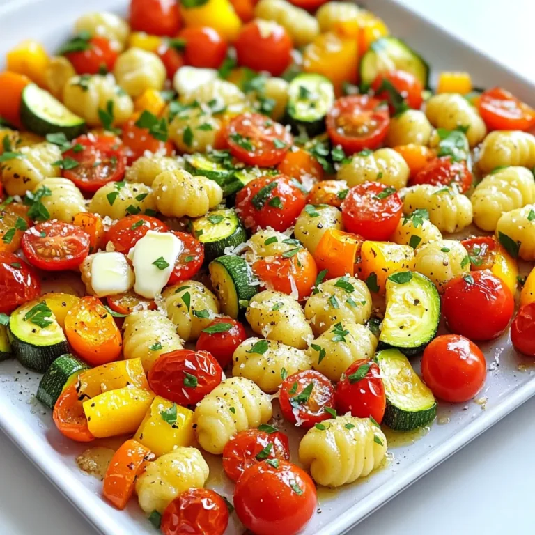 To make the Sheet-Pan Garlic Butter Gnocchi and Veggies, you will need: - 1 package (16 oz) gnocchi - 2 cups cherry tomatoes, halved - 1 cup zucchini, diced - 1 cup bell peppers, diced (your choice of colors) - 1/2 cup red onion, thinly sliced - 4 tablespoons unsalted butter, melted - 4 cloves garlic, finely minced - 1 teaspoon dried Italian herbs (a blend of oregano, basil, and thyme) - Salt and freshly cracked black pepper to taste - Fresh parsley, finely chopped (for garnish) - Grated Parmesan cheese (optional, for serving) Using the right measurements helps keep the dish balanced. If you need a substitute: - You can use frozen gnocchi instead of fresh. Just follow the package instructions for cooking. - Any colorful bell pepper works well. Feel free to mix red, yellow, or green. - Swap zucchini for yellow squash or eggplant if you prefer. - For a dairy-free option, use vegan butter in place of unsalted butter. - If you don’t have fresh parsley, try basil or cilantro for a different flavor. Choosing fresh veggies makes all the difference in flavor and health. Here are some tips: - Look for vibrant colors in bell peppers and tomatoes. Bright colors mean fresh and tasty. - Choose zucchini that feels firm and has smooth skin. Avoid any that seem soft or wrinkled. - For red onions, pick ones with a shiny surface and no dark spots. - If possible, buy organic produce for better taste and fewer chemicals. - Check the stem end of cherry tomatoes; it should be green and fresh-looking. These tips and ingredient details will help you create a delicious and colorful dish that everyone will enjoy! Start by preheating your oven to 400°F (200°C). This helps the gnocchi cook evenly. Next, grab a large baking sheet. Line it with parchment paper. Make sure the paper is smooth and flat. This will make cleanup a breeze. In a large mixing bowl, combine the gnocchi, halved cherry tomatoes, diced zucchini, diced bell peppers, and sliced red onion. Use a spatula to gently stir the mixture. It’s important to mix well so the veggies and gnocchi blend together. In a small bowl, whisk together the melted butter, minced garlic, dried Italian herbs, salt, and black pepper. This sauce adds a rich flavor to your dish. The garlic brings a nice kick, while the herbs add depth. Drizzle the garlic butter sauce over the gnocchi and veggies in the bowl. Toss everything well to make sure all pieces are coated. Then, spread the mixture onto the lined baking sheet in a single layer. This helps everything cook evenly. Bake for 20-25 minutes. Halfway through, stir the mix to promote even browning. Look for a golden-brown color and tender veggies. Once done, take the sheet pan out of the oven. Sprinkle fresh parsley over the dish for color and flavor. If you like cheese, add some grated Parmesan on top. Serve hot for the best taste. A light drizzle of olive oil can add a nice finish. To get gnocchi just right, follow these tips: - Use fresh gnocchi. Fresh gnocchi cooks better. - Cook in boiling water. Boil gnocchi for about 2-3 minutes. They are done when they float. - Don't overcrowd the pan. If you cook too much at once, they may stick together. - Bake until golden. In the oven, look for a nice golden color. This means they are crispy outside and soft inside. Enhance flavors in your dish with these ideas: - Add fresh herbs. Basil or thyme boosts taste. - Use quality butter. Good butter makes the sauce richer. - Experiment with spices. A pinch of red pepper flakes adds a kick. - Try different cheeses. Feta or goat cheese can change the flavor profile. Here are mistakes to watch for: - Using cold ingredients. They need to be at room temperature for even cooking. - Not stirring halfway. This can lead to uneven browning. - Ignoring cooking times. Keep an eye on your oven. Overcooking can ruin the dish. - Skipping garnishes. Fresh parsley or cheese adds color and flavor. These tips will make your Sheet-Pan Garlic Butter Gnocchi and Veggies stand out. Enjoy your cooking! {{image_4}} You can switch up the veggies in this dish. Try using asparagus, broccoli, or carrots. These options add new flavors and colors. You can also use spinach or kale for a leafy twist. Keep the basic cooking method the same. Just make sure to adjust the cooking time for denser veggies. To make this dish vegan, swap the butter for plant-based butter. You can also use olive oil instead. For cheese, try nutritional yeast or a vegan Parmesan. This keeps the dish creamy and flavorful without dairy. You won’t lose the taste, and it stays delicious. If you like heat, add red pepper flakes to the garlic butter. You can also toss in diced jalapeños for a spicy kick. Adjust the amount to your liking. If you prefer milder flavors, skip the heat. The dish will still be tasty and satisfying. After cooking your sheet-pan garlic butter gnocchi and veggies, let it cool. Place it on a wire rack for even cooling. Once cooled, transfer the dish to an airtight container. This helps keep the flavors fresh. Store it in the fridge for up to three days. To reheat, preheat your oven to 350°F (175°C). Spread the gnocchi and veggies on a baking sheet. Heat for about 10-15 minutes, stirring halfway through. This will keep them from drying out. You can also use the microwave. Heat in short bursts, stirring in between until hot. You can freeze the leftovers for later use. Place the cooled gnocchi and veggies in a freezer-safe container. Label it with the date. Frozen, it lasts up to three months. To thaw, move it to the fridge overnight. Reheat as mentioned above. This dish stays tasty even after freezing! Yes, you can use homemade gnocchi. It adds a personal touch. Homemade gnocchi often has a fresh taste. Ensure it’s cooked properly before using it in your dish. If your gnocchi is fresh, it may cook faster than store-bought. Keep an eye on it in the oven. To keep gnocchi firm, avoid overcooking it. Cook it just until it floats in boiling water. Drain it well before mixing with the veggies. The garlic butter sauce should coat it lightly. Spreading gnocchi in a single layer on the sheet pan helps too. Stir halfway through baking for even cooking. This dish goes great with a simple salad. A green salad with lemon dressing works well. Garlic bread or crusty rolls complement the flavors too. You could also serve it with a light soup, like a tomato or vegetable soup. These sides can enhance your meal's overall experience. Absolutely! Doubling the recipe is easy. Just make sure you have a larger sheet pan. You may need to bake it in batches. Watch the cooking time as it may vary. Stir halfway through to ensure even cooking for the larger batch. Using parchment paper is not strictly necessary. It helps with easy cleanup and prevents sticking. If you don’t have it, lightly grease the sheet pan. This will help the gnocchi and veggies cook well. Just be careful not to overcrowd the pan for the best results. This blog post covered all you need to know for a great gnocchi dish. We explored the key ingredients, shared detailed steps, and included helpful tips. Remember to choose fresh produce and pay attention to cooking time. Avoid common mistakes to get the best results. Variations let you customize the recipe to your taste. Finally, our storage tips will help you keep leftovers fresh. With this guidance, you will impress your family and friends with your cooking skills. Enjoy making your gnocchi!