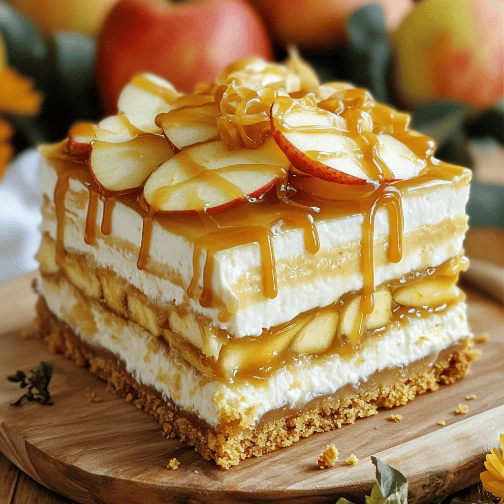 - 2 cups graham cracker crumbs - ½ cup unsalted butter, melted - 2 tablespoons brown sugar - 1 teaspoon ground cinnamon - 16 oz cream cheese, softened - 1 cup granulated sugar - ½ cup apple cider - 3 large eggs - 1 teaspoon vanilla extract - 1 tablespoon all-purpose flour - ½ teaspoon ground nutmeg - 1 cup caramel sauce - Sliced apples and extra caramel for garnish - Mixing bowls - Electric mixer - 9x13-inch baking dish - Parchment paper Gather these ingredients first. The graham cracker crumbs form a tasty crust. The melted butter binds it all. Brown sugar and cinnamon bring sweetness and warmth to the crust. For the cheesecake filling, you’ll need softened cream cheese. This is key for a smooth texture. Granulated sugar adds sweetness, while apple cider gives a nice twist. The eggs bind everything together. The vanilla extract adds flavor. Sifting in flour and nutmeg rounds out the filling. You will also want caramel sauce for that drizzly touch. Finally, sliced apples make a great garnish. With the right tools, your baking will go smoothly. Mixing bowls help combine ingredients. An electric mixer makes quick work of beating the cream cheese. The baking dish is where all the magic happens. Parchment paper ensures easy removal and cleanup. - Preheat the oven to 350°F (175°C). - Grease and line the baking dish with parchment paper. First, you want to get your oven ready. Preheating it helps the bars bake evenly. While the oven warms up, take your 9x13-inch baking dish. Grease it well and line the bottom with parchment paper. This makes it easier to lift the bars out later. - Combine graham cracker crumbs, melted butter, brown sugar, and cinnamon. - Press the mixture into the prepared baking dish and bake. In a big bowl, mix the graham cracker crumbs with melted butter, brown sugar, and cinnamon. Stir until everything is damp. Then, press this mixture firmly into the bottom of your baking dish. Bake it for about 10 minutes until it's lightly golden. Let it cool slightly before adding the filling. - Beat cream cheese and sugar until smooth. - Gradually add in apple cider, eggs, vanilla, and dry ingredients. - Pour filling over the cooled crust and swirl in caramel. Next, grab another bowl. Beat the softened cream cheese with granulated sugar until it's smooth. Slowly mix in the apple cider. Then add the eggs one at a time, mixing well after each. Don't forget the vanilla! Finally, sift in the all-purpose flour and ground nutmeg. Mix gently until combined. Pour this smooth filling over your cooled crust. Drizzle half of the caramel sauce on top and swirl it in with a knife for a pretty look. - Bake for 30-35 minutes. - Allow to cool at room temperature before chilling. Now, place the dish back into the oven. Bake for 30 to 35 minutes. The edges should look set, but the center can be a bit jiggly. This is normal! Once baked, take it out and let it cool at room temperature for about an hour. After that, cover and refrigerate for at least 4 hours. This cooling step makes the bars creamy and delicious. To get a smooth cheesecake batter, you need to beat the cream cheese well. Start with softened cream cheese. If it's cold, it will clump up. Use an electric mixer to mix it with granulated sugar. Beat them together until the mix is creamy and lump-free. This process is key for a great texture. Always let your ingredients sit out before you start. Room temperature eggs and cream cheese mix better. This small step makes a big difference in the end result. Swirling caramel into your cheesecake can be tricky. To keep the caramel swirl looking nice, add it in a pattern. Drizzle half of the caramel over the filling. Then, use a knife to swirl it gently. Don't mix it too much. You want those pretty lines of caramel to show. For the best results, use the right amount of caramel. Too much can make it too sweet and lose that swirl effect. Aim for a quarter-cup to half-cup for perfect flavor balance. Knowing when your cheesecake bars are done is important. Look for the edges to be set. The center should still jiggle a little. This means it will firm up nicely as it cools. Chilling your cheesecake bars is crucial. After baking, let them cool at room temperature for an hour. Then, cover and refrigerate for at least four hours. This time helps the bars set up and makes them easier to cut. Enjoy your delicious creation! {{image_4}} To make your Apple Cider Caramel Cheesecake Bars even more exciting, try adding spices. You can mix in 1/4 teaspoon of ground cloves or allspice. This can give a warm, cozy flavor that fits well with the apple cider. Another option is to incorporate citrus zest. A teaspoon of lemon zest or orange peel can brighten the taste. This adds a fresh note that balances the sweetness of the caramel. If you need gluten-free options, swap regular graham crackers for gluten-free ones. They work just as well in the crust. For those following a vegan diet, you can replace cream cheese with a plant-based version. Use silken tofu or vegan cream cheese. Instead of eggs, consider using flax eggs. Mix 1 tablespoon of ground flaxseed with 2.5 tablespoons of water for each egg. This will keep the bars creamy. When you serve these bars, think about pairings. A scoop of vanilla ice cream on the side is a perfect match. Whipped cream also adds a light touch that complements the richness. For garnishing, you can get creative. Try crushed nuts, like pecans or walnuts, for a crunchy texture. A sprinkle of cinnamon on top can also make the presentation pop. Consider drizzling extra caramel in a fun pattern for a beautiful finish. To keep your Apple Cider Caramel Cheesecake Bars fresh, refrigerate them right after they cool. Place them in an airtight container. This will help maintain their tasty flavors and creamy texture. If you want to wrap them, use plastic wrap. Make sure to cover them well to avoid air exposure. This helps prevent drying out. Store them in the fridge for up to five days. If you want to save some bars for later, freezing is a great option. First, cut the bars into squares. Then, wrap each square in plastic wrap. After that, place the wrapped bars in a freezer-safe bag or container. Be sure to remove as much air as possible. Frozen bars can last up to three months. When you're ready to enjoy them, take the bars out of the freezer. Place them in the fridge overnight. This slow thawing keeps their taste and texture. You can also thaw them at room temperature for about two hours. Enjoy your delicious dessert anytime! You can tell when the cheesecake bars are done by looking at the edges. The edges should look set and firm. The center should still jiggle a bit when you shake the pan. This jiggle means the filling is creamy. It will firm up as it cools. Yes, you can make these cheesecake bars ahead of time! After baking, let them cool at room temperature for about an hour. Then, cover and chill them in the fridge for at least four hours. You can even make them a day before. This gives the flavors time to blend. Absolutely! You can use other apples if you like. Granny Smith apples give a tart taste. Honeycrisps add sweetness and crunch. You can also try Fuji or Gala apples. Each apple will change the flavor a little, so pick your favorite! If you need a cream cheese substitute, you have options. You can use Greek yogurt for a lighter version. Silken tofu can also work, making it vegan-friendly. For a richer taste, try mascarpone cheese. Each will change the flavor, so choose what fits your needs best. This blog post covered a tasty cheesecake recipe with a crunchy crust and creamy filling. We discussed key ingredients, tools needed, and step-by-step instructions. You learned essential tips for smooth batter and perfect caramel. We also explored variations and storage methods for your cheesecake bars. In conclusion, this cheesecake is a crowd-pleaser. Use the tips to make it your own. Enjoy sharing this dessert with friends and family!