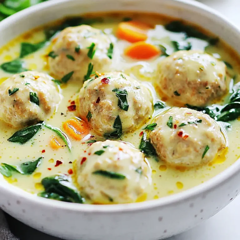- 1 lb ground chicken - 1/4 cup breadcrumbs - 1/4 cup grated Parmesan cheese - 1 large egg - 3 cloves garlic, minced - 1 teaspoon dried Italian herbs - Salt and pepper to taste - 4 cups chicken broth - 1 cup heavy cream - 2 cups baby spinach - 1 cup carrots, diced - 1 cup celery, diced - 1/2 teaspoon red pepper flakes (optional) - Fresh parsley, chopped (for garnish) To make sure your soup turns out right, precise measurements matter. Here’s a quick guide: - Ground chicken: 1 pound is about 16 ounces. It provides a hearty base. - Breadcrumbs: 1/4 cup helps bind the meatballs. - Parmesan cheese: 1/4 cup adds flavor. - Egg: 1 large egg binds the ingredients. - Garlic: Use 3 cloves for a strong taste. - Dried Italian herbs: 1 teaspoon gives a nice herbal note. - Broth: 4 cups is the liquid base. - Heavy cream: 1 cup makes it creamy. - Spinach: 2 cups add color and nutrition. - Carrots and celery: 1 cup each for sweetness and crunch. - Red pepper flakes: 1/2 teaspoon adds heat, if you like. If you need to swap any ingredients, here are some ideas: - Ground chicken can be replaced with ground turkey for a leaner option. - Breadcrumbs can be substituted with crushed crackers or oats. - Parmesan cheese can be swapped with pecorino for a sharper taste. - Heavy cream can be replaced with coconut milk for a dairy-free version. - Spinach can be changed to kale or Swiss chard for a different green. - Carrots and celery can be replaced with bell peppers or zucchini. These swaps keep the soup tasty while catering to your needs. Enjoy crafting this delicious meal! {{ingredient_image_2}} First, gather your ingredients. You need ground chicken, breadcrumbs, Parmesan cheese, an egg, minced garlic, dried herbs, salt, and pepper. In a large mixing bowl, combine these items. Use your hands or a spoon to mix them well. Ensure every ingredient is blended. This step is key for tasty meatballs. After mixing, roll the mixture into small meatballs, about 1 inch in size. Place them on a tray as you shape them. Next, heat olive oil in a large pot or Dutch oven over medium heat. Add diced carrots and celery. Sauté these veggies for about five minutes. You want them to soften and smell fragrant. This adds great flavor to the soup. Once the vegetables are ready, it’s time to move on. Now, pour in four cups of chicken broth. Stir gently to mix the broth with the sautéed vegetables. Bring this mixture to a gentle simmer. When it starts to bubble, carefully add the meatballs to the pot. They should float when fully cooked, which takes about 10 to 12 minutes. This is where the magic happens! After the meatballs are cooked, lower the heat. Stir in one cup of heavy cream and two cups of baby spinach. Allow the soup to cook for an additional three to five minutes. You want the spinach to wilt and the soup to warm up. If you like a bit of heat, add red pepper flakes. Taste the soup and adjust with salt and pepper as needed. Finally, ladle the soup into bowls and sprinkle fresh parsley on top. This adds a lovely touch before you serve! To make great meatballs, start with fresh ingredients. Use ground chicken that is not too lean. A bit of fat helps keep them moist. Combine the chicken with breadcrumbs, Parmesan cheese, eggs, garlic, and herbs in a bowl. I prefer mixing with my hands for better texture. Roll the mixture into small balls, about one inch wide. This size cooks evenly and stays tender. - Avoid over-mixing; this can make your meatballs tough. - If the mixture feels too wet, add more breadcrumbs. - Chill the formed meatballs for 15 minutes. This helps them hold their shape while cooking. To make the soup creamy, use heavy cream. Add it after the meatballs are cooked. This ensures the cream does not curdle. Stir the cream gently into the broth. The soup should simmer, not boil, after adding the cream. This helps keep the soup smooth and velvety. - For extra flavor, consider adding a splash of lemon juice. - If you want a lighter version, use half-and-half instead of heavy cream. - Always taste the soup before serving. Adjust the seasoning to your liking. Serve the creamy garlic chicken meatball soup in rustic bowls. This adds a cozy touch. I like to garnish with fresh chopped parsley for color. Pair it with crusty bread for dipping. This adds a crunchy texture to every bite. For a fun twist, serve with a sprinkle of red pepper flakes for a bit of heat. - You can also add a sprinkle of extra Parmesan on top. - Consider a side salad for a complete meal. - This soup is perfect for sharing with family and friends. Pro Tips Use Fresh Herbs: Fresh herbs can elevate the flavor of your soup. Consider adding fresh basil or thyme just before serving for a burst of freshness. Adjust the Consistency: If you prefer a thicker soup, you can add a bit more cream or even a cornstarch slurry to achieve your desired consistency. Make Ahead: This soup can be made ahead of time. Simply store the meatballs and soup separately in the fridge and combine them when ready to serve. Flavor Boost: For extra flavor, try adding a splash of white wine to the broth before simmering the meatballs. It adds depth to the overall taste. {{image_4}} You can boost the taste of your soup with some fun add-ins. Try adding diced onions when you sauté the vegetables. Onions add a sweet flavor that pairs well with garlic. You can also toss in some mushrooms for an earthy touch. They add both flavor and texture. For those who love heat, consider extra red pepper flakes. They will spice things up. You can also add fresh herbs like basil or thyme for a bright flavor. These herbs enhance the aroma and taste of your soup. To make this soup healthier, consider swapping heavy cream for a lighter option. Use half-and-half or coconut milk instead. These choices cut down on calories while keeping a creamy texture. You can also add more veggies. Try bell peppers, zucchini, or even kale for extra nutrients. If you want protein, add beans. Great northern beans or chickpeas work well. These legumes provide fiber and make the soup more filling. You can also use lean ground turkey instead of chicken for a leaner meat option. You can easily turn this soup into a vegetarian dish. Replace the ground chicken with lentils or plant-based meat. Lentils are protein-rich and add a nice texture. For the broth, use vegetable broth instead of chicken broth. This keeps the flavor rich and satisfying. You can also add tofu for a protein boost. Cubed firm tofu works great in soups. Just let it simmer to soak up all the flavors. Lastly, don’t forget to add more vegetables. Think about corn, peas, or even sweet potatoes for a hearty twist. To store leftovers, let the soup cool down first. Once cooled, transfer the soup to an airtight container. You can keep it in the fridge for up to three days. Make sure to label the container with the date. When you're ready to enjoy it again, pour the soup into a pot. Heat it over medium heat, stirring gently. If the soup is too thick, add a splash of chicken broth or water. This will help bring back its creamy texture. Heat until it’s warm all the way through. If you want to freeze the soup, do this before adding the cream and spinach. The texture will stay better that way. Place the cooled soup in a freezer-safe container. Be sure to leave some space at the top, as it will expand when frozen. It can last in the freezer for up to three months. When you’re ready to eat, thaw it in the fridge overnight and then follow the reheating instructions. Yes, you can use ground turkey instead of chicken. Turkey has a mild taste and works well in meatballs. It offers a leaner option if you're looking for a lighter meal. Just follow the same steps in the recipe. The meatballs will still be flavorful and tender. To make this soup dairy-free, swap the heavy cream for coconut milk or a nut milk. Both options will add creaminess without dairy. You can also use a dairy-free cream substitute available in stores. Adjust the seasoning if needed to keep the flavor balanced. You can add fresh herbs like basil or thyme for more flavor. Dried herbs like rosemary or dill also work great. Feel free to mix and match according to your taste. These herbs will enhance the soup's aroma and depth, making it even more comforting. This blog post covered how to make creamy garlic chicken meatball soup. We discussed the ingredients you need and how to prepare each part of the dish. I shared tips for making perfect meatballs and how to get that creamy texture. Plus, we explored flavor variations and storage methods. This soup is easy to modify to fit your taste. Enjoy your cooking and have fun with this recipe!