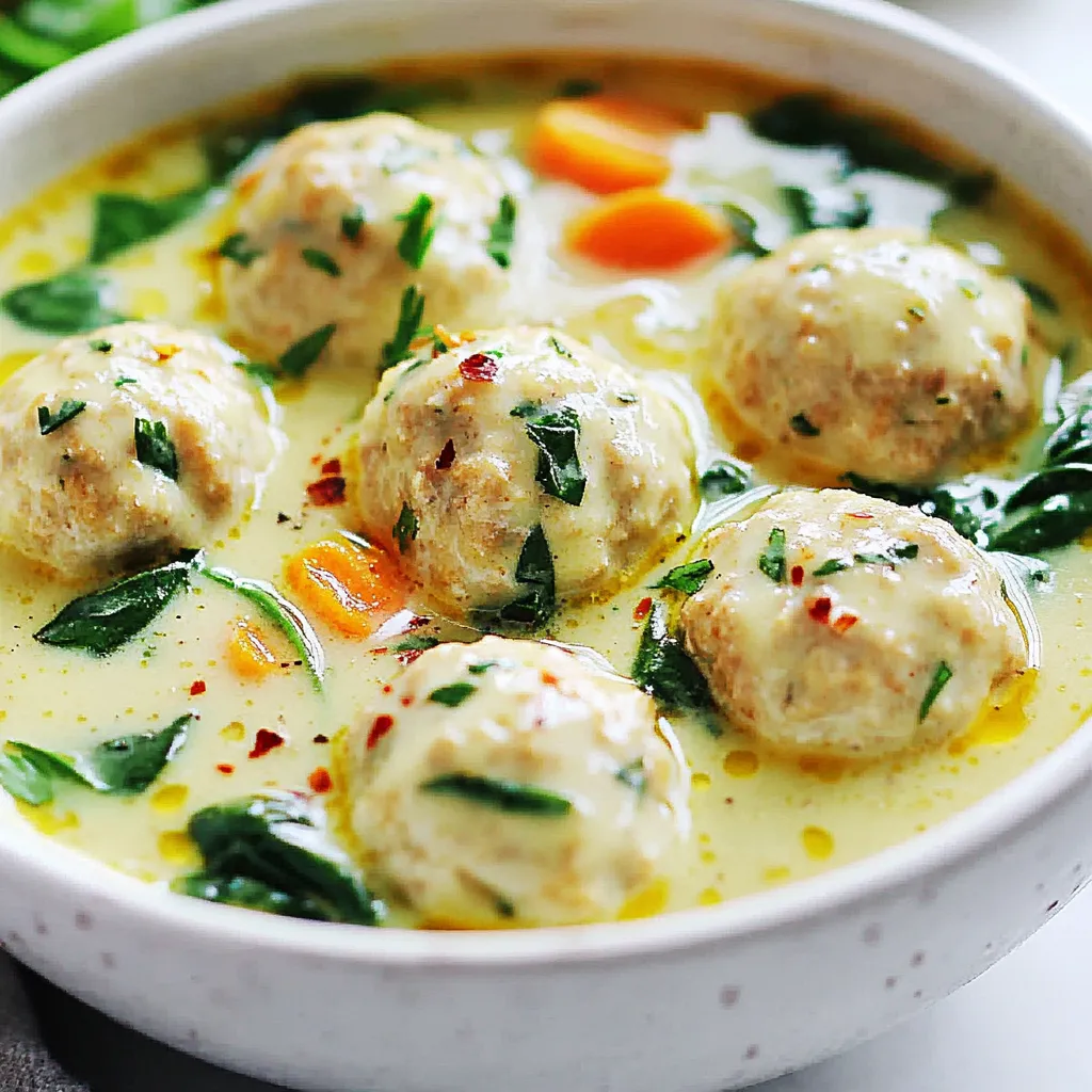 - 1 lb ground chicken - 1/4 cup breadcrumbs - 1/4 cup grated Parmesan cheese - 1 large egg - 3 cloves garlic, minced - 1 teaspoon dried Italian herbs - Salt and pepper to taste - 4 cups chicken broth - 1 cup heavy cream - 2 cups baby spinach - 1 cup carrots, diced - 1 cup celery, diced - 1/2 teaspoon red pepper flakes (optional) - Fresh parsley, chopped (for garnish) To make sure your soup turns out right, precise measurements matter. Here’s a quick guide: - Ground chicken: 1 pound is about 16 ounces. It provides a hearty base. - Breadcrumbs: 1/4 cup helps bind the meatballs. - Parmesan cheese: 1/4 cup adds flavor. - Egg: 1 large egg binds the ingredients. - Garlic: Use 3 cloves for a strong taste. - Dried Italian herbs: 1 teaspoon gives a nice herbal note. - Broth: 4 cups is the liquid base. - Heavy cream: 1 cup makes it creamy. - Spinach: 2 cups add color and nutrition. - Carrots and celery: 1 cup each for sweetness and crunch. - Red pepper flakes: 1/2 teaspoon adds heat, if you like. If you need to swap any ingredients, here are some ideas: - Ground chicken can be replaced with ground turkey for a leaner option. - Breadcrumbs can be substituted with crushed crackers or oats. - Parmesan cheese can be swapped with pecorino for a sharper taste. - Heavy cream can be replaced with coconut milk for a dairy-free version. - Spinach can be changed to kale or Swiss chard for a different green. - Carrots and celery can be replaced with bell peppers or zucchini. These swaps keep the soup tasty while catering to your needs. Enjoy crafting this delicious meal! {{ingredient_image_2}} First, gather your ingredients. You need ground chicken, breadcrumbs, Parmesan cheese, an egg, minced garlic, dried herbs, salt, and pepper. In a large mixing bowl, combine these items. Use your hands or a spoon to mix them well. Ensure every ingredient is blended. This step is key for tasty meatballs. After mixing, roll the mixture into small meatballs, about 1 inch in size. Place them on a tray as you shape them. Next, heat olive oil in a large pot or Dutch oven over medium heat. Add diced carrots and celery. Sauté these veggies for about five minutes. You want them to soften and smell fragrant. This adds great flavor to the soup. Once the vegetables are ready, it’s time to move on. Now, pour in four cups of chicken broth. Stir gently to mix the broth with the sautéed vegetables. Bring this mixture to a gentle simmer. When it starts to bubble, carefully add the meatballs to the pot. They should float when fully cooked, which takes about 10 to 12 minutes. This is where the magic happens! After the meatballs are cooked, lower the heat. Stir in one cup of heavy cream and two cups of baby spinach. Allow the soup to cook for an additional three to five minutes. You want the spinach to wilt and the soup to warm up. If you like a bit of heat, add red pepper flakes. Taste the soup and adjust with salt and pepper as needed. Finally, ladle the soup into bowls and sprinkle fresh parsley on top. This adds a lovely touch before you serve! To make great meatballs, start with fresh ingredients. Use ground chicken that is not too lean. A bit of fat helps keep them moist. Combine the chicken with breadcrumbs, Parmesan cheese, eggs, garlic, and herbs in a bowl. I prefer mixing with my hands for better texture. Roll the mixture into small balls, about one inch wide. This size cooks evenly and stays tender. - Avoid over-mixing; this can make your meatballs tough. - If the mixture feels too wet, add more breadcrumbs. - Chill the formed meatballs for 15 minutes. This helps them hold their shape while cooking. To make the soup creamy, use heavy cream. Add it after the meatballs are cooked. This ensures the cream does not curdle. Stir the cream gently into the broth. The soup should simmer, not boil, after adding the cream. This helps keep the soup smooth and velvety. - For extra flavor, consider adding a splash of lemon juice. - If you want a lighter version, use half-and-half instead of heavy cream. - Always taste the soup before serving. Adjust the seasoning to your liking. Serve the creamy garlic chicken meatball soup in rustic bowls. This adds a cozy touch. I like to garnish with fresh chopped parsley for color. Pair it with crusty bread for dipping. This adds a crunchy texture to every bite. For a fun twist, serve with a sprinkle of red pepper flakes for a bit of heat. - You can also add a sprinkle of extra Parmesan on top. - Consider a side salad for a complete meal. - This soup is perfect for sharing with family and friends. Pro Tips Use Fresh Herbs: Fresh herbs can elevate the flavor of your soup. Consider adding fresh basil or thyme just before serving for a burst of freshness. Adjust the Consistency: If you prefer a thicker soup, you can add a bit more cream or even a cornstarch slurry to achieve your desired consistency. Make Ahead: This soup can be made ahead of time. Simply store the meatballs and soup separately in the fridge and combine them when ready to serve. Flavor Boost: For extra flavor, try adding a splash of white wine to the broth before simmering the meatballs. It adds depth to the overall taste. {{image_4}} You can boost the taste of your soup with some fun add-ins. Try adding diced onions when you sauté the vegetables. Onions add a sweet flavor that pairs well with garlic. You can also toss in some mushrooms for an earthy touch. They add both flavor and texture. For those who love heat, consider extra red pepper flakes. They will spice things up. You can also add fresh herbs like basil or thyme for a bright flavor. These herbs enhance the aroma and taste of your soup. To make this soup healthier, consider swapping heavy cream for a lighter option. Use half-and-half or coconut milk instead. These choices cut down on calories while keeping a creamy texture. You can also add more veggies. Try bell peppers, zucchini, or even kale for extra nutrients. If you want protein, add beans. Great northern beans or chickpeas work well. These legumes provide fiber and make the soup more filling. You can also use lean ground turkey instead of chicken for a leaner meat option. You can easily turn this soup into a vegetarian dish. Replace the ground chicken with lentils or plant-based meat. Lentils are protein-rich and add a nice texture. For the broth, use vegetable broth instead of chicken broth. This keeps the flavor rich and satisfying. You can also add tofu for a protein boost. Cubed firm tofu works great in soups. Just let it simmer to soak up all the flavors. Lastly, don’t forget to add more vegetables. Think about corn, peas, or even sweet potatoes for a hearty twist. To store leftovers, let the soup cool down first. Once cooled, transfer the soup to an airtight container. You can keep it in the fridge for up to three days. Make sure to label the container with the date. When you're ready to enjoy it again, pour the soup into a pot. Heat it over medium heat, stirring gently. If the soup is too thick, add a splash of chicken broth or water. This will help bring back its creamy texture. Heat until it’s warm all the way through. If you want to freeze the soup, do this before adding the cream and spinach. The texture will stay better that way. Place the cooled soup in a freezer-safe container. Be sure to leave some space at the top, as it will expand when frozen. It can last in the freezer for up to three months. When you’re ready to eat, thaw it in the fridge overnight and then follow the reheating instructions. Yes, you can use ground turkey instead of chicken. Turkey has a mild taste and works well in meatballs. It offers a leaner option if you're looking for a lighter meal. Just follow the same steps in the recipe. The meatballs will still be flavorful and tender. To make this soup dairy-free, swap the heavy cream for coconut milk or a nut milk. Both options will add creaminess without dairy. You can also use a dairy-free cream substitute available in stores. Adjust the seasoning if needed to keep the flavor balanced. You can add fresh herbs like basil or thyme for more flavor. Dried herbs like rosemary or dill also work great. Feel free to mix and match according to your taste. These herbs will enhance the soup's aroma and depth, making it even more comforting. This blog post covered how to make creamy garlic chicken meatball soup. We discussed the ingredients you need and how to prepare each part of the dish. I shared tips for making perfect meatballs and how to get that creamy texture. Plus, we explored flavor variations and storage methods. This soup is easy to modify to fit your taste. Enjoy your cooking and have fun with this recipe!