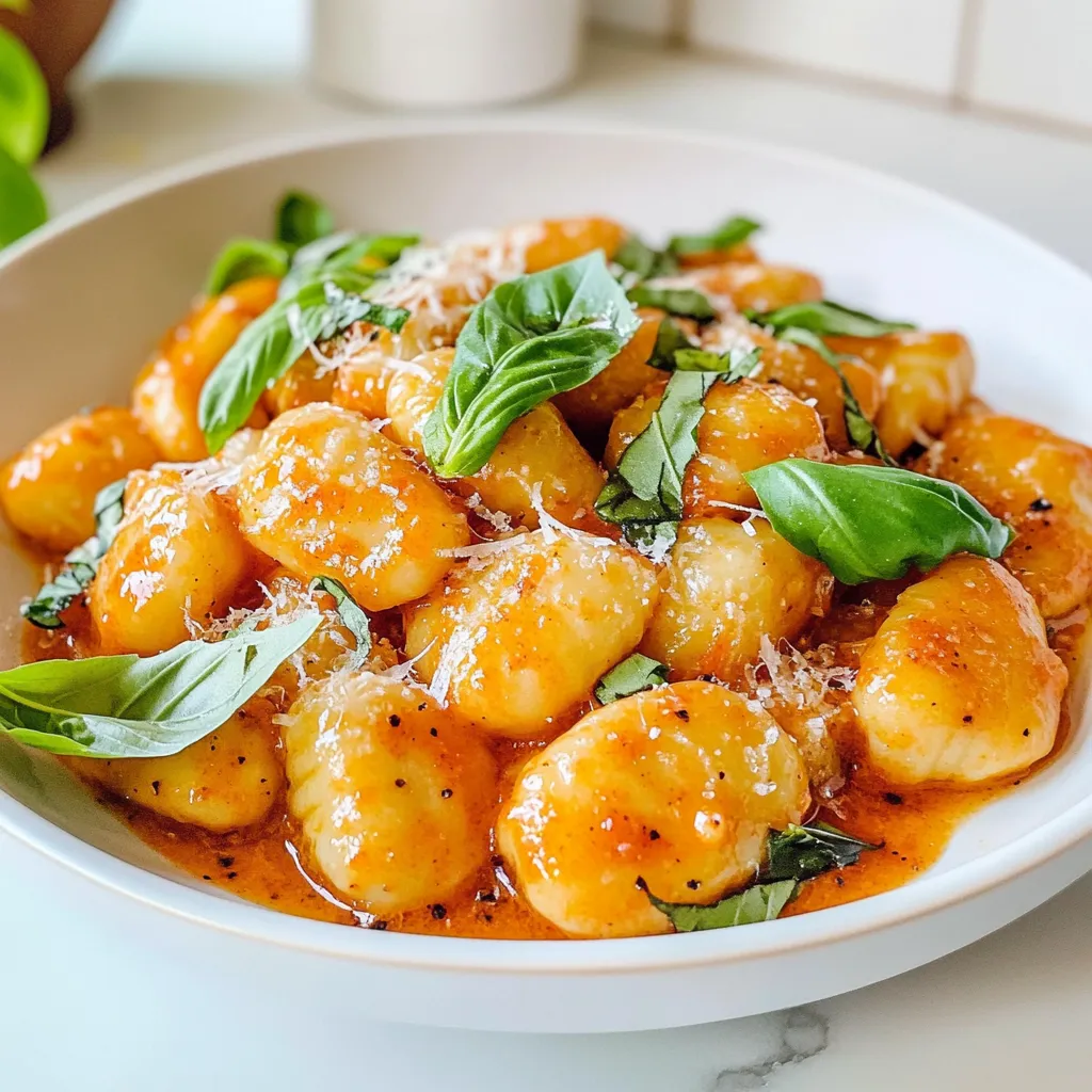 - 1 pound gnocchi (fresh or store-bought) - 2 large red bell peppers, roasted and peeled - 1 cup heavy cream - 1 small onion, finely chopped - 2 cloves garlic, minced - 1 tablespoon olive oil - 1 teaspoon dried oregano - 1/2 teaspoon smoked paprika - Salt and pepper to taste - Fresh basil leaves for garnish - Grated Parmesan cheese for serving (optional) Creating the perfect creamy red pepper gnocchi starts with choosing the right ingredients. Gnocchi, whether fresh or store-bought, serves as the base. Look for soft, pillowy gnocchi that will absorb the sauce well. Using roasted red bell peppers adds a sweet and smoky flavor. Roasting them at a high temperature brings out their natural sweetness. Once roasted and peeled, they blend into a creamy sauce that coats the gnocchi beautifully. Heavy cream is essential for that rich and smooth texture. It adds depth while balancing the bold flavors of the peppers. The small onion adds a touch of sweetness, enhancing the sauce's overall flavor. For aromatics, minced garlic and olive oil create a fragrant base. Dried oregano and smoked paprika add warmth and complexity. Finally, salt and pepper bring all the flavors together. Don't forget the garnishes! Fresh basil leaves add brightness, while grated Parmesan cheese gives a savory finish. These simple ingredients come together to create a dish that feels gourmet yet comforting. {{ingredient_image_2}} - Preheat the oven to 450°F (232°C). - Cut the red bell peppers in half and remove the seeds. - Place them cut-side down on a baking sheet lined with parchment paper. - Roast for about 20 minutes, until the skins are charred and blistered. - Transfer the peppers to a bowl and cover it with plastic wrap to steam. - After a few minutes, peel off the charred skins and set aside. Roasting red peppers brings out their sweet flavor. The charred skin adds a smoky note. This step is key for a rich sauce. - In a large skillet, heat 1 tablespoon of olive oil over medium heat. - Add the finely chopped onion and sauté for about 5 minutes. - Cook until the onion becomes soft and translucent. - Stir in 2 cloves of minced garlic and cook for an additional minute. Sautéing the onion and garlic builds a strong flavor base. Their aroma fills your kitchen, making it inviting. - Add the peeled roasted red peppers to the skillet. - Mix in 1 teaspoon of dried oregano, 1/2 teaspoon of smoked paprika, and a pinch of salt and pepper. - Cook the mixture for 3-4 minutes to blend the flavors. - Transfer this mixture to a blender and blend until smooth. - Return the puree to the skillet and stir in 1 cup of heavy cream. - Taste the sauce and adjust the seasoning if needed. The sauce should be creamy and vibrant. The spices add depth, while the cream balances the heat. - Bring a large pot of salted water to a boil. - Add 1 pound of gnocchi and cook according to package instructions. - Wait until they float to the surface, about 2-3 minutes. - Drain the gnocchi and gently fold them into the creamy red pepper sauce. Cooking gnocchi is quick and easy. When they float, they are ready to soak up the sauce. - Plate the gnocchi immediately for the best texture. - Garnish with fresh basil leaves for color and flavor. - Optionally, sprinkle grated Parmesan cheese on top. Presentation matters! Serve in shallow bowls with extra sauce for a beautiful dish. - Ensure peppers are fully charred for deeper flavor. Charred skin adds great taste. Roast them until they are blackened. This step is key. - Taste and adjust seasoning during the blending process. After blending, take a moment to taste your sauce. You can add more salt or spice. - Serve in shallow bowls with extra cream drizzled on top. This makes the dish look rich and inviting. A drizzle of cream adds a nice touch. - Use fresh basil and Parmesan for enhanced flavor and color. Fresh basil and Parmesan make your dish pop! They bring both taste and visual appeal. - What to do if the sauce is too thick or thin? If your sauce is too thick, add a splash of water or extra cream. Stir well to combine. If it is too thin, cook it a bit longer to thicken. This will help it coat the gnocchi better. Pro Tips Roast Peppers for Maximum Flavor: The roasting process enhances the sweetness of the peppers and adds a smoky depth to the sauce. Don't skip this step! Use Fresh Gnocchi for Best Texture: If possible, opt for fresh gnocchi over packaged ones, as they tend to have a lighter, more delicate texture. Adjust Cream for Desired Richness: Feel free to add more or less heavy cream depending on how rich you want the sauce to be. You can also substitute with half-and-half for a lighter version. Garnish for Visual Appeal: Adding fresh basil and Parmesan not only enhances the flavor but also makes your dish look more appetizing and colorful. {{image_4}} You can easily adapt this dish to fit your diet. For a vegan option, replace heavy cream with coconut cream. This swap gives a nice, creamy texture without dairy. If you need gluten-free gnocchi, look for gluten-free varieties in stores. They work just as well and taste great! To spice things up, add crushed red pepper to the sauce. This brings a delightful heat that pairs well with the creamy flavor. If you want extra nutrition, toss in some spinach or kale. These greens not only boost the health factor but also add vibrant color to your dish. Feel free to experiment with bell peppers. You can use yellow or orange peppers for a sweeter taste. If you're feeling adventurous, try making homemade gnocchi. Fresh gnocchi can elevate the dish with its soft and tender texture. Each variation can bring a new twist to your creamy red pepper gnocchi! Store leftovers in an airtight container in the fridge. They can stay fresh for about 3 days. Make sure to let the dish cool down before sealing it. This helps keep the flavors intact. You can freeze gnocchi and sauce separately. First, let the sauce cool completely. Then, pour the sauce into freezer-safe bags. For the gnocchi, spread them on a baking sheet. Freeze them for about an hour. Once frozen, transfer them to bags. They will keep well for up to 2 months. To reheat, you can use the stovetop or microwave. For the stovetop, add the sauce to a pan over low heat. Stir until warm, then add the gnocchi. If using the microwave, place the gnocchi and sauce in a bowl. Heat in short intervals, stirring in between. This helps keep the texture smooth and creamy. Gnocchi is a type of pasta made from a few simple ingredients. You need: - 1 pound of gnocchi (fresh or store-bought) - Potatoes or flour - Eggs (some recipes) These ingredients create a soft, pillowy texture that pairs well with many sauces. You can store creamy red pepper gnocchi in the fridge for up to three days. Keep it in an airtight container. If you want to store it longer, consider freezing it. This keeps the flavors fresh and delicious. Yes! You can prepare the sauce and cook the gnocchi in advance. First, make the creamy red pepper sauce and let it cool. Store it in the fridge. Cook the gnocchi just before serving. This helps keep the gnocchi light and fluffy. In this article, we explored how to make creamy red pepper gnocchi from scratch. We covered essential ingredients, step-by-step cooking instructions, and tips to enhance flavor. With variations to suit different diets and storage methods to keep leftovers fresh, you can enjoy this dish your way. Simple yet delicious, this gnocchi is a great meal for any occasion. Try it out and impress your family and friends with your cooking skills!