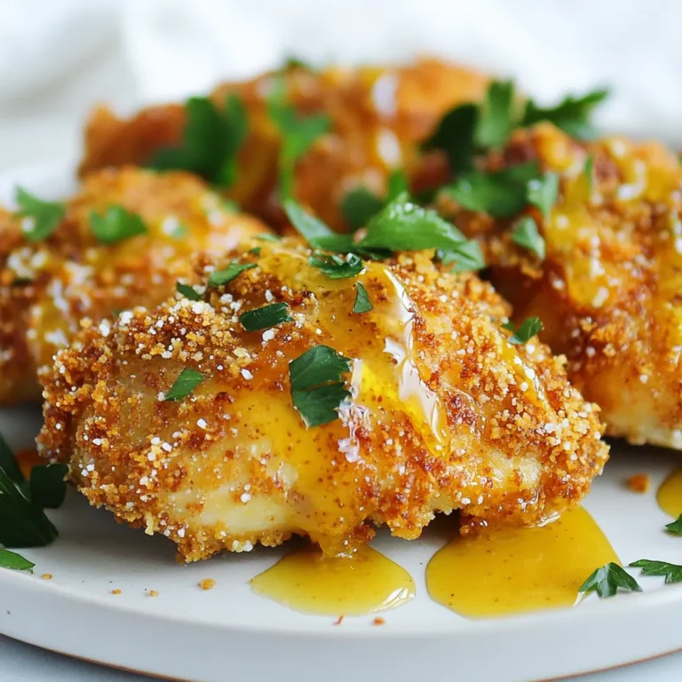- 4 boneless, skinless chicken breasts - 1 cup pretzel crumbs (finely crushed pretzels) - 1/2 cup whole wheat breadcrumbs - 1/2 cup Dijon mustard - 1/4 cup honey - 1 teaspoon garlic powder - 1 teaspoon onion powder - Salt and pepper to taste - 2 tablespoons olive oil - Fresh parsley, chopped (for garnish) You can use panko breadcrumbs instead of pretzel crumbs. They add a nice crunch too. If you want a twist, try using spicy mustard or maple syrup in place of honey. These swaps can change the flavor and vibe of the dish. When choosing chicken breasts, look for ones that are pink and firm. Avoid those that look dull or have a smell. For pretzels, look for hard, crunchy types. They crush better and give a great texture. Avoid the soft pretzels; they won’t work well for this recipe. {{ingredient_image_2}} First, I preheat my oven to 400°F (200°C). This step is key for a crispy finish. Next, I prepare a baking sheet by lining it with parchment paper. This prevents the chicken from sticking and makes cleanup easy. I grab a small mixing bowl. I combine 1/2 cup of Dijon mustard, 1/4 cup of honey, 1 teaspoon of garlic powder, 1 teaspoon of onion powder, salt, and pepper. I whisk this mixture until it is smooth. Then, I set aside 1/4 cup of this sauce for later. I take 4 boneless, skinless chicken breasts and place them in a shallow dish or zip-top bag. I pour the honey mustard mixture over the chicken. I make sure each piece is coated well. For the best flavor, I let the chicken marinate for at least 15 minutes. In a separate bowl, I mix 1 cup of pretzel crumbs with 1/2 cup of whole wheat breadcrumbs. After marinating, I take the chicken out of the sauce. I let any extra sauce drip off. I then dredge each chicken breast in the breadcrumb mixture, pressing down lightly so the crumbs stick. Before baking, I drizzle each piece with olive oil to boost crispiness. I place the coated chicken on the prepared baking sheet. I bake the chicken for 20-25 minutes. I check that it is golden brown and cooked through. A meat thermometer should read 165°F (74°C) for safety. After baking, I take the chicken out of the oven and let it rest for a few minutes. This helps keep it juicy. Before serving, I drizzle the reserved honey mustard sauce over the chicken. For a pop of color, I garnish with freshly chopped parsley. To get a crunchy coating on your chicken, start by preheating your oven to 400°F (200°C). This ensures even cooking. I recommend using a baking sheet lined with parchment paper. It helps the chicken not stick. Next, oiling the breadcrumbs is key. Drizzle a little olive oil over them before coating the chicken. This adds flavor and makes them crisp. To boost the taste of your chicken, think about adding extra spices. You can mix in paprika or cayenne for some heat. A pinch of smoked paprika gives a nice depth. Fresh herbs like thyme or rosemary can also elevate the dish. Chop them finely and mix them into the pretzel crumbs. The fresh herbs will add a burst of flavor. For the best side dishes, consider serving the chicken with roasted veggies or a simple salad. Mashed potatoes or quinoa also pair well. For presentation, slice the chicken into strips for easy serving. Arrange it on a platter and drizzle the reserved honey mustard sauce on top. Garnish with chopped parsley to add a bright touch. It makes the dish look fresh and inviting. Pro Tips Marinate for Flavor: Allow the chicken to marinate for at least 30 minutes to 1 hour for deeper flavor penetration. If time permits, marinating overnight in the refrigerator will yield even better results. Coat Evenly: When dredging the chicken in the breadcrumb mixture, press down firmly to ensure the crumbs adhere well. This will create a thicker, crunchier crust when baked. Use a Meat Thermometer: To ensure perfectly cooked chicken, use a meat thermometer to check that the internal temperature reaches 165°F (74°C). This will prevent overcooking and keep the chicken juicy. Garnish for Presentation: Don’t skip the fresh parsley garnish! It adds a pop of color and a hint of freshness that enhances the overall presentation of the dish. {{image_4}} You can tweak the flavor of Honey Mustard Pretzel Chicken in fun ways. For a sweet and spicy kick, add hot sauce to the honey mustard mix. Just a few drops can turn up the heat. You can also play around with different mustards. Try spicy brown mustard or whole grain mustard for added texture. Each choice brings new taste and excitement to your dish. You can easily adapt this recipe for air frying. Air fryers cook chicken quickly and keep it crispy. Set your air fryer to 375°F (190°C) and cook for about 15-20 minutes. Remember to flip the chicken halfway for even cooking. If you crave a smoky flavor, grilling is a great option. Grill the coated chicken over medium heat for about 6-8 minutes per side. This method adds a charred taste that pairs well with the honey mustard. For those who need gluten-free meals, make this dish with gluten-free pretzel crumbs. You can find these at most grocery stores. They provide the same crunch as regular pretzels. If you need a binder, use egg or a mixture of water and cornstarch. This will help the crumbs stick to the chicken just right. Enjoy your crunchy, flavorful meal without worry! To store leftover Honey Mustard Pretzel Chicken, use airtight containers. Glass or plastic containers work well. Make sure the chicken cools first. You can keep it in the fridge for up to three days. This way, it stays fresh and tasty. When reheating, keep the chicken's crunch. The oven is best for this. Preheat your oven to 350°F (175°C). Place the chicken on a baking sheet. Heat for about 10-15 minutes. This helps keep it crispy. If you use a microwave, heat in short bursts. Check often to avoid soggy chicken. To freeze the chicken, wrap it tightly in plastic wrap. Then place it in a freezer bag. This prevents freezer burn. The chicken can last for up to three months. When ready to eat, thaw it in the fridge overnight. Reheat in the oven for the best texture. I recommend marinating the chicken for at least 15 minutes. This time helps the chicken soak up the honey mustard flavor. For a deeper taste, you can marinate it for up to 2 hours. Just remember to keep it in the fridge while it marinates. Yes, you can use boneless chicken thighs. They have more fat, so they stay juicy and tender. If you use thighs, check them a bit earlier. They may take 5-10 minutes less to cook than breasts. If pretzel crumbs are not available, you can use panko breadcrumbs or regular bread crumbs. Crush some crackers or chips for a fun twist. Each option will change the taste a bit, but they will still add crunch. To check if the chicken is done, use a meat thermometer. The inside should reach 165°F (74°C). If you don’t have a thermometer, cut into a piece to check. The meat should be white, and the juices should run clear. Yes, this recipe is great for meal prep. You can make the chicken in advance and store it in the fridge. It stays good for 3-4 days. Just reheat it in the oven or microwave when you're ready to eat. This blog post covers all you need for Honey Mustard Pretzel Chicken. We discussed key ingredients, cooking methods, and tips for perfecting your dish. I shared ideas for variations like gluten-free options and different flavor profiles. You now have all the tools to create a tasty meal. Enjoy making this simple, delicious chicken and impress yourself and your guests. Each bite promises to be flavorful and satisfying. Get cooking and make it your own!