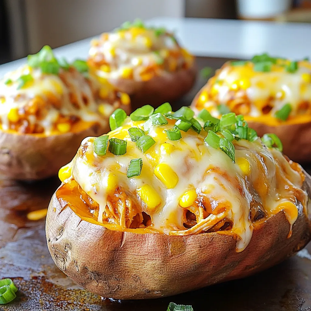 - 4 medium sweet potatoes - 2 cups shredded cooked chicken - 1/2 cup barbecue sauce - 1/2 cup corn - 1/2 cup black beans - 1/2 cup shredded cheddar cheese - 1/4 cup green onions - 1 tablespoon olive oil - Salt and pepper to taste - Sour cream - Diced avocado - Sliced jalapeños The main ingredients in BBQ chicken stuffed sweet potatoes create a rich and hearty meal. Sweet potatoes offer a sweet and creamy base. Shredded chicken adds protein and flavor. A good barbecue sauce gives a smoky touch, enhancing the dish. In addition, corn and black beans add texture and nutrients. Corn brings sweetness, while black beans add fiber. Shredded cheddar cheese melts beautifully on top, giving a savory finish. The green onions add a fresh crunch, balancing the flavors. You can customize your meal with optional toppings. Sour cream adds creaminess, while diced avocado brings richness. Sliced jalapeños give a spicy kick. Each topping allows you to adjust the dish to your taste. This recipe is simple, tasty, and packed with nutrition. The ingredients work together to create a filling meal that is sure to please. {{ingredient_image_2}} - Preheat the oven to 400°F (200°C). - Rinse the sweet potatoes under cold water. Scrub them to remove any dirt. Use a fork to poke several holes in each potato. This helps steam escape while they bake. - Place the sweet potatoes on a baking sheet lined with parchment paper. Bake for 45-60 minutes. They are ready when a fork pierces them easily. Once done, take them out and let them cool slightly before handling. - In a medium bowl, mix the shredded chicken, barbecue sauce, corn, black beans, and chopped green onions. Stir well until all the ingredients are coated in the sauce. This mixture adds flavor and nutrition to the dish. - When the sweet potatoes are cool, slice each one in half lengthwise. Use a spoon to scoop out some flesh, leaving about 1/4 inch for support. Fill each half with the BBQ chicken mixture. Press down slightly for a packed filling. - Sprinkle shredded cheddar cheese on top of each stuffed potato. Make sure to cover the filling evenly. Return them to the oven for 10-15 minutes. Bake until the cheese is melted and bubbly. This creates a tasty golden crust. How to know when sweet potatoes are done? Sweet potatoes are done when they feel soft. You can check by poking them with a fork. If it easily pierces through, they are ready. Keep an eye on them; they usually take 45-60 minutes. Best techniques for mixing filling: Mixing the filling is simple! Grab a bowl and add the chicken, barbecue sauce, corn, black beans, and green onions. Use a fork or spoon to blend everything well. Make sure each piece of chicken gets coated in sauce. This helps to keep the filling moist and tasty. Presentation tips for serving: To wow your guests, serve the stuffed sweet potatoes on a big platter. Drizzle some extra barbecue sauce on top for flair. You can also add small bowls with toppings like sour cream or avocado on the side. This lets everyone customize their meal. Suggested side dishes to complement the meal: Pair your stuffed sweet potatoes with a fresh salad or some grilled veggies. Corn on the cob works great too! You can also serve a light coleslaw for a crunchy texture. These sides balance the richness of the sweet potatoes. Ideas for additional seasonings: If you want to spice things up, add some cumin or chili powder to the filling. A pinch of garlic powder or onion powder can also enhance the flavor. Just a little goes a long way! Suggestions for changing up the barbecue sauce: Feel free to switch out the barbecue sauce! You can use a spicy version for heat or a honey barbecue for sweetness. Try a homemade sauce with mustard or vinegar for a unique taste. The options are endless, so get creative! Pro Tips Perfectly Cooked Sweet Potatoes: To ensure your sweet potatoes are evenly baked, choose potatoes that are similar in size and shape. This will help them cook uniformly and achieve the desired tenderness. Customize Your Filling: Feel free to add other ingredients to your BBQ chicken mixture. Chopped bell peppers, diced tomatoes, or even a dash of hot sauce can enhance the flavor profile and add more texture. Cheese Variations: Experiment with different types of cheese for unique flavors. Try pepper jack for a spicy kick or feta for a tangy contrast to the sweetness of the potatoes. Meal Prep Friendly: These stuffed sweet potatoes can be made in advance. Prepare the filling and bake the potatoes, then assemble and reheat when ready to serve for a quick and easy meal. {{image_4}} - Gluten-free modifications: Use gluten-free barbecue sauce. Always check labels to ensure no gluten is present. - Vegan alternative options: Swap chicken for shredded jackfruit or chickpeas. Use a vegan barbecue sauce and skip the cheese or use a plant-based alternative. - Spicy BBQ chicken stuffed sweet potatoes: Add diced jalapeños to the filling for heat. You can also use a spicy barbecue sauce for an extra kick. - Southwestern-style variations with different spices: Mix in cumin, paprika, or chili powder. This gives the dish a warm, smoky flavor that pairs well with sweet potatoes. - Alternative ingredients for BBQ sauce: If you want a different taste, try using teriyaki sauce or a homemade sauce with ketchup and vinegar. - Different types of cheese to use: Cheddar is great, but feel free to try Monterey Jack or pepper jack. These cheeses melt well and add unique flavors. To store your BBQ chicken stuffed sweet potatoes, first let them cool. Once they are at room temperature, place them in an airtight container. You can keep them in the fridge for up to three days. If you want to freeze them, wrap each stuffed sweet potato tightly in plastic wrap. Then, place them in a freezer-safe bag or container. This method helps to prevent freezer burn. Frozen stuffed sweet potatoes will stay good for about three months. When it's time to enjoy your leftovers, you can reheat them in two ways. 1. Oven: Preheat the oven to 350°F (175°C). Place the stuffed sweet potatoes on a baking sheet. Cover them with foil to keep them moist. Bake for about 20-25 minutes, or until heated through. 2. Microwave: If you're in a hurry, you can use the microwave. Place one sweet potato on a microwave-safe plate. Heat on high for about 2-3 minutes, checking every minute until hot. Leftovers will stay fresh in the fridge for about three days. If you freeze them, they can last for up to three months. Remember to check for any signs of spoilage before eating. If they look or smell off, it’s best to throw them out. Keeping track of the dates can help you enjoy your stuffed sweet potatoes safely. The best sweet potatoes for stuffing are medium-sized ones. Look for smooth skin and no bruises. I recommend using orange-fleshed varieties like Beauregard or Jewel. They are sweet and creamy when cooked. You can also try the purple-fleshed varieties for a fun twist. Their color adds a nice look to your dish. Yes, you can use rotisserie chicken for this recipe. It saves time and adds great flavor. Just shred the meat and mix it with your BBQ sauce. You can also use leftover cooked chicken from another meal. This is an easy way to enjoy BBQ chicken stuffed sweet potatoes on a busy day. To make this recipe in advance, prepare the sweet potatoes first. Bake them and let them cool. You can make the filling, too. Mix the chicken, BBQ sauce, corn, black beans, and green onions. Store the filling in the fridge. On the day you want to eat, stuff the sweet potatoes and bake them. This way, you save time and enjoy a quick meal. You can serve BBQ chicken stuffed sweet potatoes with a fresh salad. A simple green salad or coleslaw pairs well. You could also add roasted vegetables or corn on the side. For a crunch, try tortilla chips with salsa. These sides make a complete meal. This blog post shares a simple, tasty recipe for BBQ chicken stuffed sweet potatoes. You learned about the main and additional ingredients needed, plus optional toppings. I also outlined step-by-step instructions for preparation and baking. The tips and variations help you customize the dish. Enjoy creating your meal, and don’t hesitate to experiment with flavors. With these ideas, you can make a delicious dish that fits your taste. Happy cooking!