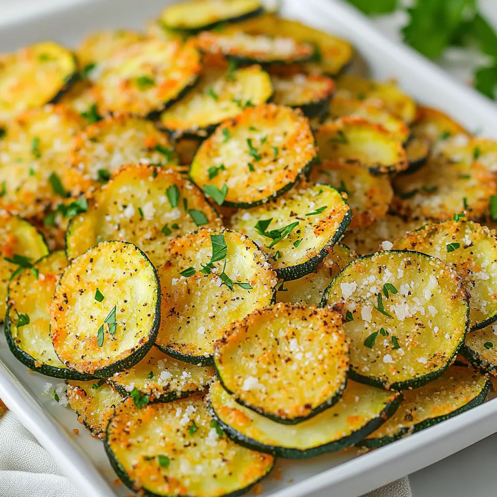 - 2 medium zucchinis - 2 cloves of fresh garlic - Optional: Chopped fresh parsley - 1 tablespoon extra virgin olive oil - 1/2 cup freshly grated Parmesan cheese - 1 teaspoon dried oregano - 1 teaspoon smoked paprika - Sea salt and freshly ground black pepper First, preheat your oven to 225°F (110°C). This low heat helps the zucchini chips become crispy. Line a baking sheet with parchment paper to stop sticking. This step is very important for easy removal later. Next, take your two medium zucchinis. Slice them into thin rounds. Thin slices help the chips cook evenly. Put the slices in a mixing bowl. Drizzle the olive oil over the zucchini. Toss gently to coat each slice well. Now, let's add flavor! Mince the garlic and add it to the bowl. Sprinkle in the dried oregano and smoked paprika. Add sea salt and black pepper to taste. Toss everything together until all the slices are well coated. Arrange the seasoned zucchini slices on the lined baking sheet. Make sure they do not overlap. This allows hot air to circulate around each chip. Now, sprinkle the grated Parmesan cheese on top. This will melt and create a golden crust. Place the baking sheet in the oven. Bake the chips for about 2 hours. Halfway through, flip the chips to ensure even crispness. Keep an eye on them as they bake. You want a nice golden brown color for the perfect snack. {{ingredient_image_2}} You’ve learned how to make delicious zucchini chips with fresh and pantry ingredients. We covered each step to prep, season, and bake. Tips for perfect crispiness and storage ideas will help you enjoy your snacks longer. With variations, you can add your personal touch. Whether you like heat or alternative cheeses, there’s a way to make this recipe your own. Now, grab those zucchinis and start baking! Enjoy your healthy, tasty treat.