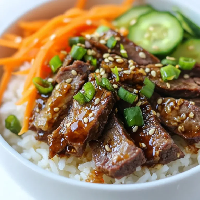 To make Korean BBQ beef bowls, gather these key ingredients: - 1 lb thinly sliced beef (ribeye or sirloin is best) - 1/4 cup soy sauce (low sodium is better) - 2 tablespoons brown sugar (light or dark works) - 2 tablespoons sesame oil (adds rich flavor) - 4 cloves garlic, minced (fresh is best) - 1 inch ginger, grated (for a zesty kick) - 1 tablespoon gochujang (adjust for spice) - 2 green onions, chopped (for garnish) - 2 cups cooked jasmine or sticky rice (base of the bowl) - 1 cucumber, julienned (adds crunch) - 1 carrot, julienned (adds sweetness) - 1 cup kimchi (store-bought or homemade) - Sesame seeds for garnish (nutty flavor) - Optional: lettuce leaves (for wrapping) Using quality ingredients makes a big difference. Choose fresh beef for tenderness. Look for vibrant vegetables. Fresh garlic and ginger enhance the dish. Low-sodium soy sauce helps control saltiness. Gochujang can vary in heat, so pick one that suits your taste. If you can’t find certain items, here are some swaps: - Beef: Chicken or tofu can work well. - Soy sauce: Use tamari for a gluten-free option. - Gochujang: Sriracha can replace it if needed. - Rice: Quinoa or cauliflower rice can be a healthy swap. - Kimchi: Any pickled vegetable can add a tangy touch. These options keep the dish tasty while catering to your needs. Enjoy exploring flavors! {{ingredient_image_2}} First, gather your ingredients for the marinade. You will need: - 1/4 cup soy sauce - 2 tablespoons brown sugar - 2 tablespoons sesame oil - 4 cloves garlic, minced - 1 inch ginger, grated - 1 tablespoon gochujang In a mixing bowl, whisk together the soy sauce, brown sugar, and sesame oil. Add in the minced garlic and grated ginger. Finally, stir in the gochujang. This mixture gives a sweet, spicy, and savory flavor to the beef. Now, take your 1 lb of thinly sliced beef. I recommend ribeye or sirloin for the best taste. Place the beef into the marinade. Make sure each piece gets coated well. Cover the bowl with plastic wrap. Let it sit in the fridge for at least 30 minutes. If you have time, marinate for up to 2 hours. This deeper flavor makes a big difference. Next, it’s time to cook! Preheat a large skillet or grill pan over medium-high heat. Once hot, take the marinated beef out of the fridge. Cook the beef in batches. Avoid overcrowding the pan to get that nice sear. Sear each side for 2-3 minutes. The beef should be browned and cooked through. Remove the cooked beef from the pan and set it aside. Now, you are ready to build your Korean BBQ beef bowls! To make the best marinade, use fresh ingredients. The right mix of soy sauce and brown sugar creates a great balance. Add garlic and ginger for flavor. Use gochujang for a spicy touch. Whisk everything well before adding the beef. This step ensures all flavors mix well. Let the beef soak in the marinade for at least 30 minutes. Longer marinating times give more flavor. Cooking the beef properly makes it tender. Use a hot skillet or grill pan. This helps sear the beef quickly. Cook in small batches to avoid steaming. Each side should cook for about 2-3 minutes. You want a nice brown crust. This adds flavor and keeps the beef juicy. Avoid overcooking, as it can make the beef tough. Presentation matters for these bowls. Start with a scoop of rice as the base. Layer the beef neatly on top. Add colorful vegetables like cucumber and carrot. This creates a vibrant look. Sprinkle green onions and sesame seeds for a finishing touch. For fun, serve with lettuce leaves. They make great wraps for the beef and veggies. This adds to the dining experience! Pro Tips Marinate for Maximum Flavor: Allow the beef to marinate for at least 2 hours for a deeper flavor infusion, but if you're short on time, even 30 minutes will help enhance the taste. Choose the Right Cut: Opt for ribeye or sirloin as they are tender and will absorb the marinade beautifully, resulting in juicy and flavorful beef. Cook in Batches: Avoid overcrowding the pan when cooking the beef. This ensures even cooking and a nice sear on the meat, enhancing the overall texture. Garnish Smartly: Don't skimp on the garnishes like green onions and sesame seeds; they add a fresh crunch and nutty flavor that elevates the dish. {{image_4}} You can change the spice level in your Korean BBQ beef bowls. If you like it mild, use less gochujang. Start with one teaspoon and taste. You can always add more later. For extra heat, add more gochujang or sprinkle in some red pepper flakes. This way, you control the spice to suit your taste buds. Not a fan of beef? No problem! You can swap the beef for chicken, pork, or tofu. Thinly sliced chicken thighs work well and cook quickly. For pork, try pork tenderloin or belly. If you want a vegetarian option, use firm tofu. Marinate it just like the beef for great flavor. Each protein brings a unique taste and texture to your bowl. You can serve these bowls in many ways. For a lighter meal, use lettuce leaves instead of rice. Wrap the beef and veggies in the lettuce for a fun bite. You can also try it as a taco, using small tortillas. If you prefer a warm bowl, add some stir-fried vegetables. This adds color and nutrition. Experiment with different styles to find your favorite! After enjoying your Korean BBQ beef bowls, store leftovers in an airtight container. This keeps them fresh. Let the food cool to room temperature before sealing. Leftovers can last up to three days in the fridge. If you want to keep them longer, consider freezing. To reheat your leftovers, use the microwave or a skillet. If using the microwave, place the beef and rice in a bowl. Heat for 1-2 minutes, stirring halfway through. If using a skillet, add a splash of water to prevent sticking. Heat on medium until warm. Avoid overcooking, as this can dry out the beef. You can freeze your Korean BBQ beef bowls for a quick meal later. To freeze, place the beef and rice in a freezer-safe container. Be sure to leave space for expansion. The dish can stay fresh for up to three months. When ready to eat, thaw in the fridge overnight before reheating. I recommend using ribeye or sirloin beef. Both cuts are tender and flavorful. Ribeye has a rich taste due to its marbling. Sirloin is leaner but still juicy. Thinly slice the beef to help it soak up the marinade better. This makes each bite tasty and satisfying. Yes, you can make parts of this recipe ahead of time. Marinate the beef up to two hours before cooking. This lets the flavors blend well. You can also prepare the rice and chop the veggies in advance. Store them in the fridge. Assemble the bowls right before serving for the best taste. Several side dishes complement Korean BBQ beef bowls. Kimchi is a classic choice. It adds tang and spice. You can also serve pickled vegetables for crunch. A light salad with sesame dressing works well too. For a refreshing touch, add sliced cucumbers. These sides balance the rich flavors of the beef. This blog post guides you through making Korean BBQ bowls. You learned about key ingredients, their quality, and substitutes. I shared step-by-step instructions for marinating and cooking beef and provided tips for a great dish. You can customize spice levels and protein types, and I covered how to store leftovers. In summary, enjoy the process and make it your own. Cooking can be fun and creative. You’ll love the tasty results!