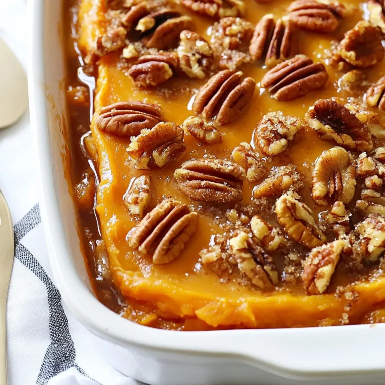 To make the Maple Pecan Sweet Potato Casserole, you will need the following fresh and tasty ingredients: - 4 large sweet potatoes, peeled and cubed - 1/2 cup pure maple syrup - 1/4 cup unsalted butter, melted - 1/2 cup milk (or any plant-based milk of your choice) - 1 teaspoon pure vanilla extract - 1/2 teaspoon ground cinnamon - 1/4 teaspoon ground nutmeg - Salt, to taste - 1 cup pecans, roughly chopped - 1/2 cup packed brown sugar - 1/4 cup all-purpose flour - 2 tablespoons melted butter (for the topping) Each ingredient plays a key role. The sweet potatoes give a creamy base, while maple syrup adds sweetness. Butter gives richness, and milk makes it smooth. Vanilla and spices boost the flavor. Pecans provide crunch, and brown sugar adds caramel notes. Flour helps bind the topping together. Together, they create a delightful dish that everyone will love. Enjoy gathering these ingredients! {{ingredient_image_2}} First, preheat your oven to 375°F (190°C). This step is key to a good bake. Next, take your four large sweet potatoes. Peel and cube them. Place the cubes in a large pot and cover them with water. Bring the water to a boil over medium-high heat. Cook the sweet potatoes for about 15-20 minutes. They should be tender when done. Drain them well, then return them to the pot. Use a potato masher or a fork to mash the sweet potatoes. Aim for a smooth, creamy texture. Add in 1/2 cup of pure maple syrup, 1/4 cup of melted butter, and 1/2 cup of milk. You can use any plant-based milk if you prefer. Mix in 1 teaspoon of pure vanilla extract, 1/2 teaspoon of ground cinnamon, 1/4 teaspoon of ground nutmeg, and a sprinkle of salt. Stir until everything is well combined and creamy. Lightly grease a 9x13 inch baking dish. Scoop the sweet potato mixture into the dish. Use a spatula to spread it out evenly. In a separate bowl, combine 1 cup of roughly chopped pecans, 1/2 cup of packed brown sugar, and 1/4 cup of all-purpose flour. Add 2 tablespoons of melted butter and stir until the pecans are coated. Sprinkle the pecan topping evenly over the sweet potato layer. Place the casserole in the preheated oven. Bake it for 25-30 minutes. Look for a golden-brown topping and ensure the casserole is hot throughout. Once it is done baking, carefully take the casserole out of the oven. Let it rest for a few minutes before serving. This rest time helps it set up nicely. To get a smooth mix, mash the sweet potatoes well. Use a potato masher or fork. Make sure there are no lumps. If you want it creamier, add more milk. You can also use a blender for a silkier texture. Just blend it slowly to avoid over-mixing. You can swap some ingredients for a healthier dish. Use coconut oil instead of butter. This will add a nice flavor and cut calories. You can also replace brown sugar with maple sugar or coconut sugar. For a dairy-free option, use almond or oat milk instead of regular milk. Add a pinch of cayenne or ginger for a spicy twist. You can also mix in some orange zest for a bright taste. If you love chocolate, sprinkle mini chocolate chips on top before baking. This adds a fun surprise and rich flavor. Each of these changes will make your dish unique and tasty. Pro Tips Choose the Right Sweet Potatoes: Opt for firm, smooth-skinned sweet potatoes for the best texture and flavor in your casserole. Make Ahead Option: You can prepare the sweet potato mixture a day in advance, just cover and refrigerate it. Add the topping before baking. Customize Your Topping: Feel free to add oats or even shredded coconut to the pecan topping for extra texture and flavor. Perfect Baking: Keep an eye on the casserole while it bakes; if the topping browns too quickly, cover it loosely with aluminum foil. {{image_4}} You can make this dish vegan easily. Just use plant-based milk for the recipe. Swap the butter with coconut oil or vegan butter. Use maple syrup as your sweetener. This keeps the dish rich and sweet. You won’t miss the dairy at all! To make this casserole gluten-free, choose gluten-free flour. You can find many brands that work well. Ensure your maple syrup is pure, as some may have additives. The rest of the ingredients are naturally gluten-free, so you’re in good shape. Pecans are great, but feel free to mix it up! Try walnuts or almonds for a different flavor. You can even combine nuts for a tasty crunch. Just make sure to chop them well. This will give your casserole a nice texture and taste. Once you finish your Maple Pecan Sweet Potato Casserole, store any leftovers in an airtight container. Make sure to let the casserole cool to room temperature first. You can keep it in the fridge for up to five days. If you want to keep it longer, freezing is a great option. To reheat, preheat your oven to 350°F (175°C). Place the casserole in a baking dish and cover it with foil. Heat for about 20 minutes or until warmed through. If you want a crunchy topping again, remove the foil during the last five minutes of heating. If you want to freeze the casserole, do it before baking. Prepare the dish as usual, then cover it tightly with plastic wrap and foil. You can freeze it for up to three months. When ready to bake, thaw overnight in the fridge before cooking. Then, bake as directed, adding a few extra minutes if needed. Yes, you can prepare this casserole ahead of time. After mixing the sweet potato filling, place it in the baking dish. Cover it tightly with plastic wrap. Store it in the fridge for up to 24 hours. When ready to bake, just add the topping and bake as directed. This casserole pairs well with many dishes. Try serving it with roasted turkey, glazed ham, or a simple green salad. You can also add cranberry sauce for a tart contrast. This dish shines at holiday dinners and festive meals alike. Leftovers can last in the fridge for about 3 to 5 days. Store them in an airtight container to keep them fresh. Reheat portions in the microwave or oven until warm. You can enjoy this dish several days after the first serving! Yes, you can use other sweeteners. Honey or agave syrup are great alternatives to maple syrup. Adjust the amount to your taste, as these sweeteners may have different sweetness levels. Just keep in mind that the flavor will change slightly. You can use coconut oil or vegan butter as a substitute for butter. Both options provide a similar texture and flavor. If you want a lighter option, try using applesauce or a nut butter in small amounts. These swaps keep the recipe creamy and delicious. This blog post covered how to make a Maple Pecan Sweet Potato Casserole. We discussed essential ingredients, easy steps, and helpful tips. You learned variations, including vegan and gluten-free options. Storing leftovers is simple, too. In the end, this dish is not just tasty; it brings warmth to any meal. I encourage you to try it and share your experience. You will love the flavors that come together in this dish. Enjoy your cooking!