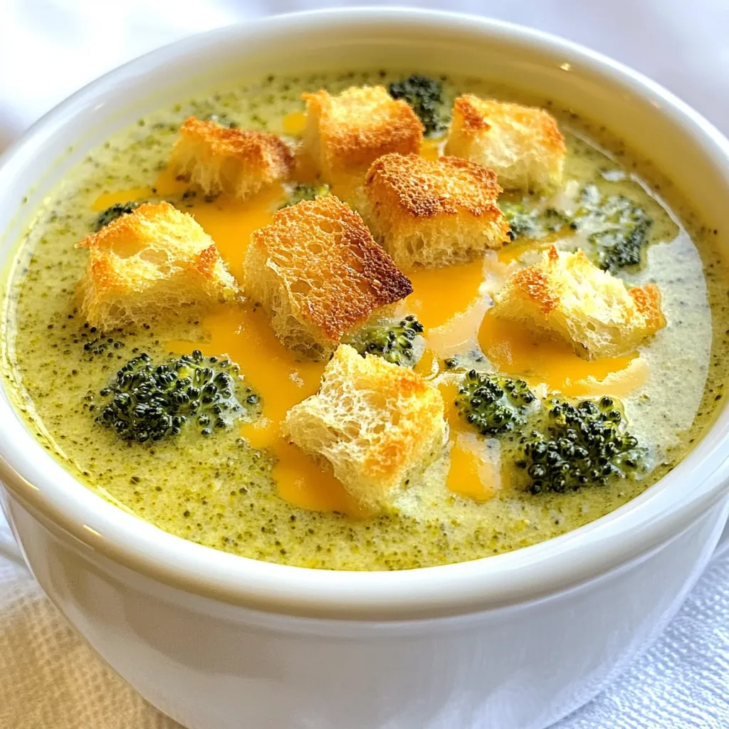 For this creamy broccoli cheddar soup, you need 4 cups of fresh broccoli florets. Fresh broccoli gives the soup a bright green color and rich flavor. Choose florets that are firm and vibrant. They should not have yellow spots. If you want to save time, you can buy pre-cut florets. You will also need 1 medium onion, diced, and 2 cloves of garlic, minced. The onion adds sweetness and depth. The garlic brings a warm, savory note. Together, they form the base of our soup. Sauté them in butter to unlock their flavors. This step makes the soup smell amazing! The creamy texture comes from 1 cup of heavy cream and 2 cups of sharp cheddar cheese, shredded. The heavy cream adds richness. The cheese gives it that classic cheesy flavor. Use sharp cheddar for a more intense taste. Also, don't forget the 3 tablespoons of unsalted butter. It adds a nice richness to the soup. You will also need salt and black pepper to taste. These ingredients help enhance all the flavors in the soup. {{ingredient_image_2}} First, gather your ingredients. You will need butter, onion, and garlic. Start by melting the butter in a big pot over medium heat. Once it melts, add the diced onion. Cook the onion for about five minutes. You want it to soften and become clear. Then, add in the minced garlic and cook for one more minute. Stir it well. The garlic should smell amazing. Next, it's time for the broccoli. Add the fresh broccoli florets to the pot. Pour in the vegetable broth, making sure to cover the broccoli. Turn the heat up to bring the liquid to a boil. Once it boils, lower the heat to a simmer. Let it cook for about ten minutes. The broccoli should be tender and easy to pierce with a fork. Now, carefully take the pot off the heat. If you have an immersion blender, use it to blend the soup right in the pot. If not, pour the soup into a regular blender in batches. Be careful with the hot soup! Once blended, return it to the pot. Turn the heat back to medium. Stir in the heavy cream, shredded cheddar cheese, and Dijon mustard. Keep mixing until the cheese melts and the soup is creamy. Finally, add salt and black pepper to taste. Enjoy your warm and comforting bowl topped with crunchy croutons! To get a smooth and creamy soup, you need to blend it well. Use an immersion blender right in the pot. If you don’t have one, pour the soup into a regular blender. Blend in small batches to avoid spills. Make sure to blend until there are no chunks left. If the soup feels too thick, add a bit more vegetable broth or cream. This will help you reach that velvety texture. Salt and pepper are key to making flavors pop. Start with a little and taste as you go. Adding Dijon mustard gives the soup a nice tang. You can also try a pinch of nutmeg for warmth. Fresh herbs like thyme or parsley can brighten the dish. If you want a spicy kick, add a little red pepper flakes. These simple adjustments make a big difference. Store any leftover soup in an airtight container. It can stay in the fridge for up to three days. To reheat, pour the soup into a pot over low heat. Stir often to keep it from sticking. If the soup thickens in the fridge, add a splash of broth or cream while reheating. You can also microwave it in a bowl, but cover it to avoid splatters. Enjoy your creamy broccoli cheddar soup warm again! Pro Tips Use Fresh Broccoli: Fresh broccoli will provide the best flavor and texture for your soup. Look for bright green florets and avoid any yellowing or wilting. Cheese Selection: Opt for a high-quality sharp cheddar cheese for a more intense flavor. You can also experiment with different cheeses like Gruyère or Monterey Jack for a unique twist. Adjust Creaminess: For a lighter version, substitute half of the heavy cream with milk or a non-dairy alternative. This can help reduce calories while still keeping the soup creamy. Flavor Boost: Add a pinch of nutmeg or cayenne pepper for a subtle depth of flavor. These spices can elevate your soup and make it even more delightful. {{image_4}} This soup is already vegetarian, but you can add more veggies. Try carrots or kale for extra color. You can also swap the heavy cream for cashew cream. This change keeps it rich and creamy while adding a nutty flavor. Good news! This creamy broccoli cheddar soup is naturally gluten-free. Just ensure your vegetable broth does not contain gluten. Always check the labels on any broth you buy. You can also use gluten-free croutons for a tasty topping. You can make this soup your own with fun add-ins. Try adding cooked quinoa or rice for a heartier meal. For a kick, toss in some red pepper flakes. For toppings, croutons add a nice crunch. You can also sprinkle extra cheese on top. Fresh herbs like parsley or chives brighten the dish. Enjoy making this soup unique to your taste! This creamy broccoli cheddar soup is not only tasty but also filling. Each serving has about 400 calories. The main sources of calories come from cheese and cream. These ingredients add richness but also boost the calorie count. The soup offers a satisfying meal, especially in colder months. Broccoli is a superfood packed with vitamins. It contains vitamins C and K, which help keep your body strong. Eating broccoli can boost your immune system and support bone health. It also has fiber, which aids digestion. This soup lets you enjoy broccoli’s benefits in a comforting way. The cheese and cream in this soup give it a creamy texture. Sharp cheddar cheese adds flavor and calcium. Heavy cream adds richness and makes the soup smooth. However, these ingredients also increase fat content. Enjoy this soup in moderation for a balanced diet. Yes, you can use frozen broccoli. It saves time and is easy to find. Frozen broccoli cooks quickly. Just add it to the pot like fresh broccoli. The taste may be slightly different, but it will still be good. To store leftover soup, let it cool first. Pour it into an airtight container. You can keep it in the fridge for about three days. If you want to save it longer, freeze it. It can last up to three months in the freezer. Some great side dishes include simple salads, crusty bread, or grilled cheese sandwiches. You can also serve it with crackers or breadsticks. These sides add flavor and texture to your meal. Enjoy pairing them with this creamy broccoli cheddar soup! This blog covered how to make a delicious broccoli soup. We looked at key ingredients like fresh broccoli, onions, and dairy, which build the base. I shared step-by-step instructions, tips for perfect consistency, and variations like vegetarian options. The nutritional facts highlight broccoli's health benefits. In the end, you can enjoy this soup any way you like. Remember, cooking is about creativity and personal taste!