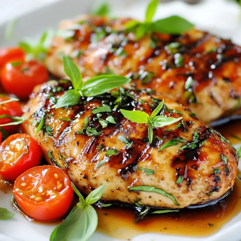 To make balsamic glazed chicken, you will need the following ingredients: - 4 boneless, skinless chicken breasts - 1/2 cup balsamic vinegar - 1/4 cup honey - 2 cloves garlic, finely minced - 1 tablespoon Dijon mustard - Salt and freshly cracked black pepper, to taste - 1 tablespoon extra virgin olive oil - Handful of fresh basil leaves, for garnish - 1 cup cherry tomatoes, halved (optional) - 1 teaspoon fresh thyme leaves (optional) These ingredients create a sweet and tangy glaze. The chicken absorbs the rich flavors, making each bite delicious. The balsamic vinegar adds a unique taste that pairs well with honey and garlic. Using fresh basil and tomatoes can elevate the dish’s look and flavor. You can adjust the seasoning to suit your taste. Enjoy the creative process as you prepare this simple yet flavorful meal! {{ingredient_image_2}} Start by making the balsamic glaze. In a small bowl, whisk together: - 1/2 cup balsamic vinegar - 1/4 cup honey - 2 cloves garlic, finely minced - 1 tablespoon Dijon mustard - A pinch of salt and pepper Mix it well until everything blends smoothly. Set this aside for later. Next, heat a large skillet over medium-high heat. Add 1 tablespoon of extra virgin olive oil. While the oil heats, season 4 boneless, skinless chicken breasts with salt and freshly cracked black pepper on both sides. When the oil shimmers, place the chicken in the skillet. Cook for about 5-7 minutes on each side. The chicken should turn golden brown and reach an internal temperature of 165°F. Once the chicken is cooked, reduce the heat to medium. Pour the balsamic glaze over the chicken in the skillet. If you want, add 1 cup of halved cherry tomatoes and 1 teaspoon of fresh thyme. Gently stir to coat the chicken and tomatoes in the glaze. Let it simmer for about 5 minutes. This allows the glaze to thicken. Turn the chicken occasionally to coat it well. After simmering, remove the skillet from heat. Let the dish rest for a few minutes before serving. To get juicy chicken, start with even thickness. You can pound the chicken breasts to about 3/4 inch thick. This helps them cook evenly. Cook them over medium-high heat for 5-7 minutes on each side. Use a meat thermometer to check the internal temperature. It should reach 165°F or 75°C. This ensures your chicken is safe to eat and tender. For a rich glaze, let it simmer longer. Once you pour the balsamic glaze over the chicken, keep the heat on medium. Let it bubble gently for about 5 minutes. This helps the glaze thicken and cling to the chicken. If you want it thicker, whisk in a small amount of cornstarch mixed with water. This will give your glaze a nice, glossy finish. For a stunning plate, use a large white platter. Place the glazed chicken in the center. Scatter fresh basil leaves and halved cherry tomatoes around it. Drizzle any remaining glaze over the chicken. This makes the dish look vibrant and fresh. The colors will pop and impress your guests. Enjoy every bite! Pro Tips Marinate for More Flavor: For an extra burst of flavor, marinate the chicken breasts in the balsamic mixture for at least 30 minutes or up to overnight in the refrigerator before cooking. Use Fresh Ingredients: Fresh garlic and herbs will enhance the dish's overall taste. Whenever possible, opt for fresh basil and thyme instead of dried. Watch the Glaze: Keep an eye on the balsamic glaze as it thickens; it can go from perfect to burnt quickly. Stir occasionally to prevent sticking. Pair with Sides: This dish pairs wonderfully with a side of roasted vegetables or a light salad to balance the richness of the glaze. {{image_4}} You can swap chicken for other meats. Try using pork or turkey. Both cook well with the balsamic glaze. If you prefer fish, salmon is a great choice. Just adjust the cooking time to avoid overcooking. For a twist, use shrimp. They cook quickly and soak up the glaze nicely. Adding herbs can change the flavor profile. Fresh rosemary gives a woodsy taste. Oregano adds a nice Italian flair. You can also use smoked paprika for a hint of smokiness. If you like a little heat, consider adding crushed red pepper flakes. Each herb or spice brings its own unique taste. If you want a vegetarian dish, use portobello mushrooms. They have a meaty texture and absorb flavors well. Another option is to use tofu. Press it to remove moisture before cooking. This helps it soak up the balsamic glaze. For a heartier meal, try chickpeas. They add protein and texture. To keep your balsamic glazed chicken fresh, store it in a covered container. Place it in the fridge within two hours of cooking. This helps prevent bacteria growth. Enjoy the leftovers within three to four days for the best taste. If you want to keep it longer, freezing is a great option. You can freeze the chicken for up to three months. First, let it cool to room temperature. Then, wrap each piece in plastic wrap. Place the wrapped chicken in a freezer bag or airtight container. Remember to label the bag with the date. This way, you’ll know how long it has been frozen. When you’re ready to eat the leftovers, thaw the chicken in the fridge overnight. To reheat, you can use the oven or a skillet. If using the oven, preheat it to 350°F (175°C). Bake the chicken for about 20 minutes or until heated through. If using a skillet, heat it over medium-low. Add a splash of water or broth to keep it moist. Cook until warm, about 5-7 minutes. Enjoy your meal! Yes, you can use other vinegars. Apple cider vinegar or red wine vinegar work well. Each type gives a unique flavor. You might want to adjust the sweetness. Adding extra honey can balance stronger vinegars. Balsamic glazed chicken goes great with many sides. Here are some tasty options: - Roasted vegetables - Garlic mashed potatoes - Steamed green beans - Quinoa salad - Mixed greens with vinaigrette These sides add color and flavor to your meal. To check if chicken is done, use a meat thermometer. The chicken should reach 165°F (75°C) inside. If you don’t have a thermometer, cut into the thickest part. The juices should run clear, not pink. This means your chicken is safe to eat. This blog post covered how to make balsamic glazed chicken. We discussed key ingredients, detailed cooking steps, and tips for more flavor. You learned about variations and storage methods for leftovers. This dish is easy to make and customizable. With these tips, you can impress anyone at dinner. Enjoy your cooking, and don't hesitate to experiment with flavors!