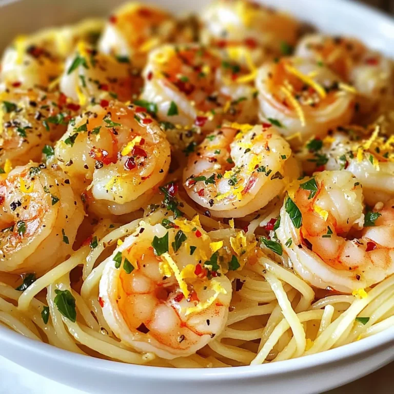 To make this tasty dish, gather these key ingredients: - 1 lb large shrimp, peeled and deveined - 8 oz linguine or spaghetti - 4 tablespoons unsalted butter - 4 tablespoons extra virgin olive oil - 6 cloves garlic, finely minced - 1 teaspoon red pepper flakes, adjust for spice level - 1 lemon, zested and juiced - 1/4 cup fresh parsley, finely chopped - Salt and freshly ground black pepper to taste Enhance your dish with these optional ingredients: - Grated Parmesan cheese This cheese adds a nice creamy touch. You can skip it if you want a lighter meal. For this recipe, you will need: - Large pot for boiling pasta - Large skillet for the sauce and shrimp - Colander to drain pasta - Tongs or pasta fork for mixing These tools help make the process smooth and easy. Having everything ready will save you time in the kitchen. {{ingredient_image_2}} Start by boiling a large pot of salted water. Once the water is bubbling, add 8 ounces of linguine or spaghetti. Cook it as directed on the package until it's al dente. Before you drain the pasta, save about 1 cup of the cooking water. Drain the pasta and set it aside. In a large skillet, heat 4 tablespoons of unsalted butter and 4 tablespoons of extra virgin olive oil over medium heat. Let the butter melt and mix with the oil. This blend creates a rich sauce base. After the butter melts, add 6 finely minced garlic cloves and 1 teaspoon of red pepper flakes to the skillet. Sauté for about 1-2 minutes. Stir often until the garlic smells great and turns golden. Be careful not to let it burn; burnt garlic tastes bitter. Now, add 1 pound of peeled and deveined shrimp to the skillet. Season with salt and pepper. Cook for 2-3 minutes. Flip the shrimp halfway so they cook evenly. They should turn pink and opaque when done. Next, squeeze in the juice of 1 lemon and add the lemon zest. Stir everything well to blend the flavors. Let it cook for another minute for that zesty kick. Carefully add the drained pasta to the skillet. Toss it in the garlic butter sauce to coat every strand. If it looks dry, add some of the reserved pasta water a little at a time until it has the right consistency. Stir in 1/4 cup of finely chopped fresh parsley. Mix everything well. Taste your dish and adjust the seasoning with more salt, pepper, or lemon juice if needed. Serve your garlic butter shrimp scampi hot. You can top it with grated Parmesan cheese if you like. Add a sprinkle of chopped parsley for a beautiful presentation. Enjoy your delicious meal! To get the best garlic flavor, always use fresh garlic. Fresh garlic has a bright taste that dried garlic lacks. I recommend using 6 cloves for this recipe. Chop them finely for even flavor. Sauté the garlic in butter and oil, but don't let it burn. When it turns golden brown, that's your cue. This step draws out its sweet and savory notes. For tender shrimp, cook them just right. Use large, peeled shrimp for this dish. When they turn pink and opaque, they are done. This usually takes about 2-3 minutes. If you overcook them, they will be tough. Season them with salt and pepper before cooking. This adds taste right from the start. If you have leftovers, store them in an airtight container. Put them in the fridge within two hours of cooking. They can last for up to three days. When reheating, use low heat to avoid overcooking. You can add a splash of water or broth to keep the dish moist. Enjoy your delicious meal again! Pro Tips Fresh Shrimp is Key: Always opt for the freshest shrimp available for the best flavor and texture. If using frozen shrimp, ensure they are fully thawed and patted dry before cooking. Don’t Overcook the Shrimp: Shrimp cook quickly; they should only be cooked until they turn pink and opaque. Overcooking can lead to a rubbery texture. Reserve Pasta Water: Always reserve some pasta cooking water before draining. This starchy water is perfect for adjusting the sauce's consistency and helps the sauce cling to the pasta better. Garnish with Fresh Herbs: A sprinkle of fresh parsley not only adds a pop of color but also enhances the dish's flavor. Consider adding other fresh herbs like basil or chives for a different twist. {{image_4}} You can make this dish even better by adding veggies. Some good options include: - Cherry tomatoes: These add a sweet pop. - Spinach: Toss it in for a nice green touch. - Zucchini: Slice it thin and add it to the mix. - Bell peppers: They bring great color and crunch. Adding these ingredients boosts nutrition and flavor. Just sauté them with the garlic before adding the shrimp. This way, everything cooks evenly. If shrimp isn't your thing, don't worry! There are tasty alternatives. You can use: - Scallops: They cook quickly and are sweet. - Chicken: Cut it into bite-sized pieces. - Tofu: For a plant-based option, firm tofu works well. - Fish: Salmon or white fish like cod can be great choices. These proteins offer different textures and flavors. Make sure to adjust cooking times based on what you choose. Want more heat? You can easily spice things up. Here are a few ideas: - More red pepper flakes: Add a pinch more for extra kick. - Hot sauce: Drizzle some in for a zesty twist. - Chili paste: Stir in a spoonful for bold flavor. If you prefer milder dishes, reduce the red pepper flakes or skip the spicy additions. It’s all about finding your perfect balance! After enjoying your garlic butter shrimp scampi, store leftovers in an airtight container. Let the dish cool to room temperature before sealing it. This will help keep it fresh for later. Place the container in the fridge. Properly stored, it should last for up to three days. Make sure to avoid leaving the dish out at room temperature for more than two hours to prevent bacteria growth. To reheat your shrimp scampi, the stovetop works best. Place the leftovers in a skillet over medium heat. Add a splash of water or broth to keep it moist. Stir gently until heated through. This usually takes about 5-7 minutes. You can also use the microwave. Place the shrimp in a microwave-safe bowl and cover it with a damp paper towel. Heat in 30-second intervals until warmed. Freezing garlic butter shrimp scampi is possible but not ideal. Shrimp can become rubbery when thawed. If you choose to freeze it, do so right after cooking. Allow it to cool, then place it in a freezer-safe container. It can last for up to three months in the freezer. To defrost, move it to the fridge overnight. Reheat gently on the stovetop to bring back its original flavor. Yes, you can use frozen shrimp. Just be sure to thaw them first. Place the shrimp in a bowl of cold water for about 15-20 minutes. This helps them defrost quickly. After thawing, peel and devein them if needed. Frozen shrimp can be as tasty as fresh shrimp when cooked well. If you don’t have linguine or spaghetti, try other pasta types. Penne, fettuccine, or even gluten-free pasta work great. You can also use zucchini noodles for a low-carb option. Just cook the pasta according to package instructions, like you would with linguine. To make garlic butter shrimp scampi gluten-free, use gluten-free pasta. Many brands offer great options that taste good. Always check the labels to ensure they meet your needs. You can also serve the shrimp over rice or quinoa instead of pasta for a gluten-free meal. You can prepare some parts ahead of time. Cook the pasta and shrimp separately. Store them in the fridge to keep them fresh. Then, when you’re ready, heat them and mix with the butter sauce. This makes for a quick meal that tastes fresh! Garlic butter shrimp scampi is a simple and delicious dish. We covered the main ingredients, from shrimp to pasta, and discussed optional sides. I shared easy steps to cook the dish, including tips for the best flavor. You can adjust the recipe by adding veggies or changing proteins. Proper storage can extend your leftovers, making meals last longer. Explore this recipe to impress friends and enjoy a tasty meal!