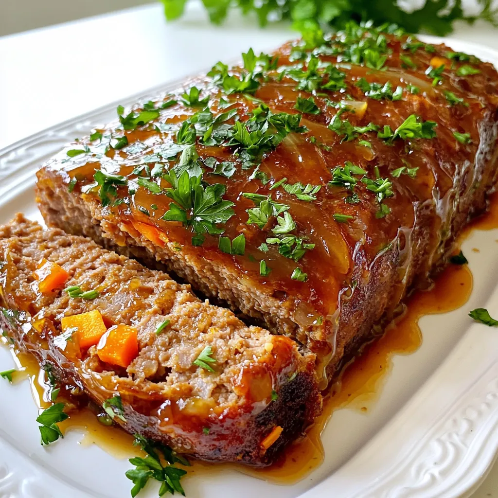 To make a delicious honey garlic glazed meatloaf, gather these ingredients: - 1 lb ground beef (or a blend of beef and turkey for added flavor) - 1 cup breadcrumbs (plain or seasoned) - 1/2 cup finely diced onion - 1/2 cup grated carrots (fresh for sweetness) - 2 cloves garlic, minced (adjust to taste) - 1/4 cup milk (whole or your preference) - 1 large egg, beaten (for binding) - 1 tsp dried oregano (or Italian seasoning for a twist) - 1 tsp salt (to enhance flavor) - 1/2 tsp black pepper (freshly cracked for best taste) - 1/4 cup honey (for sweetness and glaze) - 1/4 cup ketchup (for a tangy kick) - 2 tbsp soy sauce (adds umami flavor) - 1 tbsp apple cider vinegar (for brightness) - Optional: Chopped flat-leaf parsley for garnish These ingredients blend well together to create a flavorful and satisfying meal. The honey adds a touch of sweetness, while the garlic brings a robust flavor. The combination of beef and turkey gives the meatloaf a nice texture. Feel free to adjust the garlic and seasonings to suit your taste. Adding fresh herbs can also enhance the flavor. This recipe is flexible and allows you to experiment with what you have on hand. Enjoy the process of creating a dish that your family will love! {{ingredient_image_2}} First, you need to preheat your oven to 350°F (175°C). This step helps the meatloaf cook evenly. While the oven warms up, grease your baking dish lightly. You can also use parchment paper for easy cleanup later. This ensures the meatloaf won't stick. In a large mixing bowl, combine your main ingredients. Use 1 lb of ground beef or a mix of beef and turkey for added flavor. Add in 1 cup of breadcrumbs, 1/2 cup of finely diced onion, and 1/2 cup of grated carrots. Don't forget to include 2 cloves of minced garlic, 1/4 cup of milk, and 1 large beaten egg. Season with 1 tsp of dried oregano, 1 tsp of salt, and 1/2 tsp of black pepper. Use your hands or a wooden spoon to mix everything well. Make sure the flavors blend evenly. Now, transfer the meat mixture to your prepared baking dish. Shape it into a loaf, keeping the thickness even. Next, prepare the glaze. In a small bowl, whisk together 1/4 cup of honey, 1/4 cup of ketchup, 2 tbsp of soy sauce, and 1 tbsp of apple cider vinegar until smooth. Pour half of this glaze over the meatloaf, spreading it evenly across the top. Set the rest aside for later. Place the baking dish in your preheated oven. Bake the meatloaf for about 50 to 60 minutes. Use an instant-read thermometer and check for 160°F (70°C) in the center. This ensures it's fully cooked. In the last 10 minutes, pull the meatloaf out and brush the reserved glaze over the top. This adds more flavor and creates a nice caramelized finish. You can switch the ground beef with a beef and turkey blend. This mix adds more flavor. If you prefer a lighter option, use ground turkey or chicken. For breadcrumbs, feel free to use crushed crackers or oats. Both will work well in this recipe. You can also use gluten-free breadcrumbs if needed. Mix all your ingredients well. This helps the meatloaf hold together. Use your hands or a spoon to combine. After mixing, let the meatloaf rest for about 10 minutes. This helps flavors blend. It also makes the meatloaf easier to handle. For doneness, use an instant-read thermometer. It should read 160°F (70°C) in the center. Consider adding spices like smoked paprika or cumin for extra depth. Fresh herbs like thyme or rosemary can also boost taste. For glaze variations, try BBQ sauce or a mix of mustard and honey. These will give your meatloaf a unique twist. Pro Tips Choose Your Meat Wisely: For a richer flavor, consider using a blend of beef and turkey. This combination adds moisture and depth to your meatloaf. Don't Overmix: When combining the ingredients, mix just until combined. Overmixing can lead to a dense meatloaf instead of a tender one. Rest Before Slicing: Allow the meatloaf to rest for about 10 minutes after baking. This helps retain the juices, making for a more flavorful and moist slice. Glaze Variations: Feel free to experiment with the glaze by adding spices like smoked paprika or a dash of hot sauce for an extra kick! {{image_4}} You can switch up the meat in your meatloaf. Ground turkey or chicken works well. These lean meats create a lighter dish. They also absorb flavors nicely. Just follow the same recipe but use turkey or chicken. For a vegetarian option, try lentils or chickpeas. Mash them up and mix with breadcrumbs and spices. This gives a hearty texture without meat. Add in some diced veggies too. It makes for a colorful and healthy meal. To change the taste of your meatloaf, consider adding cheese. A cup of shredded cheddar or mozzarella can add richness. You can also mix in spices like paprika or cumin for a kick. These small changes can make a big difference. You can experiment with different glazes too. Instead of honey and ketchup, try BBQ sauce. It gives a smoky flavor. Teriyaki sauce is another great option. It adds a sweet and tangy taste that is hard to resist. Serve your honey garlic glazed meatloaf with sides that balance the flavors. Mashed potatoes are always a hit. They pair well with the sweet glaze. Steamed green beans or a fresh salad add color and crunch. Roasted vegetables also make a great side. Think carrots, broccoli, or Brussels sprouts. Their natural sweetness complements the meatloaf. Enjoy your meal with some crusty bread to soak up extra glaze. Let your meatloaf rest for about 10 minutes after cooking. This step helps keep it juicy. Once it cools, wrap it tightly in plastic wrap or foil. You can also use an airtight container. These methods keep the meatloaf fresh and tasty. For refrigeration, place the wrapped meatloaf in the fridge. It should be stored at a temperature below 40°F (4°C). Make sure to eat it within a few days for the best flavor. You can freeze meatloaf before or after cooking. If you freeze it raw, shape it into a loaf and wrap it. Use plastic wrap followed by foil for best results. This method prevents freezer burn. If you cook it first, let it cool completely. Then wrap it in plastic wrap and foil. To thaw, place it in the fridge overnight. You can reheat it in the oven at 350°F (175°C) until warmed through. This usually takes about 20-30 minutes. In the fridge, cooked meatloaf lasts about 3-4 days. If you freeze it, it can last up to 3 months. Always check for signs of spoilage before eating. Look for changes in color or texture. If it smells off, it’s best to throw it away. These steps help you enjoy your honey garlic glazed meatloaf safely. You can serve honey garlic glazed meatloaf with many sides. Mashed potatoes are a classic. Roasted vegetables add color and flavor. A fresh salad brings a nice crunch. You might also enjoy it with rice or noodles for a filling meal. Yes, you can make meatloaf ahead of time. Prepare the meat mixture and shape it into a loaf. Wrap it well and store it in the fridge for up to 24 hours. You can also freeze it for later use. Just thaw it in the fridge before baking. To reheat leftover meatloaf, preheat the oven to 350°F (175°C). Slice the meatloaf and place it in a baking dish. Cover it with foil to keep it moist. Heat for about 20 minutes or until warm. You can also use a microwave for quicker reheating. Absolutely! Adding vegetables boosts flavor and nutrition. Grated carrots, diced bell peppers, or chopped spinach work well. Just make sure to chop them finely so they mix in well. This adds moisture and keeps the meatloaf tender. To check if your meatloaf is done, use an instant-read thermometer. The center should reach 160°F (70°C). You can also cut into it. The meat should be firm and juices should run clear. If it's pink in the middle, it needs more time. This blog post covered everything you need to make a delicious meatloaf. You learned about key ingredients, step-by-step cooking instructions, and handy tips for the best texture and flavor. We also discussed variations and storage tips to help you enjoy it later. With all this knowledge, you can create your perfect meatloaf. Experiment with flavors and share your results! Meatloaf can be satisfying for any meal, so have fun with it.