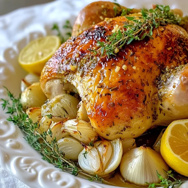 To make Garlic Herb Roasted Chicken, you need: - 1 whole chicken (about 4-5 pounds) - 1 head of garlic, cloves separated and peeled - 2 tablespoons olive oil - 1 tablespoon fresh rosemary, finely chopped - 1 tablespoon fresh thyme leaves - 1 tablespoon fresh parsley, finely chopped - 1 lemon, halved - Salt and freshly ground black pepper, to taste - 1 teaspoon smoked paprika - 1 onion, quartered Fresh herbs add brightness to your chicken. I love using rosemary, thyme, and parsley. These herbs create a nice mix. They bring out the chicken's rich taste. The garlic cloves add a wonderful aroma and flavor. Stuffing the chicken with lemon and onion gives it extra moisture. This makes every bite juicy and delicious. You can enhance the flavor with a few optional items: - Fresh sage leaves for an earthier taste - A splash of white wine for deeper flavor - Other spices like cumin or oregano for a twist These additions let you customize the chicken. Feel free to play with flavors and make it your own. {{ingredient_image_2}} Start by gathering all your ingredients. You need a whole chicken, garlic, herbs, olive oil, a lemon, and onion. Make sure you have salt and pepper too. Preheat your oven to 425°F (220°C). This heat is key for a crispy skin. In a small bowl, mix olive oil, rosemary, thyme, parsley, smoked paprika, salt, and pepper. Stir the mix well. This herb paste gives your chicken a punch of flavor. The fresh herbs make a big difference in taste. Take a paper towel and dry the chicken inside and out. This step helps the skin get crispy. Generously season the cavity with salt and pepper. Next, rub the herb paste all over the chicken's skin. Make sure to cover every part. Then, stuff the cavity with halved lemon, quartered onion, and garlic cloves. The stuffing adds moisture and aroma. Place the chicken in a roasting pan, breast side up. If you have a roasting rack, use it. This helps the air flow. Roast for about 1 hour and 15 minutes. Check the chicken’s internal temperature. It should reach 165°F (75°C). This ensures it's cooked fully and stays juicy. Halfway through cooking, baste the chicken with its own juices. Use a spoon to drizzle the juice over the skin. This step keeps the chicken moist and enhances its flavor. Basting is essential for that golden-brown skin. Once cooked, take the chicken out of the oven. Let it rest for 10-15 minutes on a cutting board. This resting time helps the juices settle in. When carving, slice the chicken carefully. Serve it on a large platter. Garnish with extra herbs and roasted garlic for a beautiful display. Enjoy your tasty creation! To get crispy chicken skin, start with a dry bird. You can pat it with a paper towel. This simple step makes a big difference. Next, use olive oil in your herb paste. The oil helps the skin brown nicely. Rub the herb mix all over the chicken. Make sure to cover every inch. Don’t forget to baste the chicken halfway through cooking. This keeps the skin moist and adds flavor. After roasting, let the chicken rest for 10-15 minutes. This step is key for juicy meat. Resting helps the juices move back into the chicken. If you cut too soon, the juices will run out. This makes the meat dry. So, be patient! Use this time to set the table or prepare sides. One common mistake is not seasoning enough. Always season the inside and outside of the chicken. Another mistake is opening the oven too often. Each time you open it, heat escapes. Try to keep the door closed as much as possible. Lastly, don’t skip the resting step. Rushing can ruin the juicy texture you want. Pro Tips Pat Your Chicken Dry: Ensuring the chicken is thoroughly dried before seasoning helps achieve a crispy skin during roasting. Use Fresh Herbs: Fresh herbs provide a more vibrant flavor compared to dried ones. Always choose fresh for the best results. Baste Regularly: Basting the chicken with its own juices halfway through roasting helps keep the skin moist and enhances flavor. Let It Rest: Allowing the roasted chicken to rest after cooking prevents juices from running out, ensuring every bite is tender and juicy. {{image_4}} You can mix up the herbs for fun and fresh tastes. Try using basil or oregano for a nice twist. You can also swap in tarragon for a hint of anise. If you want a spicy kick, add some crushed red pepper flakes to the herb mix. Each herb gives the chicken a unique flavor, making it special every time. Roasting is a classic way to cook chicken. It gives you crispy skin and juicy meat. You can also try spatchcocking. This means removing the backbone to flatten the chicken. It cooks faster and browns better. Both methods work well, so pick the one you like most! Pair your chicken with tasty sides for a complete meal. Roasted veggies, like carrots and potatoes, match perfectly. A fresh green salad adds crunch and color. You can also serve garlic bread for a cozy touch. Don’t forget a creamy coleslaw for a cool contrast. These sides make your meal even more delicious! To keep your Garlic Herb Roasted Chicken fresh, let it cool first. Place pieces in an airtight container. Store them in the fridge for up to three days. Keep the skin on for better flavor. If you have more leftovers, consider slicing the chicken. This makes it easier to use in meals later. The best way to reheat the chicken is in the oven. Preheat your oven to 350°F (175°C). Place the chicken pieces on a baking sheet. Cover them with foil to keep moisture in. Heat for about 15-20 minutes. This helps the chicken stay juicy. You can also use a microwave for quick reheating. Place the chicken in a microwave-safe dish. Cover it and heat for 1-2 minutes. Freezing is a great option for longer storage. Wrap the chicken tightly in plastic wrap or foil. Place it in a freezer bag, removing as much air as possible. You can freeze it for up to three months. To thaw, place it in the fridge overnight. This keeps the chicken safe and tasty. Always reheat thoroughly before eating. The ideal cooking time is about 1 hour and 15 minutes. You should roast the chicken at 425°F (220°C). This high heat helps create crispy skin while keeping the meat juicy. Always check the chicken's internal temperature. It needs to reach 165°F (75°C) in the thickest part of the breast for safety. Yes, you can use dried herbs. However, fresh herbs give a brighter flavor. If you use dried herbs, use about one-third of the amount. For example, if the recipe calls for 1 tablespoon of fresh herbs, use 1 teaspoon of dried ones. Mix them with olive oil to create a paste. To tell if the chicken is cooked, use a meat thermometer. Insert it into the thickest part of the breast. If it reads 165°F (75°C), the chicken is done. You can also check for clear juices. If the juices run clear, the chicken is likely cooked. Some great side dishes include: - Roasted vegetables like carrots and potatoes - A fresh green salad with lemon vinaigrette - Garlic mashed potatoes - Steamed green beans These sides complement the chicken's flavors and make a complete meal. You can store leftover chicken in the fridge for up to 3-4 days. Make sure to keep it in an airtight container. If you want to keep it longer, freeze it. Leftovers can last up to 4 months in the freezer. Just remember to thaw them in the fridge before reheating. You now have a complete guide to making Garlic Herb Roasted Chicken. We covered the key ingredients, how to prep, and cooking techniques to ensure your chicken is juicy and flavorful. Remember to let your chicken rest and enjoy crispy skin. You can mix herbs, try different cooking methods, and pair with tasty side dishes. Store leftovers properly to keep them fresh. Dive into your own kitchen adventure and impress everyone with your delicious meal!