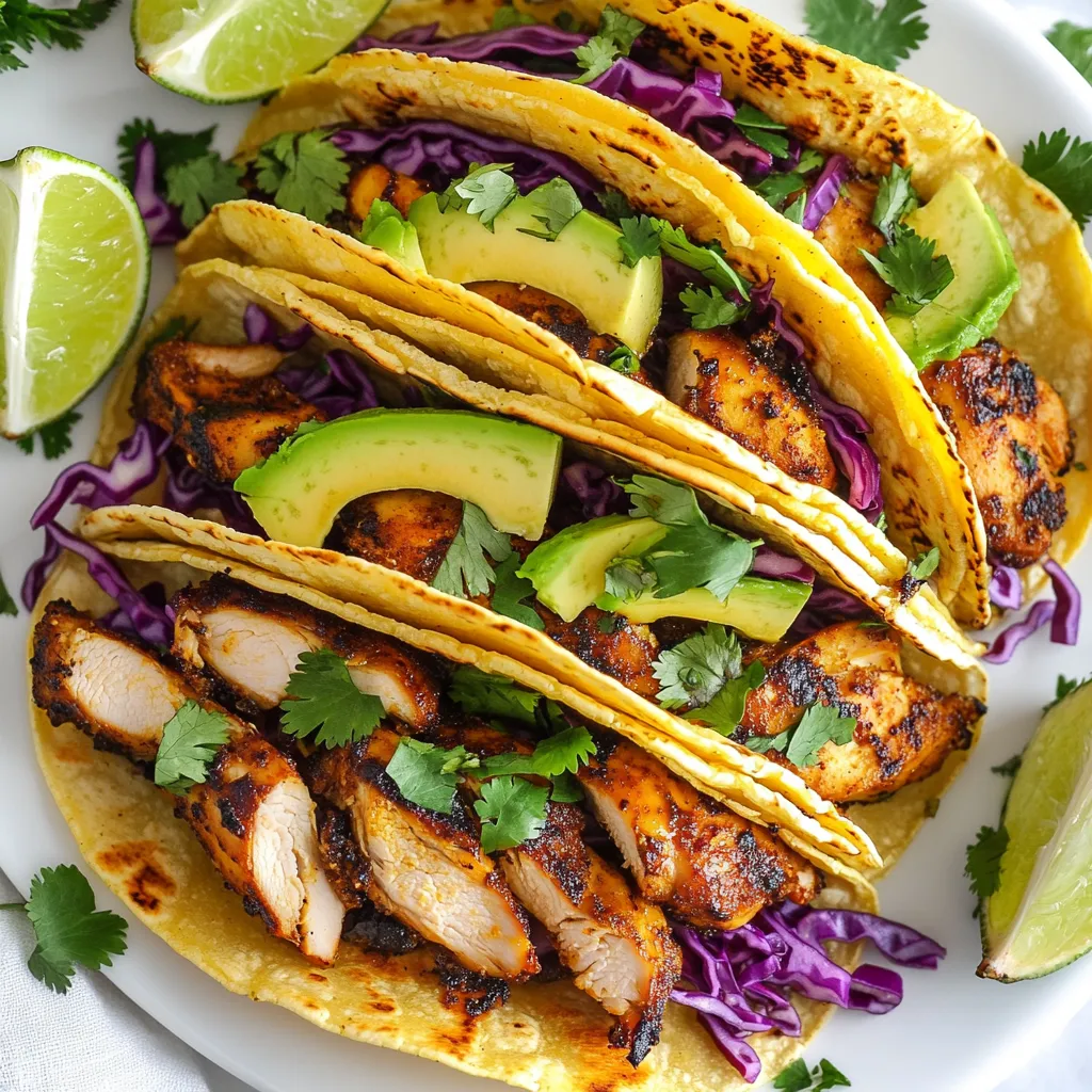 To make Cuban Mojo Chicken Tacos, gather these items: - 1 lb boneless, skinless chicken thighs - 1/4 cup fresh orange juice - 1/4 cup fresh lime juice - 4 cloves garlic, minced - 1 teaspoon ground cumin - 1 teaspoon dried oregano - 1/2 teaspoon smoked paprika - Salt and black pepper to taste - 2 tablespoons olive oil - 8 small corn tortillas - 1 cup red cabbage, thinly shredded - 1 avocado, sliced - Fresh cilantro leaves for garnish - Lime wedges for serving Each ingredient plays a big role in flavor. The chicken absorbs the zesty marinade well. Fresh garlic adds depth. The spices bring warmth and smoke. The cabbage gives a nice crunch. The avocado adds creaminess. For the best flavor, choose high-quality ingredients: - Spices: McCormick or Simply Organic offer fresh spices that pack a punch. - Tortillas: Look for brands like Tortilla Land or La Tortilla Factory for soft, tasty tortillas. - Avocados: Choose avocados that feel slightly soft when you gently squeeze them. They should not feel mushy. - Cabbage: Select bright red cabbage. It should feel firm and have no brown spots. Using the best brands makes a big difference in your tacos. Fresh ingredients give you the best taste and texture. {{ingredient_image_2}} To start, mix the marinade in a medium bowl. Combine fresh orange juice, lime juice, and minced garlic. Add ground cumin, dried oregano, smoked paprika, salt, and black pepper. Whisk these ingredients together until they blend well. This marinade gives your chicken a bold flavor. Marinating time is key. Let the chicken sit in the marinade for at least one hour. For the best taste, marinate it overnight. This allows the flavors to soak into the meat deeply. You can cook the chicken on a grill or in a skillet. Preheat your grill or skillet over medium-high heat. Add olive oil to the skillet to coat the bottom. Remove the chicken from the marinade, letting the extra liquid drip off. Cook the chicken for about 6-7 minutes on each side. Make sure the chicken reaches 165°F (74°C) to ensure safety. This step is crucial for a juicy and safe meal. Now, it's time to put your tacos together. Take a warm corn tortilla and lay a few slices of chicken on it. Then, add shredded red cabbage and creamy avocado slices on top. For a beautiful finish, sprinkle fresh cilantro leaves on each taco. Serve with lime wedges on the side. This adds a zesty burst of flavor. Arrange the tacos on a colorful platter for an inviting display. Marinating your chicken overnight is key. This lets the flavors sink in deep. Use fresh orange and lime juices to brighten the taste. The garlic adds a nice kick. To make your dish even better, consider adding spices like chili powder or coriander. They bring new depth to your tacos. When cooking, grilling gives a nice char, but pan-searing works well too. Start with a hot grill or skillet. Add olive oil before the chicken goes in. Cook until each side is golden and the inside reaches 165°F. This keeps the chicken tender and juicy. Don't forget to let it rest after cooking. This step helps the juices stay inside. For side dishes, pair your tacos with black beans or rice. Both add heartiness to your meal. Consider toppings like fresh salsa, lime wedges, or cheese. Shredded lettuce can also add crunch. Don't skip the fresh cilantro; it brightens the flavors. Enjoy your Cuban Mojo Chicken Tacos with a splash of lime for extra zest! Pro Tips Marinate Longer for Deeper Flavor: Allowing the chicken to marinate overnight enhances the flavors significantly, making each bite more delicious. Use a Meat Thermometer: To ensure your chicken is perfectly cooked, use a meat thermometer to check that the internal temperature reaches 165°F (74°C). Warm Tortillas Properly: Warming your corn tortillas until soft and pliable prevents them from cracking when you fold them, ensuring a better taco experience. Add a Kick: For an extra layer of flavor, consider adding sliced jalapeños or a sprinkle of chili powder to your tacos before serving. {{image_4}} You can change the chicken thighs if you want. Try using boneless chicken breasts for a leaner option. If you prefer pork, marinated pork tenderloin works well too. For a vegetarian twist, use grilled portobello mushrooms or jackfruit. Both options soak up the marinade flavors nicely. Want more heat? Add sliced jalapeños or a splash of hot sauce to the marinade. You can also use chili powder or cayenne pepper in your spice mix. If you prefer milder tacos, skip the hot sauce. Instead, use sweet bell peppers for a touch of flavor without the heat. Cuban mojo brings a bright flavor to many dishes. You can mix Cuban mojo with Asian flavors. Try adding soy sauce and ginger for a unique twist. Tacos can also take on a Mexican flair. Use chipotle sauce or mango salsa for a fun flavor mix. To keep your Cuban mojo chicken fresh, use these simple steps. Store leftovers in an airtight container. This helps to keep the chicken moist and flavorful. Place the container in the refrigerator. It will stay good for up to three days. For long-term storage, freezing works great. Wrap the chicken tightly in plastic wrap or foil. Then, place it in a freezer bag. Remove as much air as possible to prevent freezer burn. The chicken can last up to three months in the freezer. When you're ready to eat, just thaw it in the fridge overnight. To reheat the chicken without losing moisture, use a skillet. Heat it over low to medium heat. Add a splash of water or broth to the pan. This keeps the chicken juicy. Warm it for about five to ten minutes, flipping the pieces to heat evenly. For the tortillas, warming them is easy. Use a dry skillet over medium heat. Place each tortilla in the skillet for about 30 seconds on each side. This makes them soft and warm, perfect for your tacos. Enjoy your meal! Marinating chicken adds flavor and tenderness. I suggest marinating for at least 1 hour. For the best taste, marinate overnight. This way, the chicken fully absorbs the mojo sauce. Fresh orange juice and garlic work their magic when given time. Yes, you can use store-bought mojo sauce. It saves time and effort. However, homemade mojo has a fresh taste that store-bought may lack. Making your own gives you control over flavors. If you're in a hurry, store-bought is a good choice. You can use many toppings for your tacos. Here are some popular options: - Shredded red cabbage for crunch - Sliced avocado for creaminess - Fresh cilantro for a burst of flavor - Lime wedges for a zesty kick Feel free to add your favorites, like diced tomatoes or jalapeños! This guide covered the essentials for making Cuban Mojo Chicken Tacos. We discussed key ingredients, quality brands, and tips for marinating and cooking chicken. You learned about layering flavors and presentation, along with storage solutions and reheating methods. Remember, the secret to great tacos lies in using fresh ingredients and allowing time for marinating. Explore variations and find what suits your taste. Enjoy tasty, flavorful tacos in no time!