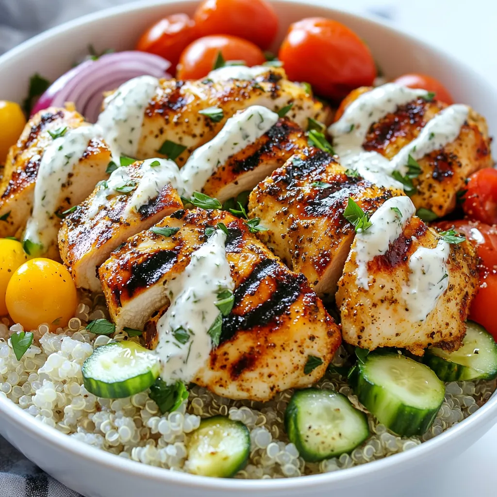 - 1 lb boneless, skinless chicken thighs, cut into 1-inch cubes - 3 tablespoons olive oil - Juice of 1 large lemon - 3 cloves garlic, finely minced - 1 tablespoon dried oregano - Salt and freshly cracked black pepper to taste - 1 cup cooked quinoa or rice (white or brown) - 1 cup cherry tomatoes, halved - 1 medium cucumber, diced into small pieces - 1/2 red onion, thinly sliced - 1/2 cup Kalamata olives, pitted and quartered - 1 cup Tzatziki sauce (store-bought or homemade) - Fresh parsley, chopped coarsely (for garnish) The chicken thighs are the star of this dish. They stay juicy when cooked. The olive oil and lemon juice help to create a bright, tangy marinade. Garlic and oregano add depth to the flavor. Fresh vegetables like cherry tomatoes, cucumber, and red onion bring color and crunch. Kalamata olives add a briny bite. Quinoa or rice serves as a hearty base. Tzatziki sauce gives it a creamy finish. - Homemade Tzatziki sauce - Additional garnishes like crumbled feta or warm pita bread Homemade Tzatziki sauce can enhance the dish even more. You can make it with yogurt, cucumber, garlic, and herbs. For extra flavor, consider topping your bowls with crumbled feta cheese. Warm pita bread on the side adds a nice touch too. These optional ingredients can make your meal feel special and satisfying. {{ingredient_image_2}} - Prepare the marinade: In a large bowl, mix 3 tablespoons of olive oil, juice from 1 lemon, 3 minced garlic cloves, and 1 tablespoon of dried oregano. Add salt and pepper to taste. This mix gives the chicken great flavor. - Marinate the chicken: Cut 1 pound of chicken thighs into 1-inch cubes. Add these cubes to the marinade, making sure each piece gets coated. Cover the bowl and chill it in the fridge for at least 30 minutes. For best results, let it marinate for up to 2 hours. - Preheat grill or grill pan: Heat your grill or pan over medium-high heat. This step is key for nice grill marks and juicy chicken. - Cooking chicken to perfection: Place the marinated chicken pieces on the grill in a single layer. Grill them for about 10-15 minutes. Turn the chicken pieces occasionally until they are cooked through. Check that the internal temperature reaches 165°F (75°C). - Preparing the base (quinoa or rice): While the chicken cooks, prepare 1 cup of cooked quinoa or rice. Follow package instructions if you need to cook it now. Set it aside when done. - Layering the ingredients: In each bowl, spoon a generous amount of quinoa or rice as the base. Add the grilled chicken on top. Then, scatter halved cherry tomatoes, diced cucumber, thinly sliced red onion, and quartered Kalamata olives on top. This creates a colorful and tasty dish. Drizzle Tzatziki sauce over everything, and finish with chopped parsley for a fresh touch. 1. Best Marinating Practices: Marinating chicken is key. Mix olive oil, lemon juice, garlic, oregano, salt, and pepper in a bowl. Add your chicken cubes and coat them well. Cover and chill for at least 30 minutes. For more flavor, let it sit for up to 2 hours. This helps the chicken absorb those tasty flavors. 2. Checking for Doneness: Always check the chicken's temperature. Use a meat thermometer to ensure it hits 165°F (75°C). The chicken should no longer be pink inside and should have nice grill marks. If you don’t have a thermometer, cut into a piece. It should be white and juicy, not dry or rubbery. 1. Presentation Ideas: Serve your bowls in large, rustic dishes to make them look appealing. You can also use elegant plates for a fancier touch. Add warm pita bread on the side for a true Greek experience. A sprinkle of crumbled feta cheese adds a nice touch. It gives extra flavor and looks great. 2. Complementary Dishes: Pair these bowls with a fresh Greek salad or a side of roasted vegetables. These sides bring more color and flavor to your meal. Consider a light dressing for the salad, like lemon vinaigrette. This will enhance the Greek theme and keep everything fresh and vibrant. Pro Tips Marinate Longer for Flavor: Allow the chicken to marinate for up to 2 hours to deepen the flavors. If you have the time, this step is essential for a more robust taste. Perfect Grill Marks: Make sure your grill is preheated and the chicken pieces are spaced out. This will help achieve those beautiful grill marks and prevent steaming. Quinoa Cooking Tip: Rinse quinoa under cold water before cooking to remove its natural coating, which can make it taste bitter. This will ensure a fluffier and tastier base. Serving Suggestions: For an extra touch, consider serving with warm pita bread and a sprinkle of crumbled feta cheese on top to enhance the Greek flavors. {{image_4}} You can switch the chicken thighs for chicken breasts. Chicken breasts are leaner and still tasty. Just remember to adjust cooking time to avoid drying them out. If you enjoy seafood, shrimp is a great choice too. Marinate shrimp for about 15 minutes and grill until pink. For a vegetarian option, try marinated tofu or grilled halloumi. Both add great flavor and texture. Feel free to change the grains in your bowl. Quinoa is packed with protein, but you can use rice, couscous, or farro. Each grain gives a unique taste and texture. You can also mix up the vegetables. Try bell peppers, zucchini, or roasted eggplant for a twist. For toppings, consider adding avocado or a sprinkle of feta cheese. These swaps can make your Greek Chicken Souvlaki Bowls even more delightful! To keep your Greek Chicken Souvlaki Bowls fresh, store them properly. - Place leftovers in an airtight container. - Refrigerate them right away. They stay good for up to three days. - If you want to keep them longer, consider freezing. To freeze: - Use freezer-safe containers or bags. - Label each bag with the date. - They can last for up to three months in the freezer. Reheating is key for keeping the flavor intact. - The best way to reheat chicken is in the oven. - Preheat your oven to 350°F (175°C). - Place the chicken on a baking sheet and cover it with foil. - Heat for about 15-20 minutes, checking often. You can also use a microwave: - Place the chicken in a microwave-safe dish. - Cover it with a damp paper towel to keep it moist. - Heat in short bursts, stirring in between, until hot. For the quinoa or rice: - Reheat in the microwave with a splash of water. - Stir to prevent it from drying out. These methods help maintain the taste and texture of your Greek Chicken Souvlaki Bowls. You can enjoy many sides with Greek Chicken Souvlaki Bowls. Here are some tasty options: - Warm pita bread - Greek salad with feta - Roasted vegetables like zucchini and bell peppers - Lemon or herb rice - Hummus for dipping These sides add flavor and nutrition to your meal. They also help balance the dish. Yes, you can prepare this recipe ahead of time. Here are some meal prep tips: - Marinate the chicken up to two hours in advance. This gives more flavor. - Cook the quinoa or rice a day before. Store it in the fridge. - Chop the vegetables and olives ahead of time. Keep them in sealed containers. - Assemble the bowls just before serving. This keeps everything fresh. Making it ahead saves time and effort on busy days. Yes, you can make Greek Chicken Souvlaki Bowls low-carb. Here are some suggestions: - Replace quinoa or rice with cauliflower rice. It tastes great and cuts carbs. - Skip the olives or use fewer for less salt and fat. - Add more non-starchy veggies like spinach or bell peppers. They boost nutrition. These changes help keep the meal healthy while still being delicious. Greek chicken souvlaki bowls are a delicious meal you can enjoy anytime. We covered the main ingredients, marinating techniques, and grilling tips to ensure great flavor. I shared ways to customize your bowls with various proteins and veggies. Proper storage and reheating methods keep your leftovers tasty. Now go ahead and create your own Greek chicken souvlaki bowl. Enjoy a meal that’s healthy, fun, and packed with flavor!