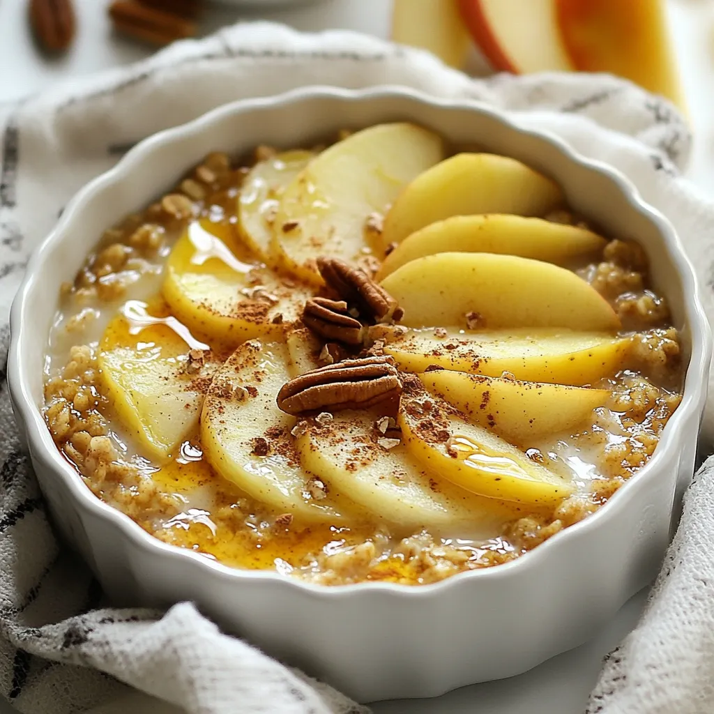 - 2 cups rolled oats - 2 cups almond milk (or preferred milk) - 2 medium apples (e.g., Granny Smith) - 1/4 cup pure maple syrup or honey - 1 teaspoon pure vanilla extract - 1 teaspoon ground cinnamon - 1/2 teaspoon ground nutmeg - 1/4 cup chopped walnuts or pecans - 1/4 cup raisins or dried cranberries For this recipe, start with rolled oats. They give your dish a nice chew. Next, choose your milk. Almond milk works well, but any milk is fine. I like using Granny Smith apples. They add a nice tangy flavor. You will also need pure maple syrup or honey for sweetness. Now, let’s talk about spices. Vanilla extract brings warmth. Ground cinnamon is a must for that cozy taste. Nutmeg adds a hint of spice that blends well with apples. You can add nuts for crunch. Chopped walnuts or pecans are great options. Dried fruits like raisins or cranberries add extra sweetness and texture. These are optional but highly recommended for a boost in flavor. Gather these ingredients, and you’ll be ready to create a warm, inviting dish that fills your home with a wonderful aroma. {{ingredient_image_2}} - Preheat oven to 350°F (175°C). - Grease the baking dish to prevent sticking. - In a large bowl, combine 2 cups of rolled oats, 1 teaspoon of ground cinnamon, 1/2 teaspoon of ground nutmeg, 1/2 teaspoon of baking powder, and 1/4 teaspoon of fine salt. - Whisk the mixture until the ingredients blend well. - In another bowl, whisk together 2 cups of almond milk, 1/4 cup of pure maple syrup, and 1 teaspoon of pure vanilla extract. - Ensure everything combines smoothly for the best flavor. - Fold in 2 diced apples into the dry oat mixture, ensuring they are well coated. - Pour in the wet ingredients and stir until the mixture is smooth and even. - If you want extra texture and flavor, gently fold in 1/4 cup of chopped walnuts or pecans and 1/4 cup of raisins or dried cranberries. - This step is optional but adds a nice crunch and sweetness. - Pour the mixture into the greased baking dish, spreading it evenly. - Bake in your preheated oven for 30-35 minutes, until the top is golden brown. - The oatmeal should feel firm when gently pressed. To get that ideal texture, mix all your ingredients well. This helps the oats cook evenly. If your oven runs hot or cold, adjust the baking time. You want the top to be golden and firm. You can add spices like ginger or clove for a warm twist. This gives a deeper flavor that pairs well with the apples. Before serving, top your dish with fresh fruits. Slices of banana or berries add color and taste. Serve your baked oatmeal warm for the best taste. Drizzle extra maple syrup on top for sweetness. Garnish with apple slices for a fresh touch. A dollop of yogurt makes it even creamier. This adds both flavor and a nice look to your dish. Pro Tips Choosing the Right Apples: Opt for a mix of sweet and tart apples for a balanced flavor. Granny Smith and Honeycrisp are excellent choices that hold their shape well during baking. Customize Your Sweetness: Adjust the amount of maple syrup or honey according to your taste preferences. You can also reduce the sweetener if you prefer a less sweet baked oatmeal. Texture Variation: For added texture, consider mixing in other nuts or seeds, such as almonds or chia seeds, which can enhance the nutritional value and crunchiness. Storing Leftovers: Store any leftovers in an airtight container in the refrigerator for up to 5 days. Reheat individual portions in the microwave for a quick breakfast or snack. {{image_4}} You can swap out apples for other fruits. Pears add a sweet flavor. Berries like blueberries or raspberries work well too. They bring a burst of color and taste. Each fruit gives a new twist to the dish. Try mixing fruits for more fun! If you want a different sweet taste, use agave syrup. It has a mild flavor that blends nicely. Brown sugar is another great choice. It adds a rich sweetness and deeper color. Both options can make your baked oatmeal unique! For a gluten-free dish, use gluten-free oats. They are just as tasty and safe for you. This way, everyone can enjoy the meal. You won’t lose any flavor or texture. It's an easy switch that keeps the dish delicious! I recommend storing any leftovers in an airtight container in the fridge. This keeps them fresh for up to a week. When you're ready to enjoy, simply take out a portion. For quick meals, freeze individual portions. I like to use freezer-safe containers or bags. Label them with the date, and they can last for about three months. Just remember to let them cool completely before freezing. To warm up your baked oatmeal, use the microwave or oven. If using a microwave, heat for about 1-2 minutes. If using an oven, preheat it to 350°F (175°C) and warm for about 10-15 minutes. Enjoy it warm for the best taste! Yes, by using almond milk and maple syrup. This swaps out dairy and honey for plant-based options. You can still enjoy the same great taste while keeping it vegan-friendly. It lasts up to a week in the fridge. Store it in an airtight container. Just reheat your portion in the microwave or oven for a quick breakfast. Steel-cut oats require a longer cooking time and may alter texture. They don't soften as much as rolled oats. If you choose to use them, soak them overnight or cook them longer for the best results. This blog post covered how to make a delicious Apple Cinnamon Baked Oatmeal. We discussed key ingredients like oats, apples, and almond milk. You learned about mixing techniques and baking tips to achieve perfect texture. Remember, you can customize your dish with nuts or different fruits. Whether you enjoy it warm or chilled, this dish offers flexibility for your taste. Give it a try, and enjoy a wholesome meal!