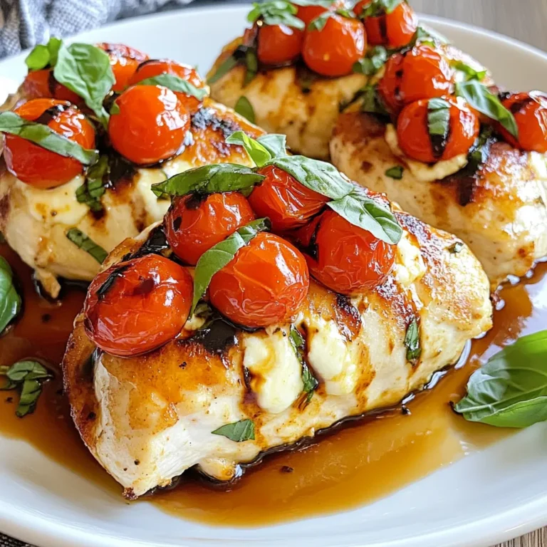 - 4 boneless, skinless chicken breasts - 1 cup fresh mozzarella cheese, diced - 1 cup cherry tomatoes, halved - 1/4 cup fresh basil leaves, finely chopped - 2 cloves garlic, minced - 1 tablespoon balsamic glaze - 1 teaspoon dried oregano - Salt and freshly ground black pepper to taste - 1 tablespoon olive oil The key to making Caprese stuffed chicken is to use fresh, high-quality ingredients. I always choose ripe cherry tomatoes for their sweetness and vibrant flavor. Fresh mozzarella adds a creamy texture that melts beautifully. You want your chicken breasts to be boneless and skinless. This makes them easy to stuff and cook evenly. For flavor, fresh basil is a must. It gives that classic Caprese taste. Garlic adds a nice kick. Balsamic glaze brings a sweet tang that complements the cheese and tomatoes. To enhance the dish, I add dried oregano. This spice rounds out the flavors. When it comes to seasoning, don’t hold back on salt and pepper. They bring out the taste of the chicken. A drizzle of olive oil helps with cooking and adds richness. Gather these ingredients, and you’re ready to create a juicy and flavorful delight! {{ingredient_image_2}} - Preheat your oven to 375°F (190°C). This temperature is perfect for baking chicken. - In a medium bowl, mix the filling ingredients. Use 1 cup of diced mozzarella cheese, 1 cup of halved cherry tomatoes, 1/4 cup of finely chopped basil, and 2 minced garlic cloves. Add 1 tablespoon of balsamic glaze and 1 teaspoon of oregano. Sprinkle a pinch of salt and pepper. Stir until all flavors blend well. - Take each chicken breast and place it on a cutting board. Use a sharp knife to cut a pocket into the side of each breast. Be careful not to cut through completely. - Stuff each chicken breast pocket with the filling. Fill it well, but avoid overstuffing to prevent spillage during cooking. - Heat 1 tablespoon of olive oil in a large skillet over medium-high heat. Once the oil is hot, place the stuffed chicken in the skillet. Sear each side for 4-5 minutes until they have a nice golden crust. - After searing, transfer the skillet to the preheated oven. Bake for 20-25 minutes. Check that the chicken reaches an internal temperature of 165°F. - Once done, take the skillet out of the oven. Let the chicken rest for a few minutes. This step helps keep the juices inside. Just before serving, drizzle more balsamic glaze on top for extra flavor and a beautiful look. Choosing high-quality ingredients makes your dish shine. For mozzarella, select fresh, soft cheese. It melts well and adds creaminess. Look for mozzarella with a high moisture content. For tomatoes, go for ripe cherry tomatoes. Their sweetness enhances the flavor. Use bright, firm tomatoes for the best results. If possible, buy them at a local market for freshness. Fresh basil is a must. It gives the dish a fragrant, herbal note. Look for bright green leaves with no brown spots. Fresh basil adds that classic Caprese taste. Perfect searing is key to tasty chicken. Heat your skillet over medium-high heat. When the oil shimmers, it’s ready. Place the chicken in the skillet and don’t move it for a few minutes. This helps form a nice crust. To check chicken doneness, use a meat thermometer. Insert it into the thickest part of the chicken. When it reads 165°F, it’s safe to eat. If you don’t have a thermometer, cut into the chicken. The juices should run clear. Plating your dish well is vital for a great meal. Start by placing the stuffed chicken in the center of the plate. This makes it the star of the show. For garnishing, sprinkle fresh basil leaves around the plate. A drizzle of balsamic glaze adds a touch of elegance. This small detail makes the dish more appealing and tasty. Pro Tips Use Fresh Ingredients: Always opt for fresh mozzarella and ripe cherry tomatoes for the best flavor and texture in your Caprese stuffed chicken. Perfectly Seasoned Chicken: Don’t forget to season the exterior of the chicken well to enhance the overall taste; a simple mix of salt and pepper can make a big difference. Let It Rest: Allow the chicken to rest for a few minutes after baking; this helps the juices redistribute, keeping the chicken moist and flavorful. Experiment with Herbs: Feel free to add other herbs like thyme or rosemary to the stuffing for a unique twist on the classic Caprese flavor profile. {{image_4}} You can change the cheese in this dish. Swap mozzarella for provolone or goat cheese. Both will add a unique taste. You can also add spinach or artichokes for a fresh twist. Spinach gives a nice green color and adds nutrients. Artichokes add a lovely earthy flavor. To amp up the flavor, try adding pesto or sun-dried tomatoes. Pesto gives a rich, herby kick. Sun-dried tomatoes add a sweet and tangy touch. You can also use different herbs. Try thyme or rosemary for a twist. A pinch of red pepper flakes can add heat if you like spice. You can grill the stuffed chicken for a smoky flavor. Just preheat your grill and cook it for about 6-7 minutes per side. This method keeps the chicken juicy and adds grill marks. Another fun option is the air fryer. It cooks the chicken quickly and makes the outside crispy. Set it to 375°F and cook for about 15-20 minutes. Both methods give you tasty results! To keep your Caprese stuffed chicken tasty, refrigerate it right away. Place the chicken in an airtight container. This helps keep it fresh. You can store leftovers for up to three days. If you want to enjoy them later, freezing is a great option. To freeze cooked chicken, let it cool completely. Wrap each piece tightly in plastic wrap. Then, place them in a freezer bag. Remove as much air as possible. This helps prevent freezer burn. You can freeze stuffed chicken for up to three months. When you're ready to eat, thaw it in the fridge overnight. To reheat, place it in the oven at 350°F (175°C) until warm. This keeps the chicken juicy and delicious. For meal prep, you can prepare the chicken ahead of time. Stuff and season the chicken, then store it in the fridge. Use it within two days for the best taste. You can also use prepped chicken in salads, pasta, or sandwiches. This adds flavor and protein to your meals. Enjoy the versatility of Caprese stuffed chicken! How do I know when chicken is fully cooked? The best way to check is with a meat thermometer. Insert it into the thickest part of the chicken. It should read 165°F (75°C). If you don’t have a thermometer, cut into the chicken. The juices should run clear, not pink. Can I make this recipe ahead of time? Yes, you can! Prepare the chicken and stuff it a day before. Just keep it covered in the fridge. When ready to cook, let it sit at room temperature for about 30 minutes. This helps it cook evenly. Is Caprese Stuffed Chicken suitable for meal prep? Absolutely! This dish stores well in the fridge. You can easily pack it for lunch or dinner. Just divide it into meal prep containers. It tastes great even after a few days. Can I make it gluten-free? Yes, this recipe is naturally gluten-free. All the ingredients are safe for a gluten-free diet. Just ensure any added sauces or condiments are also gluten-free. What to do if the chicken is dry? If the chicken turns out dry, it might be overcooked. Always check the temperature early. To fix dry chicken, you can add a sauce or broth when serving. This adds moisture and flavor. How to adjust for different oven types? Ovens can vary in heat. If your oven runs hot, reduce the temperature by 25°F (about 15°C). If it runs cool, increase the cooking time. Always check the chicken's internal temperature to ensure it’s safe to eat. In this blog post, we explored how to make Caprese Stuffed Chicken. We covered main ingredients like chicken, mozzarella, and tomatoes. You learned about flavor enhancers like garlic and basil. Step-by-step, I guided you through preparation and cooking. We also discussed tips for ingredient selection and creative variations. Final thoughts: This dish is simple yet delicious. It's perfect for any occasion. Enjoy trying it out and making it your own!