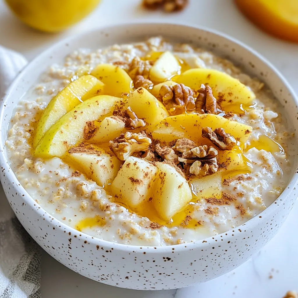 - 1 cup rolled oats - 1 cup almond milk (or your preferred milk) - 1 medium apple, grated - 1 teaspoon ground cinnamon - 2 tablespoons honey or maple syrup (to taste) - 1 tablespoon chia seeds - 1/4 cup Greek yogurt (optional, for added creaminess) - A pinch of salt - Chopped nuts (walnuts or pecans) for topping - Sliced apple for garnish These ingredients form a simple and tasty base for your overnight oats. Rolled oats give a hearty texture, while almond milk keeps it light. Grated apple adds natural sweetness and flavor. Ground cinnamon brings warmth, and a pinch of salt enhances the taste. Chia seeds help thicken the mix and add healthy fiber. You can choose to add Greek yogurt if you want a creamier texture. Top it all off with chopped nuts and apple slices for a crunchy finish. This combo makes every bite satisfying and delicious. {{ingredient_image_2}} 1. Combining oatmeal with almond milk Start by taking a medium mixing bowl. Add 1 cup of rolled oats and 1 cup of almond milk. Stir well to blend the oats and milk. This step is key for a creamy texture. 2. Mixing in other ingredients Next, add in the grated apple, 1 teaspoon of ground cinnamon, and 2 tablespoons of honey or maple syrup. Don’t forget to include 1 tablespoon of chia seeds and a pinch of salt. Gently mix all these ingredients until they are well combined. 3. Incorporating Greek yogurt for creaminess If you want a richer taste, now is the time to add 1/4 cup of Greek yogurt. Stir it in thoroughly to make the mixture extra creamy. This optional step takes your oats to the next level. 4. Transfer to jars for refrigeration Now, divide the mixture evenly into individual jars or containers. Make sure they have airtight lids. This keeps your oats fresh and makes for easy grab-and-go breakfasts. 1. Importance of soaking time Seal those jars and pop them in the refrigerator. Let them soak overnight or at least for 4 hours. Soaking is crucial. It allows the oats to absorb the milk and soften. 2. Preparing oats for the next morning The next morning, take the jars out of the fridge. Give the oats a good stir. If you like them a bit thinner, add a splash of extra milk to reach your preferred consistency. 3. Tips for achieving desired consistency Before serving, top your oats with chopped nuts and a few slices of fresh apple. If you want a touch more sweetness, drizzle some honey or syrup on top. This adds a nice finish and makes the dish even tastier. Adjusting sweetness levels You can control how sweet your oats taste. Start with two tablespoons of honey or maple syrup. If you like it sweeter, add more. Taste as you go. Incorporating additional spices Cinnamon is great, but you can mix in other spices too. Try nutmeg or vanilla extract for a different taste. Just a pinch can change the whole dish. Choosing the right type of apple Use a sweet apple like Fuji or Honeycrisp. These apples add a nice crunch and natural sweetness. Avoid tart apples, as they can make the oats less tasty. How to prep in advance You can make these oats for the whole week. Just double or triple the recipe. Prepping in jars makes it easy to grab on busy mornings. Best storage practices Keep the oats in airtight containers. This keeps them fresh. If you add toppings, store them separately until you eat. This keeps your oats from getting soggy. Pro Tips Use Fresh Apples: Fresh, crisp apples will enhance the flavor and texture of your overnight oats. Try different varieties like Granny Smith for tartness or Honeycrisp for sweetness. Add a Pinch of Nutmeg: For a warm, comforting flavor, consider adding a pinch of nutmeg along with the cinnamon. It brings a delightful depth to the overall taste of the oats. Customize Your Sweetness: Adjust the amount of honey or maple syrup according to your taste preferences. You can also substitute with a sugar-free sweetener for a healthier option. Experiment with Toppings: Get creative with toppings! Try adding dried fruits, seeds, or different types of nuts to add variety and nutrition to your overnight oats. {{image_4}} You can switch up the oats you use. Try steel-cut oats for a chewier bite. Instant oats are fine if you like softer oats. Each type gives a distinct texture. You can also change the milk. Almond milk works great, but soy, oat, or cow's milk can be used too. Each milk adds its unique flavor. Get creative by adding fruits or nuts. Berries, bananas, or even dried fruits mix well with apple and cinnamon. Nuts like walnuts or pecans add crunch and protein. Don't shy away from spices and sweeteners. Try nutmeg or ginger for warmth. Maple syrup can replace honey for a different sweetness. Experiment and find your favorite blend! Your apple cinnamon overnight oats will last in the fridge for about 3 to 5 days. Keep them in airtight containers. This helps keep them fresh and stops them from drying out. If you want to change the flavor over time, add toppings like nuts or fresh apples right before eating. Yes, you can freeze overnight oats! This is a great way to save time. To store for long-term use, place the oats in freezer-safe containers. Make sure to leave some space at the top. The oats will expand as they freeze. They can stay in the freezer for up to 3 months. When you want to eat them, just thaw them in the fridge overnight. Add a splash of milk before serving to make them creamy again. Can I use quick oats instead of rolled oats? Yes, you can use quick oats. They cook faster and absorb liquid quickly. However, they may become mushy. Rolled oats give you a better texture and chew. How can I modify the recipe for a single serving? To make a single serving, just halve the ingredients. Use 1/2 cup of oats and 1/2 cup of milk. This keeps it simple and delicious without wasting any food. Are overnight oats healthy? Yes, overnight oats are healthy! They are high in fiber and keep you full. You can add fruits, nuts, and seeds for extra nutrients. They also have low sugar if you choose unsweetened milk and natural sweeteners. Can I make this recipe vegan? Absolutely! Just use plant-based milk like almond or oat milk. You can swap honey for maple syrup to keep it vegan. Enjoy your tasty, plant-based breakfast! Overnight oats are a simple and tasty breakfast option. You can create them with just a few ingredients, like rolled oats, almond milk, and apples. Following easy steps, you can prep them the night before for a quick morning meal. Don't forget to customize flavors with your favorite toppings. Store them well for freshness. With swaps and variations, you can enjoy a new twist each time. Try different fruits or spices to keep it exciting. Now, you have all the tools to make delicious overnight oats!
