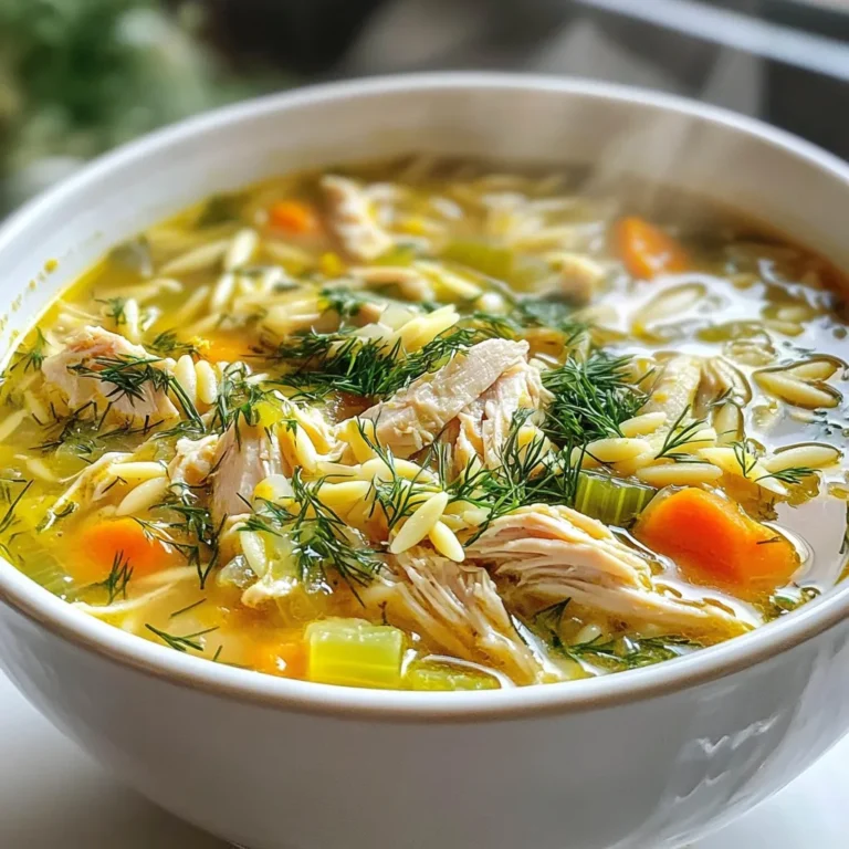 - 1 lb boneless, skinless chicken thighs - 4 cups chicken broth - 1 medium onion, finely chopped - 2 cloves garlic, minced - 2 medium carrots, diced - 2 celery stalks, diced - 3 tablespoons fresh dill, chopped - 3 tablespoons fresh parsley, chopped - 1/2 cup orzo pasta - Juice of 2 lemons - 2 large eggs - 2 tablespoons olive oil - Salt and freshly cracked pepper to taste The right mix of ingredients makes this soup special. First, chicken thighs give a rich flavor. They stay juicy and tender in the broth. The chicken broth is key, too. It adds depth and warmth, making the soup feel cozy. Next, we have the vegetables. Onions, garlic, carrots, and celery bring color and taste. They also add texture, making each bite fun. Fresh dill and parsley add a lovely herb taste. They brighten the soup and make it smell amazing. Orzo pasta adds a nice shape and chews well. It soaks up the broth and makes the soup filling. The lemon juice brings a zesty kick. It balances the rich flavors and makes the soup refreshing. Finally, the eggs give a creamy texture. They help thicken the soup without heavy cream. Salt and pepper enhance all these flavors. Each ingredient plays a part in making Greek Lemon Chicken Soup a dish you will love. {{ingredient_image_2}} - Heating the Oil and Sautéing Vegetables Start by heating 2 tablespoons of olive oil in a large pot over medium heat. Once hot, add the finely chopped onion. Sauté it for about 5 minutes until soft and see-through. Then, stir in the minced garlic, diced carrots, and diced celery. Keep sautéing for another 3-4 minutes until these veggies become tender and fragrant. - Cooking the Chicken and Shredding Pour in 4 cups of chicken broth and raise the heat a bit to bring the soup to a simmer. Carefully add 1 pound of boneless, skinless chicken thighs to the pot. Let the chicken cook for about 20 minutes until fully cooked. Remove the chicken, let it cool a bit, then shred it using two forks. - Making the Broth Creamy Add 1/2 cup of orzo pasta to the simmering broth. Cook it according to the package instructions, which takes about 8-10 minutes. While the orzo cooks, whisk together 2 large eggs, the juice of 2 lemons, and 3 tablespoons of chopped dill in a medium bowl. After the orzo is tender, reduce the heat to low. To temper the egg mixture, whisk in one ladleful of the hot broth slowly. This keeps the eggs from curdling. Then, pour the egg mixture back into the pot while stirring. This will give the soup a creamy touch. Add the shredded chicken and 3 tablespoons of chopped parsley. Season with salt and cracked pepper. Heat for another 5 minutes but don’t let it boil. Enjoy your Greek Lemon Chicken Soup! Achieving Flavorful Broth Start with quality chicken broth. Use homemade broth if possible. If not, choose a low-sodium option. Sauté the onions and garlic before adding broth. This step builds a strong base for flavor. Let the broth simmer gently. This allows all the ingredients to meld. Perfecting Orzo Texture Cook orzo separately for the best texture. Add it to the broth only when you are ready to serve. This keeps the pasta firm and prevents it from getting mushy. Always check the package instructions for timing. Stir often to ensure even cooking. Egg Tempering Tips To avoid curdling, temper the eggs first. Whisk hot broth into the egg mixture slowly. This warms up the eggs without cooking them. Once tempered, pour the egg mixture back into the pot slowly. Stir constantly for a creamy texture. This method makes your soup rich and smooth. Garnishes for Presentation Garnish your soup with fresh herbs. Use extra sprigs of dill or parsley. You can also add lemon slices for a pop of color. This makes the dish look appealing and fresh. A sprinkle of cracked pepper adds a nice touch too. Pairing with Bread or Salads Serve Greek lemon chicken soup with crusty bread. The bread is perfect for dipping. You can also serve it alongside a simple salad. A light cucumber or Greek salad complements the soup well. This combination makes a full, hearty meal. Pro Tips Use Fresh Ingredients: Using fresh herbs and high-quality chicken can significantly enhance the flavor of your soup. Control the Temperature: When adding the egg and lemon mixture, make sure to temper the eggs to avoid curdling, and keep the soup on low heat afterward. Customize Your Soup: Feel free to add other vegetables like spinach or peas for added nutrition and color. Storage Tips: This soup can be stored in the refrigerator for up to 3 days; however, the orzo may absorb some broth, so consider adding more broth when reheating. {{image_4}} You can change some key ingredients for Greek lemon chicken soup. If you want to swap the chicken, try turkey or even tofu. Both work well and still taste great. For the pasta, orzo is often used, but you can substitute it with rice or quinoa. These options make the soup gluten-free. If you prefer a vegetarian version, just leave out the chicken and use vegetable broth. Add more vegetables like zucchini or bell peppers. This way, you still get a hearty soup packed with flavor. Spices can really change the taste of your soup. Try adding a pinch of cumin or coriander. These spices bring warmth and depth to the dish. Fresh herbs like basil or mint also add a bright flavor. For those who like a bit of heat, add some red pepper flakes or diced jalapeños. This gives the soup a spicy kick. Just remember to add a little at a time, so you control the spice level. Enjoy experimenting with these variations! To store Greek lemon chicken soup properly, let it cool first. Pour it into an airtight container. Seal it tight to keep the flavors fresh. Place the container in the fridge. The soup will last for about 3 to 4 days. If you want to save some soup for later, freezing is a great option. Cool the soup completely before filling freezer-safe containers. Leave some space at the top for expansion. The soup can stay frozen for up to 3 months. To reheat, take it out of the freezer and let it thaw overnight in the fridge. Heat it on the stove over medium heat. Stir often until it’s hot. If the soup seems thick, add a splash of chicken broth or water to get it back to the right texture. Yes, you can make Greek lemon chicken soup ahead of time. This soup tastes even better the next day. If you plan to make it early, store it in the fridge after it cools down. When you reheat it, the flavors will blend nicely. If you can't find orzo, don't worry! You can use small pasta shapes instead. Try ditalini or even rice if that’s what you have. Just keep an eye on cooking times, as they may vary. Absolutely! Leftover chicken works great in this soup. Just shred it and add it when you mix in the orzo. This is a smart way to use up extra chicken and save time! This blog post covered a tasty chicken soup recipe from ingredients to serving suggestions. You learned how to make a creamy broth, perfect orzo, and even spice things up. Remember, you can switch ingredients for your taste and store any leftovers. Cooking is about enjoying the process and sharing with others. Whether you try a new variation or stick to the classic, your soup is sure to please. So grab your ingredients and start cooking up something warm and delightful!