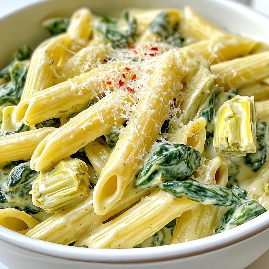 - 12 oz (340g) penne pasta - 1 can (14 oz) artichoke hearts, drained and roughly chopped - 3 cups fresh spinach, roughly chopped - 1 cup heavy cream - 1 cup grated Parmesan cheese - 3 cloves garlic, minced - 1 teaspoon onion powder - 1 teaspoon Italian seasoning - 2 tablespoons olive oil - Salt and pepper to taste - Red pepper flakes (optional, for heat) Gather these ingredients before you start cooking. Each one plays a key role in making your pasta creamy and full of flavor. The penne pasta will be the base, and the artichoke hearts add a unique taste. Fresh spinach brings color and nutrition. Heavy cream and Parmesan create a rich sauce. The spices and olive oil enhance the overall dish. When you have all your ingredients ready, cooking becomes smooth. It makes the process easier, and you’ll enjoy your time in the kitchen. Remember, fresh ingredients lead to the best results. Let's get cooking! - Heat 2 tablespoons of olive oil in a large pot over medium heat. - Once hot, add 3 cloves of minced garlic. Sauté for about 1 minute until fragrant. - Pour in 3 cups of vegetable broth and bring to a gentle simmer. - Add 12 ounces of penne pasta, 1 can of artichoke hearts, and seasonings. - Include 1 teaspoon of onion powder, 1 teaspoon of Italian seasoning, and a pinch of salt and pepper. - Stir well to coat the pasta in the broth. - Cover the pot and cook according to package instructions, about 10-12 minutes. Stir occasionally to prevent sticking. - When the pasta is nearly al dente and liquid is absorbed, reduce heat to low. - Gradually stir in 1 cup of heavy cream and 1 cup of grated Parmesan cheese. - Mix until the cheese melts and the sauce is creamy. - Add 3 cups of chopped spinach and cook for 2-3 minutes until wilted. - Taste and adjust seasoning. Add red pepper flakes if you like some heat. - How to prevent pasta from sticking: Stir the pasta during cooking. This keeps it from clumping. Use enough liquid in the pot. This helps the pasta move freely and cook evenly. - Perfecting the creamy sauce: Add the cream slowly after the pasta cooks. Stir it in well. This makes the sauce smooth and rich. Grate fresh Parmesan cheese for best flavor. - Garnishing with Parmesan and black pepper: Serve the pasta in bowls. Top each serving with a sprinkle of Parmesan. Add freshly cracked black pepper for a nice touch. This enhances the dish's flavor and looks. - Adding sautéed artichoke hearts for presentation: For a fancy look, sauté extra artichoke hearts. Place them on top of the pasta. This adds color and texture to your dish. - Substituting heavy cream and cheese for lighter options: You can use half-and-half or coconut milk instead of heavy cream. For cheese, try nutritional yeast or a vegan cheese blend. These options still give a creamy feel while being lighter. {{image_4}} You can easily boost the protein in this dish. Try adding cooked chicken, shrimp, or tofu. - Chicken: Use cooked, shredded chicken for a hearty touch. - Shrimp: Sauté shrimp until pink and add them during the last few minutes. - Tofu: Use firm tofu, cubed and sautéed until golden. These options make the pasta even more filling and satisfying. To make your dish pop, add extra herbs and spices. - Herbs: Fresh basil or parsley can brighten the flavors. - Spices: A pinch of nutmeg adds warmth. - Lemon Zest: Grate some lemon zest for a fresh twist. This will lift the creamy sauce and add brightness. Experimenting with flavors can turn this dish into your signature meal. Want to make this pasta vegan? It’s simple! - Cream: Substitute heavy cream with coconut cream or cashew cream. - Cheese: Use nutritional yeast or vegan cheese for a cheesy taste. - Broth: Ensure your vegetable broth is vegan-friendly. This vegan version keeps all the creaminess and flavor without animal products. Enjoy the same deliciousness while sticking to your diet! To keep your One Pot Creamy Spinach Artichoke Pasta fresh, store it in a sealed container. This helps to keep the flavors intact and prevents spills. Make sure it cools to room temperature before sealing. In the fridge, it lasts for about 3 to 5 days. If you want to enjoy this dish later, storing it correctly is key. Always check for any signs of spoilage before eating. Freezing this pasta is a great option if you want to save some for later. Start by letting it cool down completely. Then, place it in a freezer-safe container or bag. Be sure to remove as much air as possible to prevent freezer burn. You can freeze it for up to 2 months. When you’re ready to eat, take it out and let it thaw overnight in the fridge. To reheat, add a splash of vegetable broth or water to the pot. This helps bring back the creamy texture. Heat it on low, stirring often. Enjoy your creamy pasta just like new! Yes, you can use frozen spinach! Just thaw and drain it well before adding. Frozen spinach is convenient and still tasty. It may have a softer texture, but it works great in this dish. To make this dish gluten-free, use gluten-free penne pasta. Many brands offer tasty options. Just follow the cooking time on the package. It’s that simple! Reheat gently on the stove or in the microwave. If it seems thick, add a splash of broth or cream. Stir often to keep it creamy. This dish heats up nicely. Yes, you can prepare this meal ahead. Cook the pasta and sauce, then cool and store it in the fridge. When you’re ready to eat, reheat and add spinach just before serving. Enjoy a quick and tasty meal! This article covered how to make a tasty creamy spinach artichoke pasta. We explored the key ingredients, step-by-step cooking, and clever tips. You learned about dairy options, protein add-ins, and how to store leftovers. In my view, this dish is simple and satisfying. With countless variations, you can customize it to your taste. Enjoy cooking and sharing this delightful meal with friends and family!