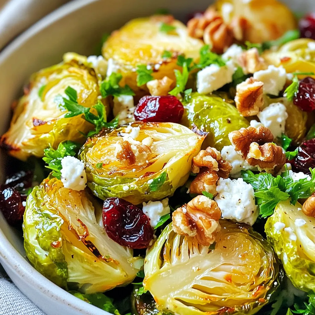 - 500g Brussels sprouts, trimmed and halved - 3 tablespoons honey - 2 tablespoons Dijon mustard - 1 tablespoon apple cider vinegar - 1/4 cup walnuts, toasted and roughly chopped - 1/4 cup dried cranberries - 1/4 cup feta cheese, crumbled Brussels sprouts shine in this salad. Their crunchy texture pairs well with sweet honey and tangy mustard. The walnuts add a nice crunch, while cranberries bring sweetness. Feta cheese gives a creamy, salty touch. - 2 tablespoons extra virgin olive oil - 1 teaspoon garlic powder - 1 teaspoon onion powder - Salt and black pepper, to taste These seasonings boost flavor. Olive oil helps the Brussels sprouts roast perfectly. Garlic and onion powders add depth. Salt and black pepper round out the taste. - Fresh parsley, finely chopped - Additional feta and walnuts Garnishes make your salad pop. Fresh parsley adds color. Extra feta and walnuts enhance texture and flavor. They also give your dish a more appealing look. {{ingredient_image_2}} First, preheat your oven to 200°C (400°F). This heat helps the Brussels sprouts roast nicely. While the oven warms, trim and halve 500g of Brussels sprouts. This size helps them cook evenly. In a big mixing bowl, add the halved Brussels sprouts. Pour in 2 tablespoons of extra virgin olive oil. Season with salt, black pepper, 1 teaspoon of garlic powder, and 1 teaspoon of onion powder. Mix well until every sprout is coated. Spread them out on a baking sheet in one layer. Give them room to roast well. Roast the Brussels sprouts for 20-25 minutes. Stir them halfway through cooking. This step helps them brown evenly. They should be crisp-tender and golden when done. While they roast, make the honey mustard dressing. In a small bowl, mix 3 tablespoons of honey, 2 tablespoons of Dijon mustard, and 1 tablespoon of apple cider vinegar. Add a pinch of salt and black pepper. Whisk until smooth. Once the Brussels sprouts are ready, take them out and let them cool for 5-10 minutes. In a large serving bowl, combine the warm Brussels sprouts, 1/4 cup of toasted walnuts, 1/4 cup of dried cranberries, and 1/4 cup of crumbled feta cheese. Drizzle the honey mustard dressing over the salad and toss gently. Make sure every piece is coated. Garnish with fresh parsley for a burst of color. Serve immediately and enjoy! To get Brussels sprouts just right, start with even cutting. Halving them helps them cook evenly. Coat them well in olive oil and seasonings. This will give you a nice crispy texture. Roast them at 200°C (400°F) for 20-25 minutes. Stir them halfway to ensure even cooking. You’ll know they are done when they are golden brown and tender. If you run out of honey, try maple syrup. It adds a nice sweetness too. For Dijon mustard, you can use yellow mustard or even spicy brown mustard. If you need a vegan option, swap honey for agave nectar. Adjust the dressing to fit your taste and dietary needs. Serve your salad in a large, shallow bowl. This shows off the bright colors of the Brussels sprouts and toppings. For a finishing touch, sprinkle extra feta and walnuts on top. This salad pairs well with grilled chicken or fish for a full meal. You can also serve it alongside a warm soup for a cozy dinner. Pro Tips Roasting Technique: For extra caramelization, consider broiling the Brussels sprouts for the last 2-3 minutes of roasting. This adds an appealing charred flavor. Nuts Variation: Feel free to swap walnuts with pecans or almonds for a different nutty flavor and texture in the salad. Cheese Alternatives: If you're not a fan of feta, try goat cheese or blue cheese for a tangy twist that complements the salad beautifully. Make Ahead: You can prepare the Brussels sprouts and dressing in advance. Store them separately in the fridge and combine just before serving to maintain freshness. {{image_4}} You can enhance the Honey Mustard Brussels Sprouts Salad with seasonal fruits and veggies. In spring, add fresh strawberries or peas. In fall, try sliced apples or roasted sweet potatoes. These additions bring freshness and color. For garnishes, consider using pomegranate seeds in winter or thinly sliced radishes in summer. These small touches add fun and flavor. If you want a vegan version, replace feta cheese with crumbled tofu or avocado. Both options offer creaminess and taste without dairy. You can also use nutritional yeast for a cheesy flavor without the cheese. For gluten-free options, ensure your mustard and any other sauces are gluten-free. This way, everyone can enjoy the salad without worry. To give the salad a twist, try adding spices like smoked paprika or chili flakes. These can add a warm kick. You can also mix in roasted garlic for a richer flavor. If you want more protein, consider adding grilled chicken, chickpeas, or quinoa. These ingredients will make the dish more filling and satisfying. To store your leftovers, place the salad in an airtight container. This keeps it fresh longer. It’s best to add the dressing just before serving. If you mix in the dressing, the salad may get soggy. When stored properly, the salad stays fresh for about 2-3 days. Always check for any off smells or changes in texture before eating. Freezing Brussels sprouts is not ideal. They can lose their nice texture. If you must freeze, do it before roasting. Store the sprouts in a freezer-safe bag. For the dressing, freeze it separately in an ice cube tray. This way, you can thaw just the amount you need later. For enjoying leftovers, the best method is to reheat in the oven. Preheat your oven to 175°C (350°F). Place the salad on a baking sheet and heat for about 10-15 minutes. This keeps the sprouts crispy. You can also reheat them in a skillet over medium heat. Just add a splash of olive oil to help them warm up nicely. Yes, you can use frozen Brussels sprouts. However, they may have a different texture. Fresh sprouts roast up crunchy and bright. Frozen ones can be softer and mushy. If you use frozen, make sure to thaw and dry them first. This step helps maintain some crispiness. If you don’t have Dijon mustard, don’t worry! You can use yellow mustard or whole grain mustard. Each type adds its own flavor. Yellow mustard is milder, while whole grain has a nice texture. Adjust the amount to taste, as these mustards can be stronger or milder than Dijon. To make this salad ahead, you can prep each part separately. Roast the Brussels sprouts and store them in the fridge. Make the honey mustard dressing and keep it in a jar. Toast the walnuts and chop the parsley. Assemble everything just before serving for the best taste. This way, the salad stays fresh and crunchy. This salad pairs well with many dishes. You can serve it with grilled chicken for protein. It also goes nicely with a quiche or roasted fish. For a vegetarian option, try it with stuffed peppers. The salad adds freshness to any meal, making it well-rounded and delicious. This blog post covered making a delicious Brussels sprout salad. We explored key ingredients like Brussels sprouts, honey mustard dressing, and walnuts. I shared tips on roasting, alternative dressings, and fun variations. Remember to store leftovers properly and enjoy them later. Don't hesitate to customize this recipe to fit your taste. With all these ideas, you’re ready to impress at your next meal. Create your signature dish and enjoy!