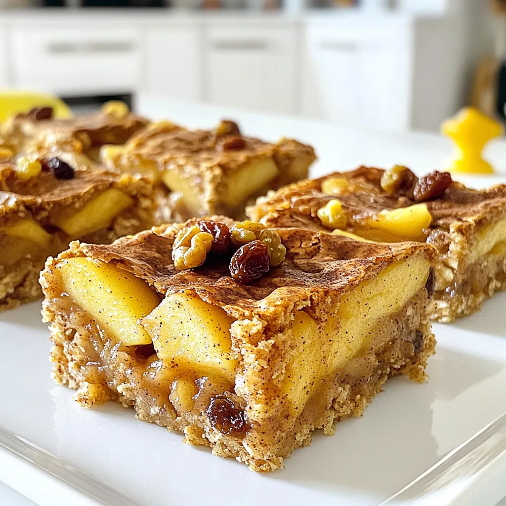 - 2 cups rolled oats - 1 cup almond flour - 1 teaspoon baking powder - 1 teaspoon ground cinnamon - 1/2 teaspoon ground nutmeg - 1/4 teaspoon sea salt - 1/2 cup honey or maple syrup - 1/2 cup unsweetened applesauce - 1/4 cup coconut oil, melted - 2 medium apples, peeled and diced into small chunks - 1/2 cup walnuts, chopped (optional) - 1/4 cup raisins or dried cranberries (optional) I love these apple cinnamon oatmeal bars because they are simple to make and full of flavor. You start with the dry ingredients. This includes rolled oats, almond flour, baking powder, cinnamon, nutmeg, and sea salt. Each one plays a big role in the final taste and texture. The oats give great chewiness. Almond flour adds a nice nutty flavor. Next, you mix the wet ingredients. In a bowl, whisk together honey or maple syrup, applesauce, and melted coconut oil. This mix brings sweetness and moisture to the bars. I often choose honey for its rich flavor, but maple syrup works well too. Now, for the fun part: add-ins! Diced apples add a fresh crunch. You can also toss in walnuts, raisins, or dried cranberries. These add-ins give extra texture and taste. I like using walnuts for a bit of crunch. The dried fruit adds natural sweetness. Gathering these ingredients is easy and quick. You can find all of them at your local store. The combination of flavors will make your kitchen smell amazing as they bake. - Preheat the oven to 350°F (175°C). - Prepare a 9x9-inch baking pan by greasing or lining it with parchment paper. - In a large bowl, combine: - 2 cups rolled oats - 1 cup almond flour - 1 teaspoon baking powder - 1 teaspoon ground cinnamon - 1/2 teaspoon ground nutmeg - 1/4 teaspoon sea salt - Stir these dry ingredients well until they mix evenly. - In a separate bowl, whisk together: - 1/2 cup honey or maple syrup - 1/2 cup unsweetened applesauce - 1/4 cup melted coconut oil - Mix until the blend is smooth and combined. - Gradually pour the wet mixture into the dry ingredients. - Stir gently but thoroughly until everything is evenly mixed into a batter. - Fold in: - 2 medium apples, peeled and diced into small chunks - 1/2 cup walnuts, chopped (optional) - 1/4 cup raisins or dried cranberries (optional) - Make sure the fruits and nuts are well spread throughout the batter. - Pour the batter into the prepared baking pan. - Use a spatula to smooth the top. - Place the pan in the oven and bake for 25-30 minutes. - Check if it’s done by inserting a toothpick; it should come out clean. - Once baked, let it cool in the pan for 10 minutes. - Carefully move the bars to a wire rack to cool completely. To get the best texture for your bars, do not overmix the batter. Mixing too much can make them tough. Just stir until you see no dry spots. Check doneness with a toothpick. Insert it into the center of the bars. If it comes out clean, they are ready. If you want to reduce the sweetness, use less honey or maple syrup. Start with a little less and taste the batter. You can always add more if needed. This way, you can control how sweet you want your bars. Feel free to change the flavors. You can add more spices like ginger or a pinch of cloves. Using flavored applesauce can also add a nice twist. Try cinnamon or even pumpkin spice applesauce for a fun change! {{image_4}} For a nut-free option, you can easily swap out the almond flour. Use oat flour or a gluten-free blend instead. This change keeps the bars soft and chewy, just like the original. Oat flour adds a nice flavor too. Plus, it makes the bars safe for those with nut allergies. If you want a vegan version, replace honey with maple syrup. This swap gives the bars a sweet touch without any animal products. You might need to adjust the binder if your mixture feels too loose. Adding a bit more applesauce can help. Get creative with your flavor! You can mix in chocolate chips for a sweet surprise. A splash of vanilla extract brightens up the taste too. Dried fruits like cranberries or apricots can add tangy notes. Each option makes the bars unique and fun to eat! You can store the Apple Cinnamon Oatmeal Bars at room temperature or in the fridge. If you opt for room temperature, place them in an airtight container. They will stay fresh for about three days. For longer storage, put them in the fridge. This will keep them good for up to a week. To freeze the bars, let them cool completely first. Then, wrap each bar tightly in plastic wrap. Place the wrapped bars in a freezer bag or an airtight container. They can last in the freezer for about three months. When you're ready to eat one, simply take it out and let it thaw at room temperature. You can also microwave it for about 15 seconds for a warm snack. To maintain freshness, always store the bars in an airtight container. Keeping them away from light and heat will help too. If you follow these steps, you can enjoy your bars at their best for up to a week at room temperature or longer if refrigerated. Yes, you can use quick oats. However, the texture will change. Quick oats cook faster and break down more. This makes the bars softer. Rolled oats give a chewier bite. If you prefer a firmer bar, stick with rolled oats. To make these bars gluten-free, use certified gluten-free oats. You can also swap almond flour with a gluten-free flour blend. Check labels to ensure all other ingredients are gluten-free. This way, you can enjoy the bars without worry. If you need a substitute for applesauce, mashed bananas work well. They add sweetness and moisture. You can also use plain yogurt for a creamy texture. Both options will keep the bars moist and tasty. You can store these bars for up to a week at room temperature. Keep them in an airtight container. For longer storage, refrigerate them for up to two weeks. You can even freeze them for up to three months. Just thaw before eating. Yes, you can add protein powder. Start with 1/4 cup and mix it into the dry ingredients. You may need to add a bit more liquid, like water or milk, to keep the batter moist. This way, you boost protein without changing the taste much. The oatmeal bar recipe gives you a simple, tasty treat. We covered dry and wet ingredients, mixing tips, and baking steps. You learned how to customize and store your bars. Feel free to swap ingredients to fit your taste and needs. Now it's time to enjoy your homemade snacks. Baking healthy treats doesn’t have to be hard. With this recipe, you can enjoy delicious and nutritious bars any time. Happy baking!