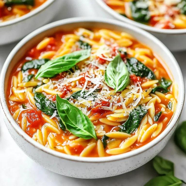 To make Creamy Tomato Spinach Orzo, you will need the following items: - 1 cup orzo pasta - 2 tablespoons olive oil - 4 cloves garlic, minced - 1 can (14 ounces) crushed tomatoes - 1 cup vegetable broth - 1 teaspoon dried basil - 1 teaspoon dried oregano - Salt and black pepper to taste - 2 cups fresh spinach, roughly chopped - ½ cup heavy cream or coconut cream for a dairy-free option - ¼ cup grated Parmesan cheese (optional, for garnish) - Fresh basil leaves, for garnish These ingredients come together to create a rich and creamy dish. The orzo serves as a great base, while the garlic and herbs add flavor. The crushed tomatoes and broth provide a lovely sauce. Fresh spinach adds color and nutrients. You can choose heavy cream for richness or coconut cream to keep it dairy-free. Parmesan cheese is optional but adds a nice touch. Finally, fresh basil leaves give a pop of flavor. Gather these items, and you will be all set to create this comforting meal. {{ingredient_image_2}} Start by boiling a large pot of salted water. Wait for it to reach a rolling boil. Add 1 cup of orzo pasta. Cook it according to the package instructions, which usually takes about 8 to 10 minutes. You want the orzo to be al dente. Once cooked, drain the orzo in a colander and set it aside. In the same pot, heat 2 tablespoons of olive oil over medium heat. Add 4 cloves of minced garlic. Sauté the garlic for 1 to 2 minutes until it becomes fragrant. Be cautious not to burn it, as burnt garlic can spoil the taste. Next, stir in a 14-ounce can of crushed tomatoes and 1 cup of vegetable broth. Sprinkle in 1 teaspoon each of dried basil and oregano. Season with salt and black pepper. Bring this mixture to a gentle simmer and cook for about 5 minutes. This allows the flavors to meld together nicely. Now, fold in 2 cups of roughly chopped fresh spinach. Cook for an additional 2 to 3 minutes until the spinach wilts and turns bright green. Lower the heat and stir in ½ cup of heavy cream or coconut cream for a dairy-free option. Let this warm through for about 2 minutes, ensuring everything is creamy. Finally, add the reserved cooked orzo to the creamy tomato-spinach sauce. Toss everything together well, making sure the orzo is fully coated. Taste and adjust the seasoning if needed. Seasoning is key to making this dish shine. It brings out the taste of each ingredient. I always start with a good pinch of salt and black pepper. Taste as you go. Fresh herbs can elevate the flavor even more. Consider adding fresh basil or parsley right before serving. It adds a bright touch and a pop of color. To prevent burnt garlic, keep an eye on the heat. Garlic cooks quickly, so stir it often. If it turns brown, it will taste bitter. For a creamy consistency, make sure to mix the cream in gently. Let it warm slowly for a smooth finish. If you want the sauce thicker, let it simmer a little longer. For a lovely presentation, serve the orzo in shallow bowls. Drizzle a bit of olive oil on top. It adds shine and flavor. Freshly cracked black pepper can give a nice kick. You can also squeeze a bit of lemon juice for brightness. Optionally, sprinkle some grated Parmesan cheese on top. Fresh basil leaves make a great garnish too. Pro Tips Perfect Pasta Cooking: Always cook orzo in salted water to enhance its flavor. This not only seasons the pasta but also prevents it from being bland. Fresh Herbs Boost: For an extra punch of flavor, use fresh basil instead of dried. Add it at the end of cooking to keep its vibrant taste and aroma. Vegan Cream Alternative: If you're looking for a dairy-free option, coconut cream is a great substitute. It adds a unique flavor and richness to the dish. Garnishing for Appeal: When serving, a drizzle of high-quality olive oil and a sprinkle of freshly cracked black pepper can elevate the dish’s presentation and flavor. {{image_4}} You can easily make this dish vegetarian or vegan. For a dairy-free option, swap heavy cream for coconut cream. This will keep the dish creamy without using any dairy. You can also use cashew cream or almond milk as alternatives. When it comes to cheese, skip the Parmesan or choose a vegan cheese. Nutritional yeast is another great choice. It adds a cheesy flavor without any animal products. If you want to add protein, chicken, shrimp, or tofu works well. For chicken, use cooked, diced pieces. Shrimp should be added to the pot after sautéing garlic. Cook until pink, then add your tomatoes. For tofu, use firm tofu, cut it into cubes, and sauté it until golden. When cooking protein with orzo, make sure to cook it separately first. This keeps the flavors distinct. Then, mix it in just before serving. Spices can add a fun twist to your dish. Try adding crushed red pepper flakes for heat. You can also use smoked paprika for a warm, smoky flavor. Fresh herbs, like parsley or dill, can brighten up the dish. Feel free to add different vegetables too. Bell peppers, zucchini, or mushrooms can all work well. Just sauté them along with the garlic for extra flavor. This makes your creamy tomato spinach orzo even more colorful and tasty! To store leftovers, wait until the dish cools. Place the creamy tomato spinach orzo in an airtight container. This method keeps the flavors fresh. You can store it in the fridge for up to three days. Make sure to label the container with the date. For freezing portions, let the dish cool completely. Divide it into serving sizes and place them in freezer-safe bags or containers. Remove as much air as possible to prevent freezer burn. The orzo can last in the freezer for up to three months. To thaw, move a portion from the freezer to the fridge. Let it sit overnight. You can also use the microwave for quicker thawing. When ready to serve, heat it on the stove or in the microwave until hot. Stir well to ensure even heating. If it seems dry, add a splash of vegetable broth or cream. Orzo is a small, rice-shaped pasta. It cooks quickly and has a soft, chewy texture. You can add orzo to soups, salads, or casseroles. It works great in creamy dishes like this one. Cook it in boiling water until it's al dente, which usually takes around 8 to 10 minutes. Yes, you can use other pasta types. Choose short pasta like ditalini or shells. You can also use penne or farfalle. Keep in mind that cooking times may vary, so check the package for details. To make more servings, simply double the ingredients. If you want to serve eight people, use two cups of orzo and double everything else. Be mindful of the cooking time; you may need a bit more time for the sauce to heat through. If you like spice, add red pepper flakes or diced jalapeños. You can also use spicy sausage or hot sauce. Start with a little, then taste as you go. Adjust the heat to your liking for the perfect kick! In this post, we explored the simple yet flavorful dish of orzo pasta. We covered key ingredients, from garlic to fresh herbs, and gave clear cooking steps. You learned tips to enhance taste and ways to add protein or make it vegan. Remember to store leftovers correctly so you can enjoy this meal later. Whether you follow the recipe as written or make your own tweaks, orzo pasta can be delicious and fun. Try it out in your kitchen and savor the result!