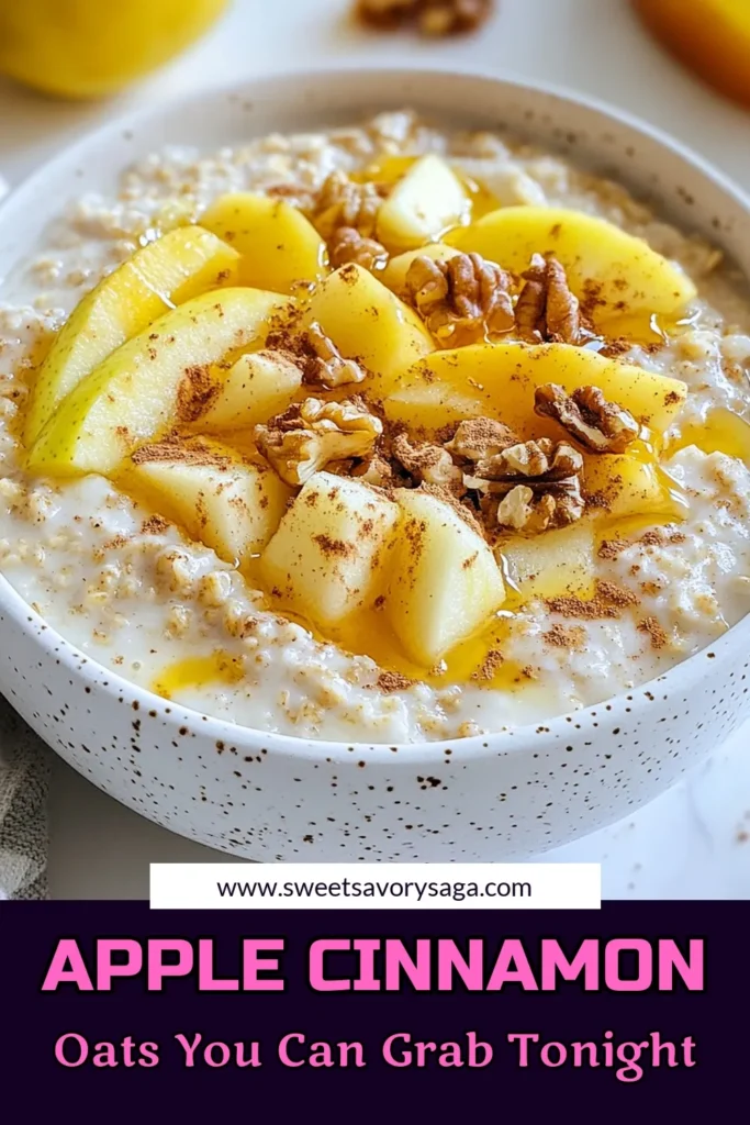 Start your day right with these delicious apple cinnamon overnight oats! Perfect for busy mornings, this healthy breakfast recipe combines rolled oats and almond milk oatmeal for a quick and easy no-cook oatmeal recipe. Just mix with grated apple, chia seeds, and a hint of honey for a delightful treat. Save time and enjoy a nutritious meal straight from the fridge. Try it today and elevate your breakfast routine! #OvernightOats #HealthyBreakfast #EasyRecipes #MealPrep