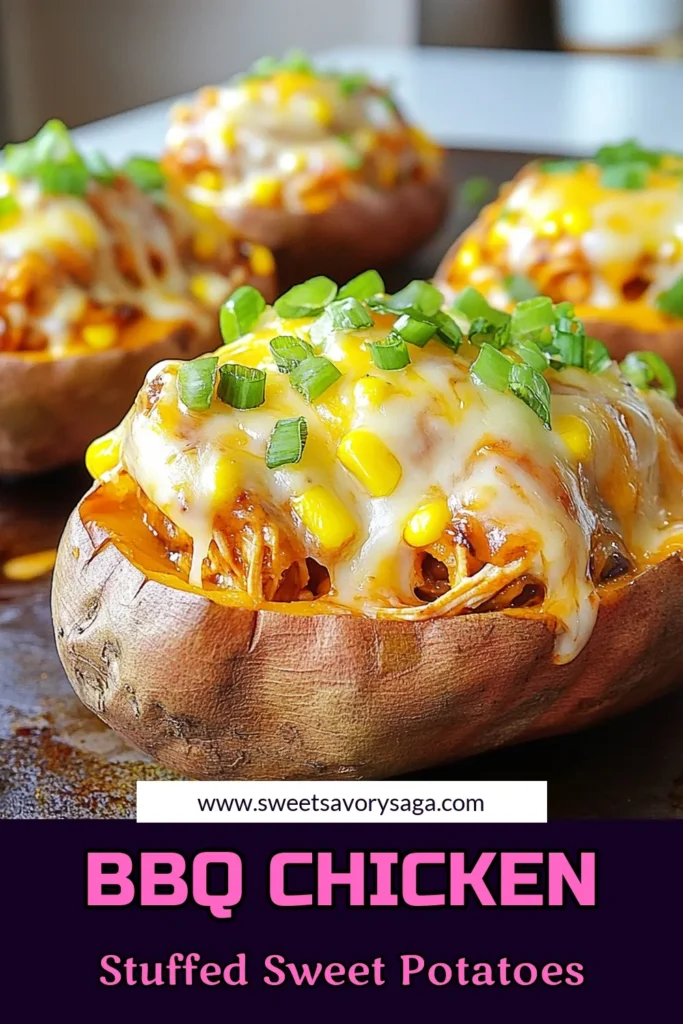 Looking for a delicious and healthy BBQ chicken dinner? Try these BBQ chicken stuffed sweet potatoes! This easy stuffed sweet potato recipe features tender sweet potatoes filled with shredded chicken, barbecue sauce, corn, black beans, and cheese. Top with your favorite ingredients for a tasty twist on sweet potato with barbecue sauce. Perfect for a quick weeknight meal! Save this recipe for a satisfying dinner. #BBQChickenSweetPotatoes #StuffedSweetPotatoRecipe #HealthyDinner #EasyStuffedSweetPotatoes