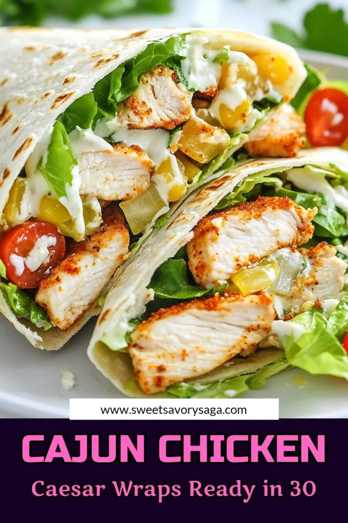Indulge in these delicious Cajun chicken wraps that combine spicy Cajun seasoning chicken with fresh flavors for a healthy chicken wrap. This easy chicken wrap recipe features tender chicken, crisp romaine, and creamy Caesar dressing, all wrapped in a tortilla. Perfect for lunch or dinner! Try these Caesar salad wraps today and elevate your mealtime. Save this recipe now! #CajunChickenWraps #HealthyChickenWraps #EasyChickenWrapRecipe #CaesarSaladWraps