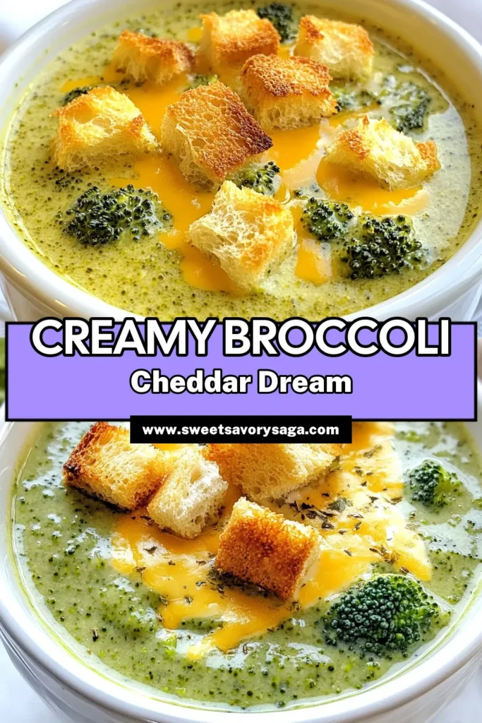 Discover the ultimate creamy broccoli cheddar soup that brings comfort and flavor to your table! This easy broccoli cheddar recipe is a delightful vegetarian broccoli soup perfect for any occasion. Ready in just 30 minutes, it’s rich and cheesy, topped with crunchy croutons for that perfect finish. Dive into this creamy soup and enjoy blissful bites in every spoonful! Save this recipe for your next meal! #BroccoliCheddarSoup #EasyCheeseSoup #VegetarianSoup #CreamySoup