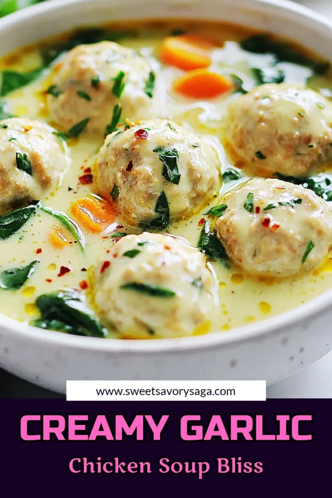 Indulge in this creamy garlic chicken soup that's a delightful twist on classic flavors! Our chicken meatball soup recipe is not only delicious but also easy to make, featuring garlic chicken meatballs swimming in a rich broth. With baby spinach and simple ingredients, this homemade chicken soup with spinach is perfect for cozy evenings. Save this easy creamy chicken soup recipe and enjoy a warm bowl of comfort today! #CreamyGarlicChickenSoup #ChickenMeatballSoup #EasyCreamyChickenSoup #GarlicChickenMeatballs