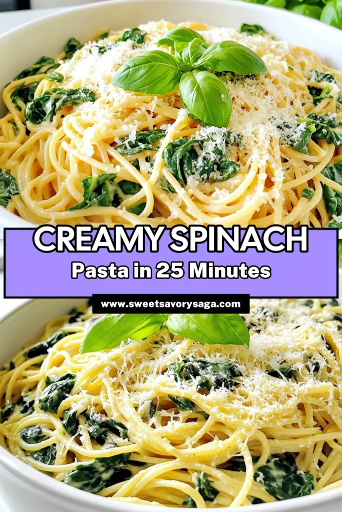 Indulge in the Creamy Garlic Spinach Pasta Delight, a quick and easy recipe perfect for any weeknight dinner! With fresh spinach, garlic, and creamy goodness, this dish combines simple ingredients for a burst of flavor. Ready in just 25 minutes, it’s a meal that’s both comforting and satisfying. Click through for the full recipe and tips to elevate your pasta game. #PastaRecipe #CreamyPasta #QuickDinner #HealthyEating