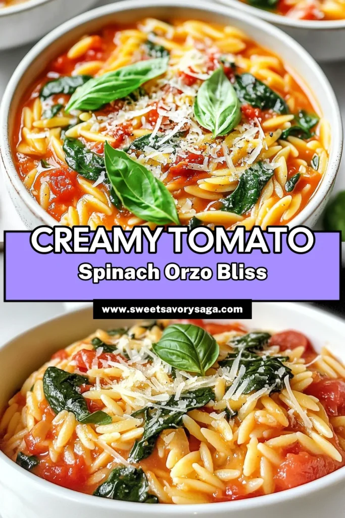 Discover how to make creamy tomato spinach orzo, a delightful vegetarian orzo dish that is as delicious as it is easy to prepare. This creamy pasta recipe combines tender orzo with fresh spinach and vibrant tomatoes, perfect for a quick weeknight meal. With just a few ingredients and 30 minutes, you can enjoy this flavorful dish. Save this recipe for your next dinner night! #CreamyTomatoSpinachOrzo #EasyOrzoRecipes #VegetarianOrzoDish #CreamyPastaRecipes