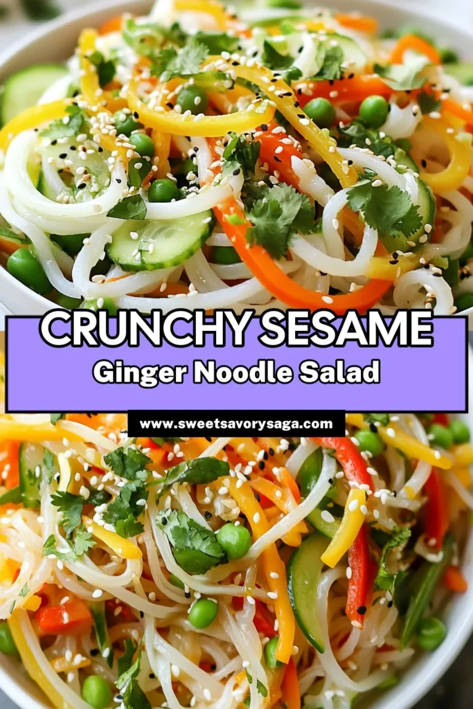 Try this delicious Sesame Ginger Noodle Salad for a fresh take on healthy eating! This Rice Noodle Salad Recipe is loaded with vibrant vegetables like carrots, cucumber, and bell pepper, making it a perfect Healthy Asian Salad. With a zesty dressing that’s vegan-friendly, this Vegan Noodle Salad is not just nutritious but also bursting with flavor. Quickly prepare this Fresh Vegetable Salad with Noodles for a delightful meal. Save this recipe and make it today! #HealthyRecipes #VeganSalad #NoodleSalad #AsianCuisine